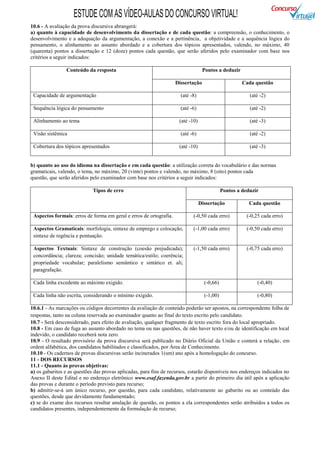 ESTUDE COM AS VÍDEO-AULAS DO CONCURSO VIRTUAL!
10.6 - A avaliação da prova discursiva abrangerá:
a) quanto à capacidade de desenvolvimento da dissertação e de cada questão: a compreensão, o conhecimento, o
desenvolvimento e a adequação da argumentação, a conexão e a pertinência, a objetividade e a sequência lógica do
pensamento, o alinhamento ao assunto abordado e a cobertura dos tópicos apresentados, valendo, no máximo, 40
(quarenta) pontos a dissertação e 12 (doze) pontos cada questão, que serão aferidos pelo examinador com base nos
critérios a seguir indicados:

                Conteúdo da resposta                                              Pontos a deduzir

                                                                    Dissertação                       Cada questão

 Capacidade de argumentação                                           (até -8)                           (até -2)

 Sequência lógica do pensamento                                       (até -6)                           (até -2)

 Alinhamento ao tema                                                 (até -10)                           (até -3)

 Visão sistêmica                                                      (até -6)                           (até -2)

 Cobertura dos tópicos apresentados                                  (até -10)                           (até -3)


b) quanto ao uso do idioma na dissertação e em cada questão: a utilização correta do vocabulário e das normas
gramaticais, valendo, o tema, no máximo, 20 (vinte) pontos e valendo, no máximo, 8 (oito) pontos cada
questão, que serão aferidos pelo examinador com base nos critérios a seguir indicados:

                             Tipos de erro                                                   Pontos a deduzir

                                                                                 Dissertação             Cada questão

 Aspectos formais: erros de forma em geral e erros de ortografia.           (-0,50 cada erro)           (-0,25 cada erro)

 Aspectos Gramaticais: morfologia, sintaxe de emprego e colocação,          (-1,00 cada erro)           (-0,50 cada erro)
 sintaxe de regência e pontuação.

 Aspectos Textuais: Sintaxe de construção (coesão prejudicada);             (-1,50 cada erro)           (-0,75 cada erro)
 concordância; clareza; concisão; unidade temática/estilo; coerência;
 propriedade vocabular; paralelismo semântico e sintático et. ali;
 paragrafação.

 Cada linha excedente ao máximo exigido.                                           (-0,66)                   (-0,40)

 Cada linha não escrita, considerando o mínimo exigido.                            (-1,00)                   (-0,80)

10.6.1 - As marcações ou códigos decorrentes da avaliação de conteúdo poderão ser apostos, na correspondente folha de
respostas, tanto na coluna reservada ao examinador quanto ao final do texto escrito pelo candidato.
10.7 - Será desconsiderado, para efeito de avaliação, qualquer fragmento de texto escrito fora do local apropriado.
10.8 - Em caso de fuga ao assunto abordado no tema ou nas questões, de não haver texto e/ou de identificação em local
indevido, o candidato receberá nota zero.
10.9 - O resultado provisório da prova discursiva será publicado no Diário Oficial da União e conterá a relação, em
ordem alfabética, dos candidatos habilitados e classificados, por Área de Conhecimento.
10.10 - Os cadernos de provas discursivas serão incinerados 1(um) ano após a homologação do concurso.
11 - DOS RECURSOS
11.1 - Quanto às provas objetivas:
a) os gabaritos e as questões das provas aplicadas, para fins de recursos, estarão disponíveis nos endereços indicados no
Anexo II deste Edital e no endereço eletrônico www.esaf.fazenda.gov.br a partir do primeiro dia útil após a aplicação
das provas e durante o período previsto para recurso;
b) admitir-se-á um único recurso, por questão, para cada candidato, relativamente ao gabarito ou ao conteúdo das
questões, desde que devidamente fundamentado;
c) se do exame dos recursos resultar anulação de questão, os pontos a ela correspondentes serão atribuídos a todos os
candidatos presentes, independentemente da formulação de recurso;
 