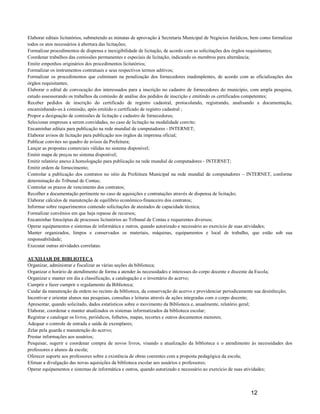 Elaborar editais licitatórios, submetendo as minutas de aprovação à Secretaria Municipal de Negócios Jurídicos, bem como formalizar
todos os atos necessários à abertura das licitações;
Formalizar procedimentos de dispensa e inexigibilidade de licitação, de acordo com as solicitações dos órgãos requisitantes;
Coordenar trabalhos das comissões permanentes e especiais de licitação, indicando os membros para alternância;
Emitir empenhos originários dos procedimentos licitatórios;
Formalizar os instrumentos contratuais e seus respectivos termos aditivos;
Formalizar os procedimentos que culminam na penalização dos fornecedores inadimplentes, de acordo com as oficializações dos
órgãos requisitantes;
Elaborar o edital de convocação dos interessados para a inscrição no cadastro de fornecedores do município, com ampla pesquisa,
estudo assessorando os trabalhos da comissão de análise dos pedidos de inscrição e emitindo os certificados competentes;
Receber pedidos de inscrição do certificado de registro cadastral, protocolando, registrando, analisando a documentação,
encaminhando-os à comissão, após emitido o certificado de registro cadastral ;
Propor a designação de comissões de licitação e cadastro de fornecedores;
Selecionar empresas a serem convidadas, no caso de licitação na modalidade convite;
Encaminhar editais para publicação na rede mundial de computadores - INTERNET;
Elaborar avisos de licitação para publicação nos órgãos da imprensa oficial;
Publicar convites no quadro de avisos da Prefeitura;
Lançar as propostas comerciais válidas no sistema disponível;
Emitir mapa de preços no sistema disponível;
Emitir relatório anexo à homologação para publicação na rede mundial de computadores - INTERNET;
Emitir ordem de fornecimento;
Controlar a publicação dos contratos no sitio da Prefeitura Municipal na rede mundial de computadores – INTERNET, conforme
determinação do Tribunal de Contas;
Controlar os prazos de vencimento dos contratos;
Recolher a documentação pertinente no caso de aquisições e contratações através de dispensa de licitação;
Elaborar cálculos de manutenção de equilíbrio econômico-financeiro dos contratos;
Informar sobre requerimentos contendo solicitações de atestados de capacidade técnica;
Formalizar convênios em que haja repasse de recursos;
Encaminhar fotocópias de processos licitatórios ao Tribunal de Contas e requerentes diversos;
Operar equipamentos e sistemas de informática e outros, quando autorizado e necessário ao exercício de suas atividades;
Manter organizados, limpos e conservados os materiais, máquinas, equipamentos e local de trabalho, que estão sob sua
responsabilidade;
Executar outras atividades correlatas.

AUXILIAR DE BIBLIOTECA
Organizar, administrar e fiscalizar as várias seções da biblioteca;
Organizar o horário de atendimento de forma a atender às necessidades e interesses do corpo docente e discente da Escola;
Organizar e manter em dia a classificação, a catalogação e o inventário do acervo;
Cumprir e fazer cumprir o regulamento da Biblioteca;
Cuidar da manutenção da ordem no recinto da biblioteca, da conservação do acervo e providenciar periodicamente sua desinfecção;
Incentivar e orientar alunos nas pesquisas, consultas e leituras através de ações integradas com o corpo docente;
Apresentar, quando solicitado, dados estatísticos sobre o movimento da Biblioteca e, anualmente, relatório geral;
Elaborar, coordenar e manter atualizados os sistemas informatizados da biblioteca escolar;
Registrar e catalogar os livros, periódicos, folhetos, mapas, recortes e outros documentos menores;
Adequar o controle de entrada e saída de exemplares;
Zelar pela guarda e manutenção do acervo;
Prestar informações aos usuários;
Pesquisar, sugerir e coordenar compra de novos livros, visando a atualização da biblioteca e o atendimento às necessidades dos
professores e alunos da escola;
Oferecer suporte aos professores sobre a existência de obras coerentes com a proposta pedagógica da escola;
Efetuar a divulgação das novas aquisições da biblioteca escolar aos usuários e professores;
Operar equipamentos e sistemas de informática e outros, quando autorizado e necessário ao exercício de suas atividades;



                                                                                                              12
 