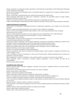 Solicitar a reposição ou cancelamento de gêneros alimentícios com 02 (dois) dias de antecedência ao Setor Municipal de Alimentação
Escolar, quando houver necessidade;
Informar ao Setor Municipal de Alimentação Escolar, em formulário específico, a contagem física de estoque na Unidade escolar nos
dias 10 e 30 de cada mês;
Manter a cozinha limpa e organizada durante todo o período de funcionamento da Unidade escolar;
Realizar preparações diferenciadas do cardápio para o atendimento a educandos com necessidades especiais. Exemplo: diabetes,
hipertensão, fenilcetonuria, doença celíaca.
Cuidar do asseio pessoal conforme as normas de higiene vigentes para os manipuladores de alimentos;
Contatar o Setor Municipal de Alimentação Escolar para orientação em quaisquer situações que provoquem alteração da rotina diária.

CIRURGIÃO DENTISTA (20 HORAS)
Praticar todos os atos pertinentes à odontologia decorrentes de conhecimentos adquiridos em curso regular ou em cursos de pós-
graduação;
Prescrever e aplicar especialidades farmacêuticas de uso interno e externo, indicadas em odontologia;
Atestar, no setor de sua atividade profissional, estados mórbidos e outros, inclusive para justificação de falta ao emprego;
Aplicar anestesia local e troncular;
Prescrever e aplicar medicação de urgência no caso de acidentes graves que comprometam a vida e a saúde do paciente;
Supervisionar os trabalhos realizados pelo auxiliar odontológico e o técnico em higiene dental;
Elaborar relatórios diários e mensais;
Controlar pedidos e estoques de materiais permanentes e de consumo odontológico;
Controlar informações pertinentes à sua atividade;
Supervisionar e ajudar na organização, controle, limpeza, lubrificação, esterilização de instrumentais, equipamentos, materiais e local
de trabalho, conforme rotina odontológica da gerência de odontologia da autarquia municipal de saúde;
Responder e coordenar a administração da clínica, propiciando um bom desenvolvimento das atividades;
Supervisionar estagiários (alunos) dos cursos de odontologia, auxiliar odontológico e técnico em higiene dental;
Realizar treinamento na área de atuação, quando solicitado;
Participar e/ou coordenar levantamentos e estudos epidemiológicos;
Propor e/ou participar de ações, dentro dos princípios da odontologia integral, visando a proteção e recuperação do indivíduo no seu
contexto biológico e social;
Atuar, na qualidade de instrutor de treinamentos e outros eventos de igual natureza, mediante participação prévia em processo de
qualificação e autorização superior;
Operar equipamentos e sistemas de informática e outros, quando autorizado e necessário ao exercício de suas atividades;
Manter organizados, limpos e conservados os materiais, máquinas, equipamentos e local de trabalho, que estão sob sua
responsabilidade;
Executar outras atividades correlatas.

ELETRICISTA DE VEÍCULOS
Executar, consertos, montar e desmontar, regulagens, conservação, troca de peças e componentes elétricos de veículos movidos a
diesel, gasolina ou álcool;
Executar serviços de manutenção elétrica corretiva e preventiva em veículos e máquinas;
Realizar exames técnicos e testes elétricos;
Realizar a conservação de instalações eletromecânicas;
Utilizar instrumentos de medição, desenhos e esquemas para efetuar reparos e instalações;
Montar e/ou recuperar motores, painéis, peças e instalações, calculando a distribuição de força, resistência, etc.;
Verificar as condições de segurança, estado de conservação e funcionamento dos componentes elétricos;
Testar o funcionamento, diagnosticar problemas simples e corrigir desfeitos em sistemas elétricos de veículos da Prefeitura Municipal
ou a seu serviço;
Requisitar materiais e ferragens, recebê-los, conferí-los e conservá-los;
Zelar pela limpeza e conservação dos equipamentos, bem como do local de trabalho adotando os procedimentos necessários à higiene
e segurança;
Preencher relatórios, fichas ou formulários referentes ao controle de sua atividade;
Orientar e supervisionar o trabalho de auxiliares;
Orientar, treinar e informar outros profissionais e usuários;


                                                                                                                 14
 