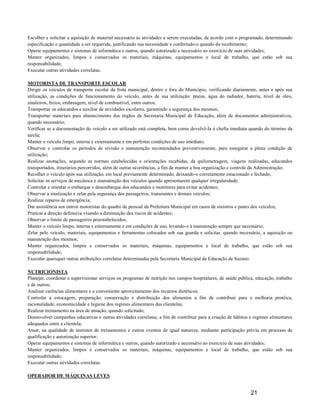 Escolher e solicitar a aquisição de material necessário às atividades a serem executadas, de acordo com o programado, determinando
especificação e quantidade a ser requerida, justificando sua necessidade e conferindo-o quando do recebimento;
Operar equipamentos e sistemas de informática e outros, quando autorizado e necessário ao exercício de suas atividades;
Manter organizados, limpos e conservados os materiais, máquinas, equipamentos e local de trabalho, que estão sob sua
responsabilidade;
Executar outras atividades correlatas.

MOTORISTA DE TRANSPORTE ESCOLAR
Dirigir os veículos de transporte escolar da frota municipal, dentro e fora do Município, verificando diariamente, antes e após sua
utilização, as condições de funcionamento do veículo, antes de sua utilização: pneus, água do radiador, bateria, nível de óleo,
sinaleiros, freios, embreagem, nível de combustível, entre outros;
Transportar os educandos e auxiliar de atividades escolares, garantindo a segurança dos mesmos;
Transportar materiais para abastecimento dos órgãos da Secretaria Municipal de Educação, além de documentos administrativos,
quando necessário;
Verificar se a documentação do veículo a ser utilizado está completa, bem como devolvê-la à chefia imediata quando do término da
tarefa;
Manter o veículo limpo, interna e externamente e em perfeitas condições de uso imediato;
Observar e controlar os períodos de revisão e manutenção recomendados preventivamente, para assegurar a plena condição de
utilização;
Realizar anotações, segundo as normas estabelecidas e orientações recebidas, da quilometragem, viagens realizadas, educandos
transportados, itinerários percorridos, além de outras ocorrências, a fim de manter a boa organização e controle da Administração;
Recolher o veículo após sua utilização, em local previamente determinado, deixando-o corretamente estacionado e fechado;
Solicitar os serviços de mecânica e manutenção dos veículos quando apresentarem qualquer irregularidade;
Controlar e orientar o embarque e desembarque dos educandos e monitores para evitar acidentes;
Observar a sinalização e zelar pela segurança dos passageiros, transeuntes e demais veículos;
Realizar reparos de emergência;
Dar assistência aos outros motoristas do quadro de pessoal da Prefeitura Municipal em casos de sinistros e panes dos veículos;
Praticar a direção defensiva visando a diminuição dos riscos de acidentes;
Observar o limite de passageiros preestabelecidos;
Manter o veículo limpo, interna e externamente e em condições de uso, levando-o à manutenção sempre que necessário;
Zelar pelo veiculo, materiais, equipamentos e ferramentas colocados sob sua guarda e solicitar, quando necessário, a aquisição ou
manutenção dos mesmos;
Manter organizados, limpos e conservados os materiais, máquinas, equipamentos e local de trabalho, que estão sob sua
responsabilidade;
Executar quaisquer outras atribuições correlatas determinadas pela Secretaria Municipal de Educação de Suzano.

NUTRICIONISTA
Planejar, coordenar e supervisionar serviços ou programas de nutrição nos campos hospitalares, de saúde pública, educação, trabalho
e de outros;
Analisar carências alimentares e o conveniente aproveitamento dos recursos dietéticos;
Controlar a estocagem, preparação, conservação e distribuição dos alimentos a fim de contribuir para a melhoria protéica,
racionalidade, economicidade e higiene dos regimes alimentares das clientelas;
Realizar treinamento na área de atuação, quando solicitado;
Desenvolver campanhas educativas e outras atividades correlatas, a fim de contribuir para a criação de hábitos e regimes alimentares
adequados entre a clientela;
Atuar, na qualidade de instrutor de treinamentos e outros eventos de igual natureza, mediante participação prévia em processo de
qualificação e autorização superior;
Operar equipamentos e sistemas de informática e outros, quando autorizado e necessário ao exercício de suas atividades;
Manter organizados, limpos e conservados os materiais, máquinas, equipamentos e local de trabalho, que estão sob sua
responsabilidade;
Executar outras atividades correlatas.

OPERADOR DE MÁQUINAS LEVES


                                                                                                               21
 