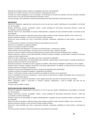 Participar das atividades culturais, educativas e pedagógicas da escola e da comunidade;
Participar do Conselho de Escola ou de outras instituições/ organizações da escola;
Participar das reuniões pedagógicas, ciclos de formação e de atualização, de encontros de educação, cursos de formação continuada
oferecidos pela escola, pela Secretaria Municipal de Educação e outros;
Executar quaisquer outras atribuições correlatas determinadas pela Secretaria Municipal de Educação de Suzano.

PSICÓLOGO
Desenvolver diagnóstico organizacional e psicossocial no setor em que atua visando a identificação de necessidades e da clientela
alvo de sua atuação;
Planejar, desenvolver, executar, acompanhar, validar e avaliar estratégias de intervenções psicossociais diversas, a partir das
necessidades e clientelas identificadas;
Participar, dentro de sua especialidade, de equipes multidisciplinares e programas de ação comunitária visando a construção de uma
ação integrada;
Desenvolver ações de pesquisas e aplicações práticas da psicologia no âmbito da saúde, educação, trabalho, social e outras áreas;
Realizar treinamento, palestras e cursos na área de atuação, quando solicitado;
Desenvolver outras atividades que visem a preservação, promoção, recuperação, reabilitação da saúde mental e valorização do
homem;
Assessorar, prestar consultoria, e dar pareceres dentro de uma perspectiva psicossocial;
Desenvolver e acompanhar as equipes de trabalho;
Intervir em situações de conflitos no trabalho;
Orientar e aconselhar individualmente os servidores em assuntos pessoais e voltados para o trabalho;
Aplicar métodos e técnicas psicológicas, como testes, provas, entrevistas, jogos e dinâmicas de grupo;
Assessorar e prestar consultoria interna para facilitar processos de grupo e desenvolvimento de lideranças para o trabalho;
Planejar, desenvolver, análisar e avaliar ações destinadas a facilitar as relações de trabalho, a produtividade, a satisfação de indivíduos
e grupos no âmbito organizacional;
Desenvolver ações voltadas para a criatividade, auto-estima e motivação do trabalhador;
Atuar em equipe multidisciplinar e/ou interdisciplinar para elaboração, implementação, desenvolvimento e avaliação de programas e
políticas de desenvolvimento de recursos humanos;
Participar de programas e atividades de saúde e segurança no trabalho, saúde mental do trabalhador e qualidade de vida no trabalho;
Realizar estudos e pesquisas científicas relacionados à psicologia organizacional e do trabalho, ao desenvolvimento de políticas de
retenção de pessoal, à avaliação de desempenho;
Participar em processos de desligamento de pessoal e programas de preparação para aposentadoria;
Colaborar em projetos de ergonomia (máquinas e equipamentos de trabalho);
Elaborar e emitir laudos, atestados e pareceres mediante necessidade do indivíduo e/ou da organização;
Atuar, na qualidade de instrutor de treinamentos e outros eventos de igual natureza, mediante participação prévia em processo de
qualificação e autorização superior;
Operar equipamentos e sistemas de informática e outros, quando autorizado e necessário ao exercício de suas atividades;
Manter organizados, limpos e conservados os materiais, máquinas, equipamentos e local de trabalho, que estão sob sua
responsabilidade;
Executar outras atividades correlatas.

PSICÓLOGO DE RECURSOS HUMANOS
Desenvolver diagnóstico organizacional e psicossocial no setor em que atua visando a identificação de necessidades e da clientela
alvo de sua atuação;
Planejar, desenvolver, executar, acompanhar, validar e avaliar estratégias de intervenções psicossociais diversas, a partir das
necessidades e clientelas identificadas;
Participar, dentro de sua especialidade, de equipes multidisciplinares e programas de ação comunitária visando a construção de uma
ação integrada;
Desenvolver ações de pesquisas e aplicações práticas da psicologia no âmbito da saúde, educação, trabalho, social e outras áreas;
Realizar treinamento, palestras e cursos na área de atuação, quando solicitado;
Desenvolver outras atividades que visem a preservação, promoção, recuperação, reabilitação da saúde mental e valorização do
homem;
Assessorar, prestar consultoria, e dar pareceres dentro de uma perspectiva psicossocial;


                                                                                                                     24
 