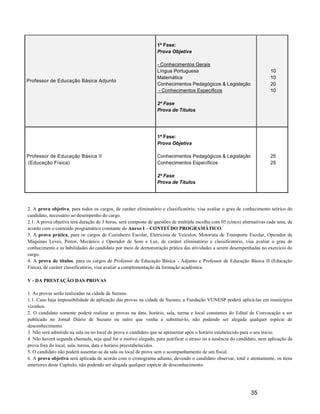 1ª Fase:
                                                                 Prova Objetiva

                                                                 - Conhecimentos Gerais
                                                                 Língua Portuguesa                                        10
                                                                 Matemática                                               10
Professor de Educação Básica Adjunto
                                                                 Conhecimentos Pedagógicos & Legislação                   20
                                                                  - Conhecimentos Específicos                             10

                                                                 2ª Fase
                                                                 Prova de Títulos




                                                                 1ª Fase:
                                                                 Prova Objetiva

Professor de Educação Básica II                                  Conhecimentos Pedagógicos & Legislação                   25
(Educação Física)                                                Conhecimentos Específicos                                25

                                                                 2ª Fase
                                                                 Prova de Títulos




2. A prova objetiva, para todos os cargos, de caráter eliminatório e classificatório, visa avaliar o grau de conhecimento teórico do
candidato, necessário ao desempenho do cargo.
2.1. A prova objetiva terá duração de 3 horas, será composta de questões de múltipla escolha com 05 (cinco) alternativas cada uma, de
acordo com o conteúdo programático constante do Anexo I – CONTEÚDO PROGRAMÁTICO.
3. A prova prática, para os cargos de Cozinheiro Escolar, Eletricista de Veículos, Motorista de Transporte Escolar, Operador de
Máquinas Leves, Pintor, Mecânico e Operador de Som e Luz, de caráter eliminatório e classificatório, visa avaliar o grau de
conhecimento e as habilidades do candidato por meio de demonstração prática das atividades a serem desempenhadas no exercício do
cargo.
4. A prova de títulos, para os cargos de Professor de Educação Básica - Adjunto e Professor de Educação Básica II (Educação
Física), de caráter classificatório, visa avaliar a complementação da formação acadêmica.

V - DA PRESTAÇÃO DAS PROVAS

1. As provas serão realizadas na cidade de Suzano.
1.1. Caso haja impossibilidade de aplicação das provas na cidade de Suzano, a Fundação VUNESP poderá aplicá-las em municípios
vizinhos.
2. O candidato somente poderá realizar as provas na data, horário, sala, turma e local constantes do Edital de Convocação a ser
publicado no Jornal Diário de Suzano ou outro que venha a substituí-lo, não podendo ser alegada qualquer espécie de
desconhecimento.
3. Não será admitido na sala ou no local de prova o candidato que se apresentar após o horário estabelecido para o seu início.
4. Não haverá segunda chamada, seja qual for o motivo alegado, para justificar o atraso ou a ausência do candidato, nem aplicação da
prova fora do local, sala, turma, data e horário preestabelecidos.
5. O candidato não poderá ausentar-se da sala ou local de prova sem o acompanhamento de um fiscal.
6. A prova objetiva será aplicada de acordo com o cronograma adiante, devendo o candidato observar, total e atentamente, os itens
anteriores deste Capítulo, não podendo ser alegada qualquer espécie de desconhecimento.




                                                                                                                35
 
