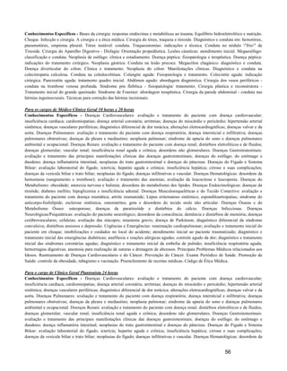 Conhecimentos Específicos - Bases da cirurgia: respostas endócrinas e metabólicas ao trauma. Equilíbrio hidroeletrolítico e nutrição.
Choque. Infecção e cirurgia. A cirurgia e a ética médica. Cirurgia do tórax, traqueia e tireoide. Diagnóstico e conduta em: hemotórax,
pneumotórax, empiema pleural. Tórax instável: conduta. Traqueostomias: indicações e técnica. Conduta no nódulo "frio" de
Tireoide. Cirurgia do Aparelho Digestivo - Disfagia: Orientação propedêutica. Lesões cáusticas: atendimento inicial. Megaesôfago:
classificação e conduta. Neoplasia de esôfago: clínica e estadiamento. Doença péptica: fisiopatologia e terapêutica. Doença péptica:
indicações do tratamento cirúrgico. Neoplasia gástrica: Conduta na lesão precoce. Megacólon chagásico: diagnóstico e conduta.
Doença diverticular do cólon: Clínica e tratamento. Neoplasia do cólon: Manifestações clínicas. Diagnóstico e conduta na
colecistopatia calculosa. Conduta na coledocolitíase. Colangite aguda: Fisiopatologia e tratamento. Colecistite aguda: indicação
cirúrgica. Pancreatite aguda: tratamento quadro inicial. Abdômen agudo: abordagem diagnóstica. Cirurgia dos vasos periféricos -
conduta na trombose venosa profunda. Síndrome pós flebítica - fisiopatologia/ tratamento. Cirurgia plástica e reconstrutora -
Tratamento inicial do grande queimado. Síndrome de Fournier: abordagem terapêutica. Cirurgia da parede abdominal - conduta nas
hérnias inguinocrurais. Técnicas para correção das hérnias incisionais.

Para os cargos de Médico Clínico Geral 10 horas e 20 horas
Conhecimentos Específicos - Doenças Cardiovasculares: avaliação e tratamento do paciente com doença cardiovascular;
insuficiência cardíaca; cardiomiopatias; doença arterial coronária; arritmias; doenças do miocárdio e pericárdio; hipertensão arterial
sistêmica; doenças vasculares periféricas; diagnóstico diferencial de dor torácica; alterações eletrocardiográficas; doenças valvar e da
aorta. Doenças Pulmonares: avaliação e tratamento do paciente com doença respiratória; doença intersticial e infiltrativa; doenças
pulmonares obstrutivas; doenças da pleura e mediastino; neoplasia pulmonar; síndrome da apneia do sono e doenças pulmonares
ambiental e ocupacional. Doenças Renais: avaliação e tratamento do paciente com doença renal; distúrbios eletrolíticos e de fluidos;
doenças glomerular; vascular renal; insuficiência renal aguda e crônica; desordens não glomerulares. Doenças Gastroinstestinais:
avaliação e tratamento das principais manifestações clínicas das doenças gastrointestinais; doenças do esôfago; do estômago e
duodeno; doença inflamatória intestinal; neoplasias do trato gastrointestinal e doenças do pâncreas. Doenças do Fígado e Sistema
Bilear: avaliação laboratorial do fígado; icterícia; hepatite aguda e crônica; insuficiência hepática; cirrose e suas complicações;
doenças da vesícula biliar e trato biliar; neoplasias do fígado; doenças infiltrativas e vascular. Doenças Hematológicas: desordens da
hemostasia (sangramento e trombose); avaliação e tratamento das anemias; avaliação da leucocitose e leucopenia. Doenças do
Metabolismo: obesidade; anorexia nervosa e bulimia; desordens do metabolismo dos lípides. Doenças Endocrinológicas: doenças da
tireóide; diabetes mellito; hipoglicemia e insuficiência adrenal. Doenças Musculoesqueléticas e do Tecido Conectivo: avaliação e
tratamento do paciente com doença reumática; artrite reumatoide; Lúpus eritematoso sistêmico; espondiloartropatias; síndrome do
anticorpo-fosfolípide; esclerose sistêmica; osteoratrites; gota e desordens do tecido mole não articular. Doenças Ósseas e do
Metabolismo Ósseo: osteoporose; doenças da paratireóide e distúrbios do cálcio. Doenças Infecciosas. Doenças
Neurológicas/Psiquiátricas: avaliação do paciente neurológico; desordens da consciência; demência e distúrbios de memória; doenças
cerébrovasculares; cefaleias; avaliação das síncopes; miastenia gravis; doença de Parkinson; diagnóstico diferencial da síndrome
convulsiva; distúrbios ansiosos e depressão. Urgências e Emergências: reanimação cardiopulmonar; avaliação e tratamento inicial do
paciente em choque; imobilizações e cuidados no local do acidente; atendimento inicial ao paciente traumatizado; diagnóstico e
tratamento inicial das emergências diabéticas; anafilaxia e reações alérgicas agudas; controle agudo da dor; diagnóstico e tratamento
inicial das síndromes coronárias agudas; diagnóstico e tratamento inicial da embolia de pulmão; insuficiência respiratória aguda;
hemorragias digestivas; anestesia para realização de suturas e drenagem de abcessos. Principais Problemas Médicos relacionados aos
Idosos. Rastreamento de Doenças Cardiovasculares e do Câncer. Prevenção do Câncer. Exame Periódico de Saúde. Promoção da
Saúde: controle da obesidade, tabagismo e vacinação. Preenchimento de receitas médicas. Código de Ética Médica.

Para o cargo de Clínico Geral Plantonista 24 horas
Conhecimentos Específicos - Doenças Cardiovasculares: avaliação e tratamento do paciente com doença cardiovascular;
insuficiência cardíaca; cardiomiopatias; doença arterial coronária; arritmias; doenças do miocárdio e pericárdio; hipertensão arterial
sistêmica; doenças vasculares periféricas; diagnóstico diferencial de dor torácica; alterações eletrocardiográficas; doenças valvar e da
aorta. Doenças Pulmonares: avaliação e tratamento do paciente com doença respiratória; doença intersticial e infiltrativa; doenças
pulmonares obstrutivas; doenças da pleura e mediastino; neoplasia pulmonar; síndrome da apneia do sono e doenças pulmonares
ambiental e ocupacional. Doenças Renais: avaliação e tratamento do paciente com doença renal; distúrbios eletrolíticos e de fluidos;
doenças glomerular; vascular renal; insuficiência renal aguda e crônica; desordens não glomerulares. Doenças Gastroinstestinais:
avaliação e tratamento das principais manifestações clínicas das doenças gastrointestinais; doenças do esôfago; do estômago e
duodeno; doença inflamatória intestinal; neoplasias do trato gastrointestinal e doenças do pâncreas. Doenças do Fígado e Sistema
Bilear: avaliação laboratorial do fígado; icterícia; hepatite aguda e crônica; insuficiência hepática; cirrose e suas complicações;
doenças da vesícula biliar e trato biliar; neoplasias do fígado; doenças infiltrativas e vascular. Doenças Hematológicas: desordens da


                                                                                                                  56
 