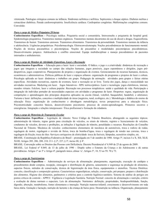vitimizada. Patologias cirúrgicas comuns na infância. Síndromes nefrótica e nefrítica. Septicemia e choque séptico. Diabetes melitus e
cetoacidose diabética. Parada cardiorrespiratória. Insuficiência cardíaca. Cardiopatias congênitas. Malformações congênitas comuns.
Convulsão.

Para o cargo de Médico Psiquiatra 20 horas
Conhecimentos Específicos - Psicologia médica. Psiquiatria social e comunitária. Interconsulta e psiquiatria de hospital geral.
Epidemiologia psiquiátrica. Transtornos mentais orgânicos. Transtornos mentais decorrentes do uso de álcool e drogas. Esquizofrenia.
Transtornos do humor. Transtornos ansiosos. Transtornos alimentares. Transtornos da personalidade. Transtornos mentais da infância
e adolescência. Urgências psiquiátricas. Psicofarmacologia. Eletroconvulsoterapia. Noções psicodinâmicas de funcionamento mental.
Noções de técnica psicanalítica e psicoterápicas. Noções de psicanálise e modalidades psicoterápicas psicodinâmicas.
Desenvolvimento psíquico. Adolescência e conflito emocional. Equipe multidisciplinar e manejo psicodinâmico de pacientes
internados e ambulatoriais.

Para o cargo de Monitor de Atividades Esportivas, Lazer e Recreação
Conhecimentos Específicos - Educação para o lazer: lazer e sociedade. O lúdico, o jogo e a criatividade: dinâmicas de recreação e
jogos que integram a sociedade no campo das relações humanas, jogos possíveis, jogos espontâneos e dirigidos, jogos pré-
desportivos, jogos cooperativos. Planejamento de projetos e organização de eventos. Gerenciamento de recursos humanos, técnicos,
econômicos e administrativos. Políticas públicas de lazer e espaços urbanos: organização de programas e projetos de lazer e cultura.
Psicologia aplicada ao lazer: dinâmicas e trabalhos em grupo. Pedagogia da animação: atividades para grupos e faixas etárias
especificas. Atividades recreativas, esporte de aventura, lazer e recreação ao ar livre. Teoria dos jogos, dança e musicalidade nas
atividades recreativas. Marketing em lazer. Jogos Interativos - RPG teórico/prático. Lazer e tecnologia: jogos eletrônicos, internet,
mundos virtuais. Folclore, lazer e cultura popular. Recreação nos processos terapêuticos: saúde e qualidade de vida. Participação e
integração do individuo portador de necessidades especiais em atividades e programas de lazer. Desportos: regras, organização de
competições e aprendizagem dos principais desportos aplicados na escola (futsal, voleibol, basquetebol, handebol, e atletismo).
Turismo e lazer: definições, conceitos e multiplicidade de áreas (negócios, rural, ecológico, etc.). Metodologia e didática do ensino de
educação física: organização do conhecimento e abordagem metodológica; novas perspectivas para a educação física.
Psicomotricidade: conceitos básicos, desenvolvimento psicomotor, processo de ensino-aprendizagem. Primeiros socorros e
emergências. Integração e relações interpessoais / Ética profissional e formação da cidadania.

Para o cargo de Motorista de Transporte Escolar
Conhecimentos Específicos - Legislação de trânsito: Novo Código de Trânsito Brasileiro, abrangendo os seguintes tópicos:
administração de trânsito, regras gerais para circulação de veículos, os sinais de trânsito, registro e licenciamento de veículos,
condutores de veículos, deveres e proibições, as infrações à legislação de trânsito, penalidades e recursos. Resoluções do Conselho
Nacional de Trânsito. Mecânica de veículos: conhecimentos elementares de mecânica de automóveis, troca e rodízio de rodas;
regulagem de motor, regulagem e revisão de freios, troca de bomba-d’água, troca e regulagem de tensão nas correias, troca e
regulagem da fricção, troca de óleo. Serviços corriqueiros de eletricidade: troca de fusíveis, lâmpadas, acessórios simples, etc.
BRASIL. Constituição da República Federativa do Brasil – promulgada em 5 de outubro de 1988. Artigo 5º, incisos I a X, XII, XLII,
XLIII; Artigos 205, 206, 208, 210, 211- § 2º, 227, § 3º, inciso III, § 4º.
BRASIL. Convenção sobre os Direitos das Pessoas com Deficiência. Decreto Presidencial nº 6.949 de 25 de agosto de 2009.
BRASIL. Lei Federal nº 8.069, de 13 de julho de 1990 – Dispõe sobre o Estatuto da Criança e do Adolescente e dá outras
providências. Artigos 1º ao 3º e Artigo 4º, parágrafo único, alínea ‘a’; Artigos 5º, 18, 53 ao 59, 70 e 73.

Para o cargo de Nutricionista
Conhecimentos Específicos - Administração de serviços de alimentação: planejamento, organização, execução de cardápio e
procedimentos desde compras, recepção, estocagem e distribuição de gêneros, saneamento e segurança na produção de alimentos,
aspectos físicos, métodos de conservação, técnica de higienização da área física, equipamentos e utensílios. Técnica Dietética:
conceito, classificação e composição química. Características organolípticas, seleção, conservação, pré-preparo, preparo e distribuição
dos alimentos. Higiene dos alimentos, parâmetros e critérios para o controle higiênico-sanitário. Sistema de análise de perigos em
pontos críticos de controle - APPCC. Vigilância e Legislação Sanitária. Nutrição Normal: conceito de alimentação e nutrição, critério
e avaliação de dietas normais e especiais, Leis da alimentação. Nutrientes: definição, propriedades, biodisponibilidade, função,
digestão, absorção, metabolismo, fontes alimentares e interação. Nutrição materno-infantil; crescimento e desenvolvimento em toda
faixa etária. Gestação e lactação, nutrição do lactente e da criança de baixo peso. Desnutrição na infância. Organização, planejamento



                                                                                                                  58
 