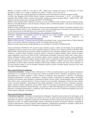 BRASIL. Lei Federal nº 8.069, de 13 de julho de 1990 – Dispõe sobre o Estatuto da Criança e do Adolescente e dá outras
providências. Artigos 1º ao 3º e Artigo 4º, parágrafo único, alínea ‘a’; Artigos 5º, 18, 53 ao 59, 70 e 73.
BRASIL. Convenção sobre os Direitos das Pessoas com Deficiência. Decreto Presidencial nº 6.949 de 25 de agosto de 2009.
CASTRO, Jane Margareth; REGATTIERI, Marilza. Relações Contemporâneas Escola-Família. P. 28-32. In CASTRO, Jane
Margareth; REGATTIERI, Marilza,. Interação escola-família: subsídios para práticas escolares. Brasília : UNESCO, MEC, 2009.
Disponível em http://unesdoc.unesco.org/images/0018/001877/187729POR.pdf.
FREITAS, Olga. Redação Oficial: rompendo as barreiras da escrita. In FREITAS, Olga. Produção Textual na Educação Escolar.
Brasília: Universidade de Brasília, Centro de Educação a Distância, 2005, p. 34-80.(Profuncionário - Curso técnico de formação para
os funcionários da educação).
MORAES, Walter Candido Borsato de. 4.4.5 Poderes e deveres do administrador público. Brasília: Universidade de Brasília, Centro
de Educação a Distância, 2006, p. 65-96. (Profuncionário - Curso técnico de formação para os funcionários da educação) Disponível
em http://portal.mec.gov.br/index.php?option=com_content&view=article&id=13155
Disponível em http://portal.mec.gov.br/index.php?option=com_content&view=article&id=13155.
MUNANGA, Kabengele. Uma abordagem conceitual das noções de raça, racismo, identidade e etnia. Palestra proferida no 3º
Seminário        Nacional       Relações      Raciais    e      Educação       –      PENESB/RJ,         05/11/03. Disponível   em
http://www.acaoeducativa.org.br/downloads/09abordagem.pdf.
ROPOLI, Edilene Aparecida. A Educação Especial na Perspectiva da Inclusão Escolar: a escola comum inclusiva / Edilene Aparecida
Ropoli...[et.al.]. Brasília: Ministério da Educação. SEESP. Universidade Federal do Ceará. 2010.
Disponível em http://portal.mec.gov.br/index.php?option=com_content&view=article&id=12625&Itemid=860

Noções de Informática: MS-Windows XP: conceito de pastas, diretórios, arquivos e atalhos, área de trabalho, área de transferência,
manipulação de arquivos e pastas, uso dos menus, programas e aplicativos, interação com o conjunto de aplicativos MS-Office 2003.
MS-Word 2003: estrutura básica dos documentos, edição e formatação de textos, cabeçalhos, parágrafos, fontes, colunas, marcadores
simbólicos e numéricos, tabelas, impressão, controle de quebras e numeração de páginas, legendas, índices, inserção de objetos,
campos predefinidos, caixas de texto. MS-Excel 2003: estrutura básica das planilhas, conceitos de células, linhas, colunas, pastas e
gráficos, elaboração de tabelas e gráficos, uso de fórmulas, funções e macros, impressão, inserção de objetos, campos predefinidos,
controle de quebras e numeração de páginas, obtenção de dados externos, classificação de dados. MS-PowerPoint 2003: estrutura
básica das apresentações, conceitos de slides, anotações, régua, guias, cabeçalhos e rodapés, noções de edição e formatação de
apresentações, inserção de objetos, numeração de páginas, botões de ação, animação e transição entre slides. Correio Eletrônico: uso
de correio eletrônico, preparo e envio de mensagens, anexação de arquivos. Internet: Navegação Internet, conceitos de URL, links,
sites, busca e impressão de páginas.

Para o cargo de Técnico em Agrimensura
Conhecimentos Específicos - Código de Obras e Edificações (Lei 11228) e sua regulamentação, no que diz respeito à legislação de
parcelamento, uso e ocupação do solo, documentos para controle da atividade de obras e edificações, procedimentos especiais –
empreendimentos de impacto ambiental e urbano. Sistemas de referências, datum planimétrico e altimétrico. Levantamentos
topográficos planimétricos e altimétricos: planejamento e seleção de métodos e equipamentos de medição angular e de distância,
orientação do levantamento, apoio topográfico, levantamento de detalhes, cálculos e ajustes, original topográfico, desenho topográfico
final, relatório técnico, memoriais descritivos. Cálculo e locação de curvas horizontais. Interpretação e desenho de cartas e plantas:
escalas, convenções topográficas, representação do relevo, perfis longitudinais e transversais do terreno, coordenadas ortogonais e
polares. Cálculo de volumes e plataformas. Normas ABNT: NBR 13133 (Execução de levantamento topográfico – procedimento),
NBR 14166 (Rede de Referência Cadastral Municipal – procedimento) e NBR 14465 (Elaboração do como construído (as built) para
edificações: levantamento planialtimétrico e cadastral de imóvel urbanizado com área de até 25.000 metros quadrados, para fins de
estudos, projetos e edificação – procedimento).

Para o cargo de Técnico em Enfermagem
Conhecimentos Específicos - Participação na programação de enfermagem. Execução de ações assistenciais de enfermagem, exceto
as privativas do Enfermeiro; ações educativas aos usuários dos serviços de saúde; ações de educação continuada; atendimento de
enfermagem em urgências e emergências; atendimento de enfermagem nos diversos programas de saúde da criança, da mulher, do
adolescente, do idoso e da vigilância epidemiológica. Preparo e esterilização de material, instrumental, ambientes e equipamentos.
Controle de abastecimento e estoque de materiais médico-hospitalares e medicamentos. Participação na orientação e supervisão do
trabalho de enfermagem, em grau auxiliar. Participação na equipe de saúde. Ética Profissional.



                                                                                                                 64
 