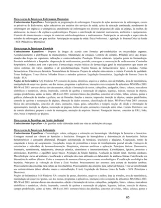 Para o cargo de Técnico em Enfermagem Plantonista
Conhecimentos Específicos - Participação na programação de enfermagem. Execução de ações assistenciais de enfermagem, exceto
as privativas do Enfermeiro; ações educativas aos usuários dos serviços de saúde; ações de educação continuada; atendimento de
enfermagem em urgências e emergências; atendimento de enfermagem nos diversos programas de saúde da criança, da mulher, do
adolescente, do idoso e da vigilância epidemiológica. Preparo e esterilização de material, instrumental, ambientes e equipamentos.
Controle de abastecimento e estoque de materiais médico-hospitalares e medicamentos. Participação na orientação e supervisão do
trabalho de enfermagem, em grau auxiliar. Participação na equipe de saúde. Ética Profissional. Legislação do Sistema Único de Saúde
– SUS (Princípios e Diretrizes)

Para o cargo de Técnico em Farmácia
Conhecimentos Específicos - Preparo de drogas de acordo com fórmulas pré-estabelecidas ou necessidades urgentes.
Acondicionamento e distribuição de medicamentos. Manutenção de estoques. Controle de compras. Princípio ativo das drogas:
atuação das drogas no organismo, indicações e contra-indicações. Posologia. Efeitos colaterais. Aspectos gerais da farmacologia.
Farmácia ambulatorial e hospitalar: dispensação de medicamentos, previsão, estocagem e conservação de medicamentos. Comissões
hospitalares. Conduta para com o paciente. Farmacologia: noções básicas de farmacologia geral de medicamentos que atuam em
vários sistemas, em vários aparelhos e de psicofarmacologia. Noções básicas de farmacotécnica: pesos e medidas. Formas
farmacêuticas. Cálculos em farmácia. Nomenclatura de fármacos. Preparo de soluções não-estéreis e estéreis. Controle de qualidade.
Testes biológicos. Testes físicos. Métodos físicos e métodos químicos. Legislação farmacêutica. Legislação do Sistema Único de
Saúde - SUS.
Noções de Informática: MS-Windows XP: conceito de pastas, diretórios, arquivos e atalhos, área de trabalho, área de transferência,
manipulação de arquivos e pastas, uso dos menus, programas e aplicativos, interação com o conjunto de aplicativos MS-Office 2003.
MS-Word 2003: estrutura básica dos documentos, edição e formatação de textos, cabeçalhos, parágrafos, fontes, colunas, marcadores
simbólicos e numéricos, tabelas, impressão, controle de quebras e numeração de páginas, legendas, índices, inserção de objetos,
campos predefinidos, caixas de texto. MS-Excel 2003: estrutura básica das planilhas, conceitos de células, linhas, colunas, pastas e
gráficos, elaboração de tabelas e gráficos, uso de fórmulas, funções e macros, impressão, inserção de objetos, campos predefinidos,
controle de quebras e numeração de páginas, obtenção de dados externos, classificação de dados. MS-PowerPoint 2003: estrutura
básica das apresentações, conceitos de slides, anotações, régua, guias, cabeçalhos e rodapés, noções de edição e formatação de
apresentações, inserção de objetos, numeração de páginas, botões de ação, animação e transição entre slides. Correio Eletrônico: uso
de correio eletrônico, preparo e envio de mensagens, anexação de arquivos. Internet: Navegação Internet, conceitos de URL, links,
sites, busca e impressão de páginas.

Para o cargo de Tecnólogo em Gestão Ambiental
Conhecimentos Específicos - As questões serão elaboradas tendo em vista as atribuições do cargo.

Para o cargo de Técnico em Laboratório
Conhecimentos Específicos - Hematologia: coleta, esfregaço e coloração em hematologia. Morfologia de hemácias e leucócitos.
Contagem manual em câmara de hemácias e leucócitos. Dosagem de hemoglobina e determinação de hematócrito. Índices
hematimétricos e contagem diferencial. Dosagem automatizada de hemácias, leucócitos e plaquetas. Coagulação, tempo de
coagulação e tempo de sangramento. Coagulação, tempo de protombina e tempo de tromboplastina parcial ativada. Contagem de
reticulócitos e velocidade de hemossedimentação. Bioquímica: sistemas analíticos e aplicação. Princípios básicos: fluorometria,
fotometria, turbidimetria, nefelometria, absorção atômica, eletroforese e imunoeletroforese. Carbohidratos, lipídeos, proteínas e
aminoácidos. Eletrólitos e equilíbrio ácido básico. Avaliação da função hepática. Avaliação da função renal. Enzimas cardíacas.
Microbiologia: meios de culturas: classificação e utilização dos mais utilizados em laboratório de análises clínicas. Esterilização em
laboratório de análises clínicas. Coleta e transporte de amostras clínicas para o exame microbiológico. Classificação morfológica das
bactérias. Princípios da coloração de Gram e Ziehi Neelsen. Processamento das amostras para cultura de bactérias aeróbias.
Processamento das amostras para cultura de micobactérias. Processamento das amostras para cultura de fungos. Teste de sensibilidade
aos antimicrobianos (disco difusão, macro e microdiluição, E test). Legislação do Sistema Único de Saúde – SUS (Princípios e
Diretrizes)
Noções de Informática: MS-Windows XP: conceito de pastas, diretórios, arquivos e atalhos, área de trabalho, área de transferência,
manipulação de arquivos e pastas, uso dos menus, programas e aplicativos, interação com o conjunto de aplicativos MS-Office 2003.
MS-Word 2003: estrutura básica dos documentos, edição e formatação de textos, cabeçalhos, parágrafos, fontes, colunas, marcadores
simbólicos e numéricos, tabelas, impressão, controle de quebras e numeração de páginas, legendas, índices, inserção de objetos,
campos predefinidos, caixas de texto. MS-Excel 2003: estrutura básica das planilhas, conceitos de células, linhas, colunas, pastas e


                                                                                                                 65
 