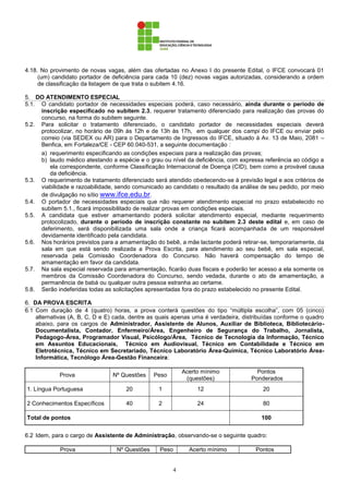 4
4.18. No provimento de novas vagas, além das ofertadas no Anexo I do presente Edital, o IFCE convocará 01
(um) candidato portador de deficiência para cada 10 (dez) novas vagas autorizadas, considerando a ordem
de classificação da listagem de que trata o subitem 4.16.
5. DO ATENDIMENTO ESPECIAL
5.1. O candidato portador de necessidades especiais poderá, caso necessário, ainda durante o período de
inscrição especificado no subitem 2.3, requerer tratamento diferenciado para realização das provas do
concurso, na forma do subitem seguinte.
5.2. Para solicitar o tratamento diferenciado, o candidato portador de necessidades especiais deverá
protocolizar, no horário de 09h às 12h e de 13h às 17h, em qualquer dos campi do IFCE ou enviar pelo
correio (via SEDEX ou AR) para o Departamento de Ingressos do IFCE, situado à Av. 13 de Maio, 2081 –
Benfica, em Fortaleza/CE - CEP 60.040-531, a seguinte documentação :
a) requerimento especificando as condições especiais para a realização das provas;
b) laudo médico atestando a espécie e o grau ou nível da deficiência, com expressa referência ao código a
ela correspondente, conforme Classificação Internacional de Doença (CID), bem como a provável causa
da deficiência.
5.3. O requerimento de tratamento diferenciado será atendido obedecendo-se à previsão legal e aos critérios de
viabilidade e razoabilidade, sendo comunicado ao candidato o resultado da análise de seu pedido, por meio
de divulgação no sítio www.ifce.edu.br.
5.4. O portador de necessidades especiais que não requerer atendimento especial no prazo estabelecido no
subitem 5.1., ficará impossibilitado de realizar provas em condições especiais.
5.5. A candidata que estiver amamentando poderá solicitar atendimento especial, mediante requerimento
protocolizado, durante o período de inscrição constante no subitem 2.3 deste edital e, em caso de
deferimento, será disponibilizada uma sala onde a criança ficará acompanhada de um responsável
devidamente identificado pela candidata.
5.6. Nos horários previstos para a amamentação do bebê, a mãe lactante poderá retirar-se, temporariamente, da
sala em que está sendo realizada a Prova Escrita, para atendimento ao seu bebê, em sala especial,
reservada pela Comissão Coordenadora do Concurso. Não haverá compensação do tempo de
amamentação em favor da candidata.
5.7. Na sala especial reservada para amamentação, ficarão duas fiscais e poderão ter acesso a ela somente os
membros da Comissão Coordenadora do Concurso, sendo vedada, durante o ato de amamentação, a
permanência de babá ou qualquer outra pessoa estranha ao certame.
5.8. Serão indeferidas todas as solicitações apresentadas fora do prazo estabelecido no presente Edital.
6. DA PROVA ESCRITA
6.1 Com duração de 4 (quatro) horas, a prova conterá questões do tipo “múltipla escolha”, com 05 (cinco)
alternativas (A, B, C, D e E) cada, dentre as quais apenas uma é verdadeira, distribuídas conforme o quadro
abaixo, para os cargos de Administrador, Assistente de Alunos, Auxiliar de Biblioteca, Bibliotecário-
Documentalista, Contador, Enfermeiro/Área, Engenheiro de Segurança do Trabalho, Jornalista,
Pedagogo-Área, Programador Visual, Psicólogo/Área, Técnico de Tecnologia da Informação, Técnico
em Assuntos Educacionais, Técnico em Audiovisual, Técnico em Contabilidade e Técnico em
Eletrotécnica, Técnico em Secretariado, Técnico Laboratório Área-Química, Técnico Laboratório Área-
Informática, Tecnólogo Área-Gestão Financeira:
Prova Nº Questões Peso
Acerto mínimo
(questões)
Pontos
Ponderados
1. Língua Portuguesa 20 1 12 20
2 Conhecimentos Específicos 40 2 24 80
Total de pontos 100
6.2 Idem, para o cargo de Assistente de Administração, observando-se o seguinte quadro:
Prova Nº Questões Peso Acerto mínimo Pontos
 