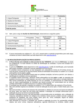 5
(questões) Ponderados
1. Língua Portuguesa 20 1,5 12 30
2. Noções de Informática 10 1 3 10
3. Raciocínio Lógico 10 1 3 10
4. Conhecimentos Específicos 20 2,5 12 50
Total de pontos 100
6.3 Idem, para o cargo de Auxiliar de Administração, observando-se o seguinte quadro:
Prova Nº Questões Peso
Acerto mínimo
(questões)
Pontos
Ponderados
1. Língua Portuguesa 20 1,5 12 30
2. Raciocínio Lógico 10 1 3 10
3. Conhecimentos Específicos 30 2 18 60
Total de pontos 100
6.4 A prova mencionada nos subitens 6.1., 6.2. e 6.3. versará sobre o conteúdo programático para cada cargo,
constante do Anexo II deste Edital, que está disponível no sitio www.ifce.edu.br.
7. DA REALIZAÇÃO/APLICAÇÃO DA PROVA ESCRITA
7.1. A Prova Escrita será realizada na data provável do dia 15/06/2014, com início às 9:00 horas, na cidade
de Fortaleza-CE, no local indicado no cartão de identificação do candidato. A prova terá duração de 4
(quatro) horas.
7.2. A partir de 12/06/2014, estará disponível no sítio www.ifce.edu.br o cartão de identificação, para impressão
pelo próprio candidato, constando o local de realização da Prova Escrita.
7.3. O candidato deverá comparecer ao local designado com antecedência mínima de 30 (trinta) minutos do
início da prova, munido de um dos documentos oficiais de identidade mencionados no subitem 2.8. e caneta
esferográfica de tinta azul ou preta.
7.4. O documento oficial de identidade deverá estar em perfeitas condições, de forma a permitir, com clareza, a
identificação do candidato e de sua assinatura.
7.5. O candidato deverá transcrever, utilizando caneta esferográfica de tinta preta ou azul, as respostas das
questões da prova para o cartão-resposta, que será o único documento valido para a correção eletrônica.
Não haverá substituição de cartão-resposta por erro do candidato. O preenchimento do cartão-resposta
será de inteira responsabilidade do candidato que deverá proceder em conformidade com as normas
contidas neste Edital, no caderno de prova e no próprio cartão-resposta.
7.6. O candidato que não atender o disposto nos subitens 7.3 e 7.4 deste Edital, não realizará a Prova Escrita.
7.7. Não será admitido ingresso de candidato no local de realização da prova após o horário fixado para o seu
início.
7.8. Não será permitida a presença de pessoas não autorizadas ou alheias ao concurso nos locais de realização
da prova, salvo nos casos em que tenha sido deferida a solicitação de condição diferenciada para a
realização da prova nos termos do presente Edital.
7.9. Durante a realização da prova, não será permitida a comunicação entre os candidatos, nem a utilização de
máquinas calculadoras (também em relógios) e/ou similares, óculos escuros, protetor auricular, quaisquer
acessórios de chapelaria, tais como chapéu, boné, gorro etc., livros, anotações, réguas de cálculo,
impressos ou qualquer outro material de consulta.
7.10. Será eliminado do concurso o candidato que, durante a realização da prova, for surpreendido portando
objetos, tais como: armas, máquinas calculadoras, agendas eletrônicas ou similares, tablets, ipod®,
 