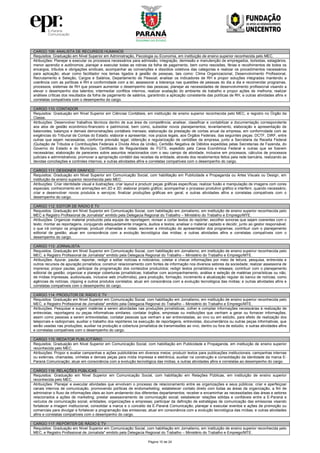 Página 15 de 24
CARGO 109: ANALISTA DE RECURSOS HUMANOS
Requisitos: Graduação em Nível Superior em Administração, Psicologia ou Economia, em instituição de ensino superior reconhecida pelo MEC.
Atribuições: Planejar e executar os processos necessários para admissão, integração, demissão e manutenção de empregados, bolsistas, estagiários,
menor aprendiz e autônomos; planejar e executar todas as rotinas da folha de pagamento, bem como rescisões, férias e recolhimentos de todos os
encargos, tributos e obrigações sindicais; acompanhar as convenções e dissídios coletivos das categorias e realizar os procedimentos necessários
para aplicação; atuar como facilitador nos temas ligados à gestão de pessoas, tais como: Clima Organizacional, Desenvolvimento Profissional,
Recrutamento e Seleção, Cargos e Salários, Departamento de Pessoal; analisar os indicadores de RH e propor soluções integradas mantendo a
coerência com as políticas e RH e conformidade com a lei; assessorar a liderança nas questões de pessoas do dia a dia e recomendar programas,
processos, sistemas de RH que possam aumentar o desempenho das pessoas; planejar as necessidades de desenvolvimento profissional visando a
elevar o desempenho dos talentos; intermediar conflitos internos, realizar avaliação do ambiente de trabalho e propor ações de melhoria; realizar
análises críticas dos resultados da folha de pagamento de salários, garantindo a aplicação consistente das políticas de RH, e outras atividades afins e
correlatas compatíveis com o desempenho do cargo.
CARGO 110: CONTADOR
Requisitos: Graduação em Nível Superior em Ciências Contábeis, em instituição de ensino superior reconhecida pelo MEC, e registro no Órgão da
Classe.
Atribuições: Desenvolver trabalhos técnicos dentro de sua área de competência; analisar, classificar e contabilizar a documentação correspondente
aos atos de gestão econômico‐financeiro e patrimonial, bem como, subsidiar novos planejamentos; levantamento, elaboração e apresentação de
balancetes, balanços e demais demonstrações contábeis mensais; elaboração da prestação de contas anual da empresa, em conformidade com as
exigências do Tribunal de Contas do Estado; elaborar e apresentar, nos prazos legais, aos Órgãos Federais, das seguintes peças: DCTF, DIRF, entre
outras que sejam necessárias, conforme previsão legal; obtenção e regularização de certidões da empresa, junto a Secretaria da Receita Federal
(Quitação de Tributos e Contribuições Federais e Dívida Ativa da União), Certidão Negativa de Débitos expedidas pelas Secretarias de Fazenda, do
Governo do Estado e do Município, Certificado de Regularidade do FGTS, expedido pela Caixa Econômica Federal e outras que se fizerem
necessárias; elaboração de pareceres sobre assuntos relacionados com o seu campo de atividade, inclusive em processos, cálculos de processos
judiciais e administrativos; promover a apropriação contábil das receitas da entidade, através dos recebimentos feitos pela rede bancária, realizando as
devidas conciliações e controles internos; e outras atividades afins e correlatas compatíveis com o desempenho do cargo.
CARGO 111: DESIGNER GRÁFICO
Requisitos: Graduação em Nível Superior em Comunicação Social, com habilitação em Publicidade e Propaganda ou Artes Visuais ou Design, em
instituição de ensino superior reconhecida pelo MEC.
Atribuições: Criar identidade visual e ilustrações; criar layout e produzir peças gráficas específicas; realizar fusão e manipulação de imagens com cores
especiais; conhecimento em animações em 2D e 3D; elaborar projeto gráfico; acompanhar o processo produtivo gráfico e interferir, quando necessário;
criar e desenvolver novos produtos e serviços; finalizar produções gráficas em geral; e outras atividades afins e correlatas compatíveis com o
desempenho do cargo.
CARGO 112: EDITOR DE RÁDIO E TV
Requisitos: Graduação em Nível Superior em Comunicação Social, com habilitação em Jornalismo, em instituição de ensino superior reconhecida pelo
MEC e Registro Profissional de Jornalista* emitido pela Delegacia Regional do Trabalho – Ministério do Trabalho e Emprego/MTE.
Atribuições: Organizar material produzido pela equipe de reportagem; revisar e cortar textos do repórter; escolher sonoras que sejam coerentes com o
texto; montar as reportagens, conjugando adequadamente imagens, áudios e textos; analisar o material captado e decidir, junto ao gestor responsável,
o que irá compor os programas; produzir chamadas e notas; escrever a introdução do apresentador dos programas; contribuir com o planejamento
editorial de gestão; atuar em consonância com a evolução tecnológica das mídias; e outras atividades afins e correlatas compatíveis com o
desempenho do cargo.
CARGO 113: JORNALISTA
Requisitos: Graduação em Nível Superior em Comunicação Social, com habilitação em Jornalismo, em instituição de ensino superior reconhecida pelo
MEC, e Registro Profissional de Jornalista* emitido pela Delegacia Regional do Trabalho – Ministério do Trabalho e Emprego/MTE.
Atribuições: Apurar, pautar, reportar, redigir e editar notícias e noticiários; coletar e checar informações por meio de leitura, pesquisa, entrevista e
outros recursos de apuração jornalística; construir relacionamento com fontes de informação nos diversos setores da sociedade; realizar assessoria de
imprensa; propor pautas; participar da programação dos conteúdos produzidos; redigir textos jornalísticos e releases; contribuir com o planejamento
editorial de gestão; organizar e planejar coberturas jornalísticas; trabalhar com acompanhamento, análise e seleção de matérias jornalísticas ou não,
de mídias impressas, audiovisuais, inclusive web (multimídia), para produção, formação, incremento e atualização regular do banco de notícias, como
agências de notícias, clipping e outros produtos correlatos; atuar em consonância com a evolução tecnológica das mídias; e outras atividades afins e
correlatas compatíveis com o desempenho do cargo.
CARGO 114: PRODUTOR DE RÁDIO E TV
Requisitos: Graduação em Nível Superior em Comunicação Social, com habilitação em Jornalismo, em instituição de ensino superior reconhecida pelo
MEC, e Registro Profissional de Jornalista* emitido pela Delegacia Regional do Trabalho – Ministério do Trabalho e Emprego/MTE.
Atribuições: Pesquisar e sugerir matérias a serem abordadas nas produções jornalísticas; colher e compilar informações necessárias à realização de
entrevistas, reportagens ou peças informativas similares; contatar órgãos, empresas ou instituições que venham a gerar ou fornecer informações,
assim como pessoas a serem entrevistadas; contatar pessoas que venham a ser entrevistadas, ao vivo ou em estúdio, para efeito de realização dos
telejornais e radiojornais; auxiliar o trabalho dos repórteres na execução de reportagens, entrevistas, documentários ou outras peças informativas, que
serão usadas nas produções; auxiliar na produção e cobertura jornalística de transmissões ao vivo, dentro ou fora de estúdio; e outras atividades afins
e correlatas compatíveis com o desempenho do cargo.
CARGO 115: REDATOR PUBLICITÁRIO
Requisitos: Graduação em Nível Superior em Comunicação Social, com habilitação em Publicidade e Propaganda, em instituição de ensino superior
reconhecida pelo MEC.
Atribuições: Propor e avaliar campanhas e ações publicitárias em diversos meios; produzir textos para publicações institucionais, campanhas internas
ou externas, chamadas, vinhetas e demais peças para mídia impressa e eletrônica; auxiliar na construção e consolidação da identidade da marca E-
Paraná Comunicação; atuar em consonância com a evolução tecnológica das mídias; e outras atividades afins e correlatas ao desempenho do cargo.
CARGO 116: RELAÇÕES PÚBLICAS
Requisitos: Graduação em Nível Superior em Comunicação Social, com habilitação em Relações Públicas, em instituição de ensino superior
reconhecida pelo MEC.
Atribuições: Planejar e executar atividades que envolvam o processo de relacionamento entre as organizações e seus públicos; criar e aperfeiçoar
canais internos de comunicação, promovendo políticas de endomarketing; estabelecer contato direto com todas as áreas da organização, a fim de
administrar o fluxo de informações úteis ao bom andamento dos diferentes departamentos; receber e encaminhar as necessidades das áreas e setores
relacionados a ações de marketing; prestar assessoramento de comunicação social; estabelecer relações sólidas e confiáveis entre a E-Paraná e
veículos de comunicação social, entidades, organizações e empresas; participar da definição de estratégias de comunicação das emissoras visando
fortalecer a imagem institucional, consolidar a marca e o conceito da E-Paraná Comunicação; planejar e executar eventos e ações de promoção ou
comerciais para divulgar e fortalecer a programação das emissoras; atuar em consonância com a evolução tecnológica das mídias; e outras atividades
afins e correlatas compatíveis com o desempenho do cargo.
CARGO 117: REPÓRTER DE RÁDIO E TV
Requisitos: Graduação em Nível Superior em Comunicação Social, com habilitação em Jornalismo, em instituição de ensino superior reconhecida pelo
MEC, e Registro Profissional de Jornalista* emitido pela Delegacia Regional do Trabalho – Ministério do Trabalho e Emprego/MTE.
 