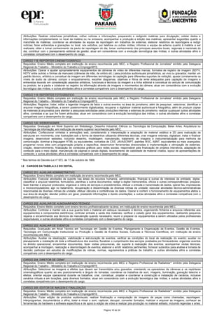 Página 16 de 24
Atribuições: Realizar coberturas jornalísticas, colher notícias e informações, preparando e redigindo matérias para divulgação; coletar dados e
informações complementares no local da matéria ou na emissora; acompanhar a produção e edição das matérias; apresentar sugestões quanto a
manchete de matérias; coordenar as atividades da equipe de reportagem em trabalhos de externas; elaborar relatórios de reportagens e redigir
notícias; fazer entrevistas e gravações no local, nos estúdios, por telefone ou outras mídias; informar a equipe de externa quanto à matéria a ser
realizada; obter e tomar conhecimento da pauta de reportagem do dia; tomar conhecimento dos principais assuntos locais, regionais e nacionais do
dia; contribuir com o planejamento editorial de gestão; atuar em consonância com a evolução tecnológica das mídias; e outras atividades afins e
correlatas compatíveis com o desempenho do cargo.
CARGO 118: REPÓRTER CINEMATOGRÁFICO
Requisitos: Ensino Médio completo em instituição de ensino reconhecida pelo MEC, e Registro Profissional de Jornalista* emitido pela Delegacia
Regional do Trabalho – Ministério do Trabalho e Emprego/MTE.
Atribuições: Operar e ajustar apropriadamente equipamentos de câmeras de vídeo de diferentes marcas, formatos de registro de imagem (SDTV,
HDTV entre outros) e formas de manuseio (câmeras de mão, de ombro etc.) para produtos audiovisuais jornalísticos, ao vivo ou gravados; manter um
padrão técnico, artístico e conceitual da imagem em diferentes tecnologias de captação para diferentes suportes de exibição; ajustar corretamente os
níveis de áudio da câmera; compor o enquadramento, escolher diagramas, objetivas e filtros de lente adequados para captação de imagens e
entrevistas levando em consideração aspectos artísticos, funcionais e técnicos da imagem e a linha editorial e conceitual do veículo de comunicação
ou produto; ler a pauta e colaborar no registro da informação através de imagens e movimentos de câmera; atuar em consonância com a evolução
tecnológica das mídias; e outras atividades afins e correlatas compatíveis com o desempenho do cargo.
CARGO 119: REPÓRTER FOTOGRÁFICO
Requisitos: Ensino Médio completo em instituição de ensino reconhecida pelo MEC, e Registro Profissional de Jornalista* emitido pela Delegacia
Regional do Trabalho – Ministério do Trabalho e Emprego/MTE.
Atribuições: Registrar, tratar, editar e legendar imagens de fatos e outros eventos na área de jornalismo, além de pesquisar, selecionar, identificar e
arquivar imagens fotográficas, a serem posteriormente digitalizadas; recuperar e digitalizar material audiovisual e fotográfico, além de produzir cópias
de materiais já arquivados para atender a pesquisas solicitadas pelas produções internas e externas de jornalismo; realizar quaisquer outras atividades
afins, correlatas e as que lhe forem atribuídas; atuar em consonância com a evolução tecnológica das mídias; e outras atividades afins e correlatas
compatíveis com o desempenho do cargo.
CARGO 120: WEBDESIGNER
Requisitos: Graduação em Nível Superior em Webdesign, Desenho Industrial, Ciência ou Tecnologia da Computação, Belas Artes, Arquitetura ou
Tecnologia da Informação, em instituição de ensino superior reconhecida pelo MEC.
Atribuições: Confeccionar vinhetas e animações web, considerando a interpretação e adaptação de material estático e 2D para realização de
estruturas em movimento; criar ilustrações sob a forma de desenhos utilizando diferentes técnicas, criar imagens vetoriais; digitalizar, tratar e finalizar
imagens; desenvolver websites, incluindo desenho, modelagem, manutenção, tratamento de imagens e instrumentalização para melhoria da
comunicação; dominar a linguagem HTML ou equivalentes; conceitos de CSS, JAVASCRIPT, padrões W3C, ABNT, equivalentes ou mais avançados;
programar novos sites com programação própria e específica; desenvolver ferramentas direcionadas à implementação e otimização de sistemas;
criação, desenvolvimento, finalização de conteúdos gráficos para redes sociais; responsável pela finalização de projetos interativos, adaptação de
conteúdo para o meio digital, manutenção de páginas e canais digitais, levantamento de viabilidade de material criados, layout de apresentações de
conteúdo; e outras atividades afins e correlatas compatíveis com o desempenho do cargo.
* Nos termos do Decreto-Lei nº 972, de 17 de outubro de 1969.
I.2 CARGOS DA TABELA 2.2 DO EDITAL
CARGO 201: AUXILIAR ADMINISTRATIVO
Requisitos: Ensino Médio completo em instituição de ensino reconhecida pelo MEC.
Atribuições: Executar atividades de suporte nas áreas de recursos humanos, administração, finanças e outras de interesse da entidade, digitar,
classificar e arquivar relatórios, formulários, planilhas e outros documentos; redigir e digitar memorandos, ofícios e outras correspondências; preparar,
fazer tramitar e arquivar protocolos; organizar a rotina de serviços e procedimentos; efetuar a entrada e transmissão de dados, operar fax, impressoras
e microcomputadores; agir no tratamento, recuperação e disseminação às diversas rotinas da unidade; executar atividades técnico-administrativas
relacionadas às diversas rotinas da unidade; efetuar cálculos e conferências de dados. Operar e conferir o funcionamento de equipamentos afetos a
sua área de atuação; atender público em geral, prestando informações e dando orientações; e outras atividades afins e correlatas compatíveis com o
desempenho do cargo.
CARGO 202: AUXILIAR DE ALMOXARIFADO TÉCNICO
Requisitos: Ensino Médio completo com ensino técnico profissionalizante na área, em instituição de ensino reconhecida pelo MEC.
Atribuições: Controlar e manter sob a sua guarda todo o material em estoque necessário à técnica, organizando fichários e arquivos referentes aos
equipamentos e componentes eletrônicos; controlar entrada e saída dos materiais; verificar o estado geral dos equipamentos, realizando pequenos
reparos e encaminhando aos técnicos de manutenção quando necessário; reunir e preparar os equipamentos a serem utilizados pelos profissionais
responsáveis; e outras atividades afins e correlatas compatíveis com o desempenho do cargo.
CARGO 203: AUXILIAR DE EVENTOS
Requisitos: Graduação em Nível Técnico em Tecnologia em Gestão de Eventos, Planejamento e Organização de Eventos, Gestão de Eventos,
Tecnologia em Comunicação Institucional ou Produção e Gestão de Eventos Sociais, Culturais e Técnicos Científicos, em instituição de ensino
reconhecida pelo MEC.
Atribuições: Auxiliar na idealização, viabilização e estruturação de eventos; verificar as condições do local de realização do evento; auxiliar no
planejamento e instalação de toda a infraestrutura dos eventos; fiscalizar o cumprimento dos serviços prestados por fornecedores; organizar eventos
no âmbito operacional; encaminhar documentos, fazer visitas precursoras, dar suporte à realização dos eventos; acompanhar visitas técnicas;
acompanhar a montagem, realização e desmontagem de eventos; elaborar e emitir relatórios pertinentes; fornecer subsídios para análise e tomada de
decisão; participar em estudos de modificações de rotinas, normas, regulamentos e práticas de trabalho; e outras atividades afins e correlatas
compatíveis com o desempenho do cargo.
CARGO 204: DIRETOR DE CENA*
Requisitos: Ensino Médio completo em instituição de ensino reconhecida pelo MEC e Registro Profissional de Radialista** emitido pela Delegacia
Regional do Trabalho – Ministério do Trabalho e Emprego/MTE.
Atribuições: Selecionar as imagens e efeitos que devem ser transmitidos e/ou gravados, orientando os operadores de câmeras e os repórteres
cinematográficos quanto ao seu posicionamento e ângulo de tomadas; coordenar os trabalhos de som, imagens, iluminação, gravação telecine e
efeitos; orientar equipe operacional durante os trabalhos; criar, conceituar, projetar e coordenar a construção e instalação de cenários, inclusive
cenários virtuais e em locações, para diversos formatos; atuar em consonância com a evolução tecnológica das mídias; e outras atividades afins e
correlatas compatíveis com o desempenho do cargo.
CARGO 205: EDITOR DE IMAGEM E FINALIZAÇÃO
Requisitos: Ensino Médio completo em instituição de ensino reconhecida pelo MEC e Registro Profissional de Radialista** emitido pela Delegacia
Regional do Trabalho – Ministério do Trabalho e Emprego/MTE.
Atribuições: Fazer edição de produtos audiovisuais; realizar finalização e manipulação de imagens de peças como chamadas, reportagem,
interprogramas, documentários e afins; tratar e mixar o som; capturar, decupar, converter formatos; matrizar e arquivar as imagens; conhecer as
ferramentas de hardware e software específicos e de apoio à edição de vídeo e realizar pós-produção no material editado, incluindo legendas e artes;
 