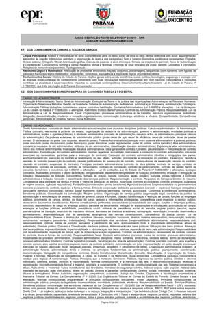 Página 19 de 24
ANEXO II EDITAL DO TESTE SELETIVO Nº 01/2017 – EPR
DOS CONTEÚDOS PROGRAMÁTICOS
II.1 DOS CONHECIMENTOS COMUNS A TODOS OS GARGOS
Língua Portuguesa: Análise e interpretação de texto (compreensão geral do texto; ponto de vista ou ideia central defendida pelo autor; argumentação;
elementos de coesão; inferências; estrutura e organização do texto e dos parágrafos). Som e fonema; Encontros vocálicos e consonantais; Dígrafos;
Divisão silábica; Ortografia Oficial; Acentuação gráfica. Classes de palavras e seus empregos. Sintaxe da oração e do período; Tipos de Subordinação
e Coordenação; Concordância nominal e verbal; Regência Verbal e Nominal; Emprego de sinal indicativo de crase. Sentido Conotativo e Denotativo;
Relações de homonímia e paronímia. Tipologia textual.
Raciocínio Lógico e Matemático: Resolução de problemas envolvendo frações, conjuntos, porcentagens, sequências (com números, com figuras, de
palavras). Raciocínio lógico-matemático: proposições, conectivos, equivalência e implicação lógica, argumentos válidos.
Conhecimentos Gerais: História do Estado do Paraná. Noções gerais sobre a vida econômica, social, política, tecnológica, segurança e ecologia com
as diversas áreas correlatas do conhecimento juntamente com suas vinculações histórico-geográficas em nível nacional. Descobertas e inovações
científicas na atualidade e seus respectivos impactos na sociedade contemporânea. Desenvolvimento urbano brasileiro. Lei do Estado do Paraná nº
17762/2013 que trata da criação do E-Paraná Comunicação.
II.2 DOS CONHECIMENTOS ESPECÍFICOS PARA OS CARGOS DA TABELA 2.1 DO EDITAL
CARGO 101: ADMINISTRADOR
Introdução à Administração. Teoria Geral da Administração: Evolução da Teoria e da prática nas organizações. Administração de Recursos Humanos.
Organização Sistemas e Métodos. Gestão da Qualidade. Sistema de Administração de Materiais. Administração Financeira. Administração Estratégica,
Administração Pública: Licitações: modalidades, prazos, contratos, habilitação. Contratos Administrativos. Lei 8.666/93 e alterações – Lei de Licitações.
Lei do Estado do Paraná nº 15608/2007 e alterações. Patrimônio Público. Bens Públicos. Controle da Administração Pública. Responsabilidade Civil da
Administração e Lei de Responsabilidade Fiscal. Organizações: processos administrativos e de trabalho, estrutura organizacional, autoridade,
delegação, descentralização, mudança e inovação organizacionais, comunicação. Liderança: eficiência e eficácia. Competitividade. Competências
gerenciais. Administração de projetos. Serviço Social Autônomo.
CARGO 102: ADVOGADO
Direito Administrativo - conceito de direito administrativo e suas relações com as outras disciplinas jurídicas. Estrutura administrativa da Administração
Pública (conceito; elementos e poderes do estado, organização do estado e da administração, governo e administração, entidades políticas e
administrativas, órgãos e agentes públicos). A atividade administrativa (conceito de administração, natureza e fins da administração, princípios básicos
da administração). Os poderes e deveres do administrador público (poder-dever de agir, dever de eficiência, dever de probidade, dever de prestar
contas). O uso e abuso do poder (uso do poder, abuso do poder). Poderes Administrativos (distinção entre poderes administrativos e poderes políticos,
poder vinculado, poder discricionário, poder hierárquico, poder disciplinar, poder regulamentar, poder de polícia, polícia sanitária). Atos administrativos
(conceito e requisitos do ato administrativo, atributos do ato administrativo, classificação dos atos administrativos). Espécies de atos administrativos.
Teoria dos motivos determinantes. Invalidação dos atos administrativos. Ideia geral sobre contrato. Conceito, peculiaridades e interpretação do contrato
administrativo. Formalização do contrato administrativo (normas regedoras do contrato, instrumento e conteúdo do contrato administrativo, cláusulas
essenciais ou necessárias, garantias para a execução do contrato). Execução do contrato administrativo (direitos e obrigações das partes,
acompanhamento da execução do contrato e recebimento do seu objeto, extinção, prorrogação e renovação do contrato). Inexecução, revisão e
rescisão do contrato (inexecução do contrato, causas justificadoras da inexecução do contrato, consequências da inexecução, revisão do contrato,
rescisão do contrato, suspensão do contrato). Principais contratos administrativos (contrato de obra pública, contrato de serviço, contrato de
fornecimento, contrato de concessão, contrato de fornecimento, contrato de concessão, contrato de gerenciamento, contrato de gestão, termo de
parceria). Consórcios e convênios. Lei 8.666/93 e alterações – Lei de Licitações. Lei do Estado do Paraná nº 15608/2007 e alterações. Licitação
(conceitos, finalidades, princípios e objeto da licitação, obrigatoriedade, dispensa e inexigibilidade de licitação, procedimento, anulação e revogação da
licitação). Modalidades de licitação (concorrência, tomada de preços, convite, concurso, leilão, pregão). Sanções penais referente à contratos
administrativos e licitação. Conceito e classificação dos serviços públicos. Regulamentação e controle. Requisitos do Serviço e Direitos do Usuário.
Competência para prestação de serviço. Formas e meios de prestação do serviço. Autarquias (conceito e caracteres, controle, privilégios, autarquias
de regime especial, agências reguladoras). Fundações (considerações gerais, caracteres). Agências executivas. Empresas estatais ou governamentais
(conceito e caracteres, controle, espécies e forma jurídica). Entes de cooperação: entidades paraestatais (conceito e espécies). Serviços delegados a
particulares (serviços concedidos). Serviço Social Autônomo. Serviços permitidos. Serviços autorizados. Convênios e consórcios administrativos.
Servidores públicos. Classificação na constituição. Regime jurídico. Organização do serviço público (organização legal, conselhos de política de
administração e remuneração de pessoal, escolas de governo, cargos e funções, criação, transformação e extinção de cargos, funções ou empregos
públicos, provimento de cargos, direitos do titular do cargo, acesso a informações privilegiadas, competência para organizar o serviço público,
observância das normas constitucionais. Normas constitucionais pertinentes aos servidores (acessibilidade aos cargos, funções e empregos públicos,
concurso, desinvestidura de cargo ou emprego público, paridade de vencimentos, vedação de equiparações e vinculações, acumulação de cargos,
empregos e funções públicas, estabilidade, previdência social, sistema de previdência social do servidor, regime jurídico peculiar, regras
previdenciárias de transição, exercício de mandatos eletivos, demissão de vitalícios e estáveis, reintegração, recondução, reversão, readmissão e
aproveitamento, responsabilização civil de servidores, abrangência das normas constitucionais, competência da justiça comum. Lei de
Responsabilidade Fiscal. Deveres e direitos dos servidores (deveres, restrições funcionais, direitos, sistema remuneratório, remuneração, subsídio,
vencimentos, vantagens pecuniárias, indenizações). Responsabilidade dos servidores (responsabilidade administrativa, responsabilidade civil,
responsabilidade criminal, meios de punição, sequestro e perdimento de bens, enriquecimento ilícito e improbidade administrativa, abuso de
autoridade). Domínio público. Conceito e Classificação dos bens públicos. Administração dos bens públicos. Utilização dos bens públicos. Alienação
dos bens públicos. Imprescritibilidade, impenhorabilidade e não oneração dos bens públicos. Aquisição de bens pela administração. Responsabilidade
civil da administração (reparação de danos: ação de indenização e ação regressiva). Controle na administração (a necessidade de controle, conceito
de controle, tipos e formas de controle). Responsabilidade fiscal. Controle administrativo (conceito, meios de controle, processo administrativo,
modalidades de processo administrativo, processo administrativo disciplinar, meios sumários, sindicância, verdade sabida, termo de declarações,
processo administrativo tributário). Controle legislativo (conceito, fiscalização dos atos da administração). Controle judiciário (conceito, atos sujeitos a
controle comum, atos sujeitos a controle especial, meios de controle judiciário). Administração em juízo (representação em juízo, atuação processual,
execução do julgado, execução fiscal, despesas judiciais, prescrição, sequestro e perdimento de bens). Organização administrativa brasileira (a
administração federal, administração direta e indireta, os princípios fundamentais da administração pública: planejamento, coordenação,
descentralização, delegação de competência, controle). Direito Constitucional: Constituição. Conceito. Classificação. A organização do Estado.
Poderes e funções. Repartição de competências. A União, os Estados e os Municípios. Suas atribuições. Competência exclusiva, concorrente e
residual para legislar. A Administração Pública. Princípios que a norteiam. Servidores Públicos. Ingresso na carreira pública. Direitos e deveres
individuais, coletivos, sociais, políticos e nacionalidade. Normas constitucionais e a hierarquia das leis. A desconstitucionalização, recepção e
repristinação. Inconstitucionalidade formal e material, originária e superveniente. O controle da constitucionalidade das leis. Sistema concentrado e
difuso. Ação direta e incidental. Tutela constitucional das liberdades: mandado de segurança coletivo, habeas corpus, ação popular. Habeas data,
mandado de injunção, ação civil pública, direito de petição. Direitos e garantias constitucionais. Direitos sociais. Interesses individuais, coletivos,
difusos e homogêneos. Poder Judiciário; organização; competência; autonomia. Justiça dos Estados. Orçamento e fiscalização orçamentária e
financeira. Tribunal de Contas. Lei Complementar nº 113/2005 (Lei Orgânica do Tribunal de Contas do Estado do Paraná). Direitos Sociais e sua
efetivação. Normas constitucionais programáticas e princípios constitucionais vinculantes. Poder Legislativo. Princípios constitucionais da
administração pública: princípio da legalidade, impessoalidade, moralidade, publicidade, eficiência. Responsabilidade do Estado. Serviços Públicos.
Servidores públicos: remuneração dos servidores. Aspectos da Lei Complementar nº 101/2000 (Lei de Responsabilidade Fiscal – LRF): conceitos,
limites com pessoal, limites de endividamento, retornos aos limites, tratamento das receitas e despesas públicas, RREO, RGF entre outros aspectos.
Direito Civil: 1 Lei: vigência; aplicação da lei no tempo e no espaço; integração e interpretação. 2 Lei de Introdução ao Código Civil. 3 Pessoas naturais
e jurídicas: personalidade; capacidade; direitos de personalidade. 4 Domicílios civil. 5 Fatos e atos jurídicos: negócios jurídicos; requisitos; defeitos dos
negócios jurídicos; modalidades dos negócios jurídicos; forma e prova dos atos jurídicos; nulidade e anulabilidade dos negócios jurídicos; atos ilícitos;
 