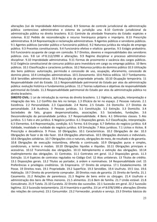 alterações (Lei de Improbidade Administrativa). 8.9 Sistemas de controle jurisdicional da administração
pública: contencioso administrativo e sistema da jurisdição una. 8.10 Controle jurisdicional da
administração pública no direito brasileiro. 8.11 Controle da atividade financeira do Estado: espécies e
sistemas. 8.12 Pedido de reconsideração e recurso hierárquico próprio e impróprio. 8.13 Prescrição
administrativa. 8.14 Representação e reclamação administrativas. 9 Agentes públicos e servidores públicos.
9.1 Agentes públicos (servidor público e funcionário público). 9.2 Natureza jurídica da relação de emprego
público. 9.3 Preceitos constitucionais. 9.4 Funcionário efetivo e vitalício: garantias. 9.5 Estágio probatório.
9.6 Funcionário ocupante de cargo em comissão. 9.7 Direitos, deveres e responsabilidades dos servidores
públicos civis. 9.8 Lei nº 8.112/1990 e alterações. 9.9 Regime disciplinar e processo administrativo-
disciplinar. 9.10 Improbidade administrativa. 9.11 Formas de provimento e vacância dos cargos públicos.
9.12 Exigência constitucional de concurso público para investidura em cargo ou emprego público. 10 Bens
públicos. 10.1 Classificação e caracteres jurídicos. 10.2 Natureza jurídica do domínio público 10.3 Utilização
dos bens públicos: autorização, permissão e concessão de uso, ocupação, aforamento, concessão de
domínio pleno. 10.4 Limitações administrativas. 10.5 Zoneamento. 10.6 Polícia edilícia. 10.7 Tombamento.
10.8 Servidões administrativas. 10.9 Requisição da propriedade privada. 10.10 Ocupação temporária. 11
Responsabilidade civil do Estado. 11.1 Responsabilidade patrimonial do Estado por atos da administração
pública: evolução histórica e fundamentos jurídicos. 11.2 Teorias subjetivas e objetivas da responsabilidade
patrimonial do Estado. 11.3 Responsabilidade patrimonial do Estado por atos da administração pública no
direito brasileiro.
DIREITO CIVIL: 1 Lei de introdução às normas do direito brasileiro. 1.1 Vigência, aplicação, interpretação e
integração das leis. 1.2 Conflito das leis no tempo. 1.3 Eficácia da lei no espaço. 2 Pessoas naturais. 2.1
Existência. 2.2 Personalidade. 2.3 Capacidade. 2.4 Nome. 2.5 Estado. 2.6 Domicílio. 2.7 Direitos da
personalidade. 2.8 Ausência. 3 Pessoas jurídicas. 3.1 Constituição. 3.2 Extinção. 3.3 Domicílio. 3.4
Sociedades de fato, grupos despersonalizados, associações. 3.5 Sociedades, fundações. 3.6
Desconsideração da personalidade jurídica. 3.7 Responsabilidade. 4 Bens. 4.1 Diferentes classes. 5 Ato
jurídico. 5.1 Fato e ato jurídico. 6 Negócio jurídico. 6.1 Disposições gerais. 6.2 Classificação, interpretação.
6.3 Elementos. 6.4 Representação, condição. 6.5 Termo. 6.6 Encargo. 6.7 Defeitos do negócio jurídico. 6.8
Validade, invalidade e nulidade do negócio jurídico. 6.9 Simulação. 7 Atos jurídicos. 7.1 Lícitos e ilícitos. 8
Prescrição e decadência. 9 Prova. 10 Obrigações. 10.1 Características. 10.2 Obrigações de dar. 10.3
Obrigações de fazer e de não fazer. 10.4 Obrigações alternativas. 10.5 Obrigações divisíveis e indivisíveis.
10.6 Obrigações solidárias. 10.7 Obrigações civis e naturais, obrigações de meio, de resultado e de garantia.
10.8 Obrigações de execução instantânea, diferida e continuada. 10.9 Obrigações puras e simples,
condicionais, a termo e modais. 10.10 Obrigações líquidas e ilíquidas. 10.11 Obrigações principais e
acessórias. 10.12 Transmissão das obrigações. 10.13 Adimplemento e extinção das obrigações. 10.14
Inadimplemento das obrigações. 11 Contratos. 11.1 Contratos em geral. 11.2 Disposições gerais. 11.3
Extinção. 11.4 Espécies de contratos regulados no Código Civil. 12 Atos unilaterais. 13 Títulos de crédito.
13.1 Disposições gerais. 13.2 Títulos ao portador, à ordem e nominativos. 14 Responsabilidade civil. 15
Preferências e privilégios creditórios. 16 Empresário. 17 Direito de empresa. 17.1 Estabelecimento. 18
Posse. 19 Direitos reais. 19.1 Propriedade. 19.2 Superfície. 19.3 Servidões. 19.4 Usufruto. 19.5 Uso. 19.6
Habitação. 19.7 Direito do promitente comprador. 20 Direitos reais de garantia. 21 Direito de família. 21.1
Casamento. 21.2 Relações de parentesco. 21.3 Regime de bens entre os cônjuges. 21.4 Usufruto e
administração dos bens de filhos menores. 21.5 alimentos. 21.6 Bem de família. 21.7 União estável. 21.8
Concubinato. 21.9 Tutela. 21.10 Curatela. 22 Direito das sucessões. 22.1 Sucessão em geral. 22.2 Sucessão
legítima. 22.3 Sucessão testamentária. 22.4 Inventário e partilha. 23 Lei nº 8.078/1990 e alterações (Direito
das relações de consumo). 23.1 Consumidor. 23.2 Fornecedor, produto e serviço. 23.3 Direitos básicos do

                                                                                                             23
 