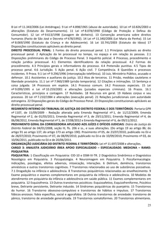 8 Lei nº 11.343/2006 (Lei Antidrogas). 9 Lei nº 4.898/1965 (abuso de autoridade). 10 Lei nº 10.826/2003 e
alterações (Estatuto do Desarmamento). 11 Lei nº 8.078/1990 (Código de Proteção e Defesa do
Consumidor). 12 Lei nº 9.613/1998 (Lavagem de dinheiro). 13 Convenção americana sobre direitos
humanos (Pacto de São José e Decreto nº 678/1992). 14 Lei nº 11.340/2006 (Lei Maria da Penha). 15 Lei
nº 8.069/1990 (Estatuto da Criança e do Adolescente). 16 Lei 10.741/2003 (Estatuto do Idoso) 17
Disposições constitucionais aplicáveis ao direito penal.
DIREITO PROCESSUAL PENAL: 1 Fontes do direito processual penal. 1.1 Princípios aplicáveis ao direito
processual penal. 2 Aplicação da lei processual no tempo, no espaço e em relação às pessoas. 2.1
Disposições preliminares do Código de Processo Penal. 3 Inquérito policial. 4 Processo, procedimento e
relação jurídica processual. 4.1 Elementos identificadores da relação processual. 4.2 Formas do
procedimento. 4.3 Princípios gerais e informadores do processo. 4.4 Pretensão punitiva. 4.5 Tipos de
processo penal. 4.6 Jurisdição. 5 Ação penal. 6 Ação civil. 7 Competência. 8 Questões e processos
incidentes. 9 Prova. 9.1 Lei nº 9.296/1996 (interceptação telefônica). 10 Juiz, Ministério Público, acusado e
defensor. 10.1 Assistentes e auxiliares da justiça. 10.2 Atos de terceiros. 11 Prisão, medidas cautelares e
liberdade provisória. 11.1 Lei nº 7.960/1989 (prisão temporária). 12 Citações e intimações. 13 Sentença e
coisa julgada. 14 Processos em espécie. 14.1 Processo comum. 14.2 Processos especiais. 15 Lei
nº 9.099/1995 e Lei nº 10.259/2001 e alterações (juizados especiais criminais). 16 Prazos. 16.1
Características, princípios e contagem. 17 Nulidades. 18 Recursos em geral. 19 Habeas corpus e seu
processo. 20 Lei nº 7.210/1984 e alterações (execução penal). 21 Relações jurisdicionais com autoridade
estrangeira. 22 Disposições gerais do Código de Processo Penal. 23 Disposições constitucionais aplicáveis ao
direito processual penal.
REGIMENTO INTERNO DO TRIBUNAL DE JUSTIÇA DO DISTRITO FEDERAL E DOS TERRITÓRIOS: Portaria GPR
nº 1107, de 15/09/2009 - Redação alterada pela Emenda Regimental nº 1, de 11/12/2009; Emenda
Regimental nº 2, de 01/03/2011; Emenda Regimental nº 3, de 29/11/2011; Emenda Regimental nº 4, de
06/08/2012, Emenda Regimental nº 5, de 17/08/2012 e Emenda Regimental nº 6, de 09/11/2012.
PROVIMENTO GERAL DA CORREGEDORIA APLICADO AOS JUÍZES E OFÍCIOS JUDICIAIS: Diário da Justiça do
Distrito Federal de 04/01/2008, seção III, fls. 206 e ss., e suas alterações. (Do artigo 19 ao artigo 86; do
artigo 91 ao artigo 137; do artigo 173 ao artigo 190). Provimento nº 05, de 23/07/2010, publicado no DJ-e
de 28/07/2010; Provimento nº 07, de 08/09/2010, publicado no DJ-e de 10/09/2010; Provimento nº 03, de
10/06/2011, publicado no DJ-e de 20/06/2011.
ORGANIZAÇÃO JUDICIÁRIA DO DISTRITO FEDERAL E TERRITÓRIOS: Lei nº 11.697/2008 e alterações.
CARGO 3: ANALISTA JUDICIÁRIO ÁREA APOIO ESPECIALIZADO – ESPECIALIDADE: MEDICINA – RAMO:
PSIQUIATRIA
PSIQUIATRIA: 1 Classificação em Psiquiatria: CID-10 e DSM-IV-TR. 2 Diagnóstico Sindrômico e Diagnóstico
Nosológico em Psiquiatria. 3 Psicopatologia. 4 Neuroimagem em Psiquiatria. 5 Psicofarmacologia:
indicações, posologias, efeitos adversos, intoxicação, interações. 6 Delirium, demência, transtornos
amnésticos e outros transtornos cognitivos. 7 Transtornos relacionados ao uso de substâncias psicoativas.
7.1 Drogadição na infância e adolescência. 8 Transtornos psiquiátricos relacionados ao envelhecimento. 9
Exame psiquiátrico e exames complementares em psiquiatria da infância e adolescência. 10 Modelos de
atendimento em psiquiatria da infância e adolescência em saúde pública. 11 Exames complementares em
psiquiatria. 12 Esquizofrenia. 13 Outros transtornos psicóticos: Esquizoafetivo, Esquizofreniforme, Psicótico
breve, Delirante persistente, Delirante induzido. 14 Síndromes psiquiátricas do puerpério. 15 Transtornos
do humor. 16 Transtorno obsessivo-compulsivo e transtornos de hábitos e impulsos. 17 Transtornos
fóbicos-ansiosos: fobia específica, social e agorafobia. 18 Outros transtornos de ansiedade: transtorno de
pânico, transtorno de ansiedade generalizada. 19 Transtornos somatoformes. 20 Transtornos alimentares.

                                                                                                          25
 