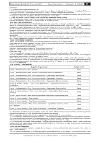 Disponibilização: Quinta-feira, 13 de Fevereiro de 2014

Caderno 1: Administrativo

Fortaleza, Ano IV - Edição 906

17

juramentado.
9.12 Cada título será considerado uma única vez.
9.13 Os pontos que excederem o valor máximo em cada alínea do Quadro de Atribuição de Pontos para a Avaliação de Títulos, bem
como os que excederem o limite de pontos estipulados no subitem 9.9.2 deste edital serão desconsiderados.
9.14 As informações a respeito de notas e classiﬁcações poderão ser acessadas por meio dos editais de resultados. Não serão fornecidas
informações que já constem dos editais ou fora dos prazos previstos nesses editais.
9.15 DOS RECURSOS CONTRA O RESULTADO PROVISÓRIO NA AVALIAÇÃO DE TÍTULOS
9.15.1 O candidato que desejar interpor recursos contra o resultado provisório na avaliação de títulos disporá de dois dias para fazê-lo,
conforme procedimentos disciplinados no respectivo edital de resultado provisório.
10 DA NOTA FINAL NO CONCURSO
10.1 A nota ﬁnal no concurso corresponderá à média ponderada das notas obtidas em cada prova, atribuindo-se: peso 1 à nota na prova
objetiva de conhecimentos básicos (P1), peso 3 à nota na prova objetiva de conhecimentos especíﬁcos (P2), peso 2 à nota da prova
discursiva (P3) e peso 1 à nota na prova de títulos (P4), conforme a fórmula: NFC = (P1 x 1) + (P2 x 3) + (P3 x 2) + (P4 x 1).
10.2 Os candidatos serão listados em ordem de classiﬁcação por cargo/área/especialidade, de acordo com os valores decrescentes das
notas ﬁnais no concurso, observados os critérios de desempate deste edital.
10.3 Os candidatos que, no ato da inscrição, se declararem com deﬁciência, se não eliminados no concurso e qualiﬁcados como
pessoa com deﬁciência, terão seus nomes publicados em lista à parte e ﬁgurarão também na lista de classiﬁcação geral por cargo/área/
especialidade.
10.4 Todos os cálculos concernentes às notas citados neste edital serão considerados até a segunda casa decimal, arredondando-se
para o número imediatamente superior se o algarismo da terceira casa decimal for igual ou superior a cinco.
11 DOS CRITÉRIOS DE DESEMPATE
11.1 Em caso de empate na nota ﬁnal no concurso, terá preferência o candidato que, na seguinte ordem:
a) tiver idade igual ou superior a sessenta anos, até o último dia de inscrição neste concurso, conforme artigo 27, parágrafo único, da Lei
nº 10.741, de 1º de outubro de 2003 (Estatuto do Idoso);
b) obtiver maior nota na prova discursiva P3;
c) obtiver a maior nota na prova objetiva de Conhecimentos Especíﬁcos P2;
d) obtiver a maior nota na prova objetiva de Conhecimentos Básicos P1;
e) tiver maior idade;
f) tiver exercido a função de jurado (conforme art. 440 do Código de Processo Penal e Resolução nº 122, do CNJ).
11.1.1 Os candidatos a que se refere à alínea “f” deste edital serão convocados, antes do resultado ﬁnal do concurso, para a entrega da
documentação que comprovará o exercício da função de jurado.
11.1.1.1 Para ﬁns de comprovação da função citada no subitem anterior, serão aceitas certidões, declarações, atestados ou outros
documentos públicos (original ou cópia autenticada em cartório) emitidos pelos Tribunais de Justiça Estaduais e Regionais Federais do
País, relativos ao exercício da função de jurado, nos termos do art. 440 do CPP, a partir de 10 de agosto de 2008, data da entrada em
vigor da Lei nº 11.689/2008.
12 DA LOTAÇÃO E DA NOMEAÇÃO
Cargo/Área/Especialidade

Lotação inicial

Cargo 1: Analista Judiciário – Área: Judiciária

Interior

Cargo 2: Analista Judiciário – Área: Judiciária – Especialidade: Execução de Mandados

Interior

Cargo 3: Analista Judiciário – Área: Técnico-Administrativa – Especialidade: Administração

Capital

Cargo 4: Analista Judiciário – Área: Técnico-Administrativa – Especialidade: Arquitetura

Capital

Cargo 5: Analista Judiciário – Área: Técnico-Administrativa – Especialidade: Ciências Contábeis

Capital

Cargo 6: Analista Judiciário – Área: Técnico-Administrativa – Especialidade: Ciências da
Computação

Capital

Cargo 7: Analista Judiciário – Área: Técnico-Administrativa – Especialidade: Engenharia Civil

Capital

Cargo 8: Analista Judiciário – Área: Técnico-Administrativa – Especialidade: Engenharia de
Produção

Capital

Cargo 9: Analista Judiciário – Área: Técnico-Administrativa – Especialidade: Engenharia Mecânica

Capital

Cargo 10: Técnico Judiciário – Área: Judiciária

Interior

Cargo 11: Técnico Judiciário – Área: Técnico-Administrativa

Capital

Cargo 12: Técnico Judiciário – Área: Técnico-Administrativa – Especialidade: Desenho Auxiliado
por Computador

Capital

Cargo 13: Técnico Judiciário – Área: Técnica-Administrativa – Especialidade: Ediﬁcações

Capital

12.1 O candidato classiﬁcado no concurso público poderá dele desistir, deﬁnitivamente ou temporariamente, mediante requerimento
endereçado à Presidência do TJ/CE, até o último dia útil anterior à data da posse.
12.2 O candidato que desistir deﬁnitivamente será, para todos os efeitos, excluído do concurso público.
12.3 O candidato que desistir temporariamente renunciará a sua classiﬁcação e será posicionado em último lugar na lista de aprovados.
12.4 Os candidatos classiﬁcados serão convocados para escolher, em audiência pública, observada a ordem de classiﬁcação, a localidade
onde terão exercício, dentre aquelas previamente deﬁnidas pela Presidência do Tribunal de Justiça.
12.5 O candidato que não atender, tempestivamente, a convocação prevista no subitem 12.4 deste edital perderá o direito a opção pela
localidade onde haja vaga e terá sua lotação deﬁnida pela Presidência do TJ/CE, dentre as vagas remanescentes consideradas as
disponibilizadas na audiência pública.
13 DAS DISPOSIÇÕES FINAIS
13.1 A inscrição do candidato implicará a aceitação das normas para o concurso público contidas nos comunicados, neste edital e em
outros a serem publicados.
13.2 É de inteira responsabilidade do candidato acompanhar a publicação de todos os atos, editais e comunicados referentes a este
Publicação Oficial do Tribunal de Justiça do Estado do Ceará - Lei Federal nº 11.419/06, art. 4º

 