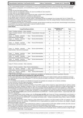 Disponibilização: Quinta-feira, 13 de Fevereiro de 2014

Caderno 1: Administrativo

10

Fortaleza, Ano IV - Edição 906

3.2 Ter a nacionalidade brasileira ou portuguesa e, no caso de nacionalidade portuguesa, estar amparado pelo estatuto de igualdade
entre brasileiros e portugueses, com reconhecimento do gozo dos direitos políticos, nos termos do § 1º do artigo 12 da Constituição
Federal.
3.3 Estar em gozo dos direitos políticos.
3.4 Estar quite com as obrigações militares, em caso de candidato do sexo masculino.
3.5 Estar quite com as obrigações eleitorais.
3.6 Possuir os requisitos exigidos para o exercício do cargo, conforme item 2 deste edital.
3.7 Ter idade mínima de dezoito anos completos na data da posse.
3.8 Ter aptidão física e mental para o exercício das atribuições do cargo.
3.9 Não haver sofrido, no exercício de função pública, a penalidade prevista no parágrafo único do artigo 200, da Lei nº 9.826/1974.
3.10 Apresentar certidão negativa de antecedentes criminais expedidas pelos Foros das Justiças Estadual, Federal e Eleitoral dos locais
de residência do candidato nos últimos 5 anos.
3.11 O candidato deverá declarar, na solicitação de inscrição, que tem ciência e aceita que, caso aprovado, deverá entregar os documentos
comprobatórios dos requisitos exigidos para o cargo por ocasião da posse.
3.12 Cumprir as determinações deste edital.
4 DAS VAGAS
Cargo/Área/Especialidade

Geral

Cargo 1: Analista Judiciário – Área: Judiciária
Cargo 2: Analista Judiciário – Área: Judiciária – Especialidade: Execução
de Mandados
Cargo 3: Analista Judiciário – Área: Técnico-Administrativa –
Especialidade: Administração
Cargo 4: Analista Judiciário – Área: Técnico-Administrativa –
Especialidade: Arquitetura

45

Candidatos com
deﬁciência
5

41

4

45

5

(*)

5

1

(*)

1

5

(*)

5

5

(*)

5

4

(*)

4

2

(*)

2

1

(*)

1

72

8

80

Cargo 5: Analista Judiciário –
Especialidade: Ciências Contábeis

Área:

Técnico-Administrativa

–

Cargo 6: Analista Judiciário – Área:
Especialidade: Ciência da Computação

Técnico-Administrativa

–

Cargo 7: Analista Judiciário – Área:
Especialidade: Engenharia Civil
Cargo 8: Analista Judiciário – Área:
Especialidade: Engenharia de Produção
Cargo 9: Analista Judiciário – Área:
Especialidade: Engenharia Mecânica

Técnico-Administrativa

–

Técnico-Administrativa

–

Técnico-Administrativa

–

Cargo 10: Técnico Judiciário – Área: Judiciária

Total
50

Cargo 11: Técnico Judiciário – Área: Técnico-Administrativa
34
3
37
Cargo 12: Técnico Judiciário – Área: Técnico-Administrativa –
2
(*)
2
Especialidade: Desenho Auxiliado por Computador
Cargo 13: Técnico Judiciário – Área: Técnico-Administrativa 1
(*)
1
Especialidade: Ediﬁcações
(*) Não há reserva de vagas para provimento imediato para candidatos com deﬁciência em razão do quantitativo oferecido.
5 DAS VAGAS DESTINADAS AOS CANDIDATOS COM DEFICIÊNCIA
5.1 Das vagas destinadas a cada cargo/área/especialidade e das que vierem a ser criadas durante o prazo de validade do concurso,
10% serão providas na forma da Lei Estadual nº 14.128, de 6 de junho de 2008, e do Decreto nº 3.298, de 20 de dezembro de 1999, e
suas alterações.
5.1.1 O candidato que se declarar com deﬁciência concorrerá em igualdade de condições com os demais candidatos.
5.2 Para concorrer a uma das vagas reservadas, o candidato deverá:
a) no ato da inscrição, declarar-se com deﬁciência;
b) encaminhar cópia simples do Cadastro de Pessoa Física (CPF) e laudo médico (original ou cópia autenticada em cartório), emitido
nos últimos doze meses, atestando a espécie e o grau ou nível da deﬁciência, com expressa referência ao código correspondente da
Classiﬁcação Internacional de Doenças (CID-10), bem como à provável causa da deﬁciência, na forma do subitem 5.2.1 deste edital.
5.2.1 O candidato com deﬁciência deverá enviar a cópia simples do CPF e o laudo médico (original ou cópia autenticada em cartório) a que
se refere a alínea “b” do subitem 5.2 deste edital, via SEDEX ou carta registrada com aviso de recebimento, postado impreterivelmente
até o dia 19 de março de 2014, para a Central de Atendimento do CESPE/UnB – TJCE/2013 (laudo médico) – Caixa Postal 4488, CEP
70904-970, Brasília/DF.
5.2.1.1 O candidato poderá, ainda, entregar, até o dia 19 de março de 2014, das 8 horas às 19 horas, pessoalmente ou por terceiro, a
cópia simples do CPF e o laudo médico (original ou cópia autenticada em cartório) a que se refere a alínea “b” do subitem 5.2 deste edital,
na Central de Atendimento do CESPE/UnB – Universidade de Brasília (UnB) – Campus Universitário Darcy Ribeiro, Sede do CESPE/
UnB – Asa Norte, Brasília/DF.
5.2.2 O fornecimento do laudo médico (original ou cópia autenticada em cartório) e da cópia simples do CPF, por qualquer via, é de
responsabilidade exclusiva do candidato. O CESPE/UnB não se responsabiliza por qualquer tipo de extravio que impeça a chegada
dessa documentação a seu destino.
5.2.3 O laudo médico (original ou cópia autenticada em cartório) e a cópia simples do CPF terão validade somente para este concurso
público e não serão devolvidos, assim como não serão fornecidas cópias dessa documentação.
5.3 O candidato com deﬁciência poderá requerer, na forma do subitem 6.4.9 deste edital, atendimento especial, no ato da inscrição, para
o dia de realização das provas, indicando as condições de que necessita para a realização dessas, conforme previsto no artigo 40, §§ 1º
e 2º, do Decreto nº 3.298/1999, e suas alterações.
Publicação Oficial do Tribunal de Justiça do Estado do Ceará - Lei Federal nº 11.419/06, art. 4º

 