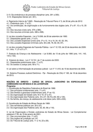 Página 43 de 50
3.13. Da sindicância e do processo disciplinar (arts. 291 a 300).
3.14. Disposições Gerais (art. 301).
4. Regimento Interno do TJMG - Resolução do Tribunal Pleno nº 3, de 26 de julho de 2012:
4.1. Preâmbulo (arts. 1º e 2º).
4.2. Da constituição, da organização e do funcionamento dos órgãos (arts. 3º a 9º, 12 a 15, 25
a 34).
4.3. Dos recursos cíveis (arts. 375 a 385).
4.4. Dos recursos criminais (arts. 486 a 498).
5. Lei dos Juizados Especiais - Lei nº 9.099, de 26 de setembro de 1995:
5.1. Disposições gerais (arts. 1º e 2º).
5.2. Dos Juizados Especiais Cíveis (arts. 3º a 12, 14 a 19, 34, 42, 52, 54).
5.3. Dos Juizados Especiais Criminais (arts. 60 a 68, 78, 82, 84, 87).
6. Lei dos Juizados Especiais da Fazenda Pública - Lei nº 12.153, de 22 de dezembro de 2009:
6.1. Arts. 1º, 2º e 5º a 7º.
7. Estatuto da Criança e do Adolescente – Lei 8.069, de 13 de julho de 1990 (arts. 141, 143,
144 e 152).
8. Estatuto do idoso - Lei nº 10.741, de 1º de outubro de 2003:
8.1. Disposições preliminares (arts. 1º e 2º).
8.2. Do acesso à Justiça (arts. 69 a 71).
9. Lei sobre a Informatização do processo judicial - Lei nº 11.419, de 19 de dezembro de 2006.
10. Sistema Processo Judicial Eletrônico - Pje - Resolução do CNJ nº 185, de 18 de dezembro
de 2013.
NOÇÕES DE DIREITO - CARGO DE OFICIAL JUDICIÁRIO DA ESPECIALIDADE
COMISSÁRIO DA INFÂNCIA E DA JUVENTUDE
Programa
1. Constituição da República Federativa do Brasil de 1988:
1.1. Dos princípios fundamentais (arts. 1º a 4º).
1.2. Dos direitos e garantias fundamentais (arts. 5º ao 13).
1.3. Da organização do Estado (arts.18 e 19, 37 a 41).
1.4. Da organização dos Poderes (arts. 44 a 47, 59,76 a 83, 92 a 135).
1.5. Da família, da criança, do adolescente e do idoso (arts. 226 a 230).
2. Constituição do Estado de Minas Gerais de 1989:
2.1. Dos servidores públicos (art. 20 a 37).
2.2. Da organização dos Poderes (arts. 52, 83, 96 a 118).
3. Lei de Organização e Divisão Judiciárias do Estado de Minas Gerais - Lei Complementar
estadual nº 59, de 18 de janeiro de 2001:
3.1. Das circunscrições (arts. 1º a 8º).
3.2. Dos órgãos de jurisdição (art. 9º).
3.3. Do Tribunal de Justiça (arts. 11 a 16, 23 a 26).
 