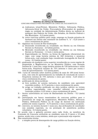 PODER JUDICIÁRIO
TRIBUNAL DE JUSTIÇA DE PERNAMBUCO
CONCURSO PÚBLICO PARA PROVIMENTO DE CARGO DE JUIZ SUBSTITUTO
29
a) Judicatura (Juiz/Pretor), Ministério Público, Defensoria Pública,
Advocacia-Geral da União, Procuradoria (Procurador) de qualquer
órgão ou entidade da Administração Pública direta ou indireta de
qualquer dos Poderes da União, dos Estados, do Distrito Federal e
dos Municípios - 0,5 (meio) ponto;
b) outro concurso público para cargo, emprego ou função privativa de
bacharel em Direito não constante do subitem V, "a" - 0,25 (vinte e
cinco centésimos) de ponto;
VI - diplomas em Cursos de Pós-Graduação:
a) Doutorado reconhecido ou revalidado: em Direito ou em Ciências
Sociais ou Humanas - 2,0 (dois) pontos;
b) Mestrado reconhecido ou revalidado: em Direito ou em Ciências
Sociais ou Humanas - 1,5 (um e meio) ponto;
c) Especialização em Direito, na forma da legislação educacional em
vigor, com carga horária mínima de 360 (trezentos e sessenta)
horas-aula, cuja avaliação haja considerado monografia de final de
curso - 0,5 (meio) ponto;
VII - graduação em qualquer curso superior reconhecido ou curso regular de
preparação à Magistratura ou ao Ministério Público, com duração
mínima de 1 (um) ano, carga horária mínima de 720 (setecentas e vinte)
horas-aula, frequência mínima de 75% (setenta e cinco por cento) e
nota de aproveitamento - 0,5 (meio) ponto;
VIII - curso de extensão sobre matéria jurídica de mais de 100 (cem) horas-
aula, com nota de aproveitamento ou trabalho de conclusão de curso e
frequência mínima de 75% (setenta e cinco por cento) - 0,25 (vinte e
cinco centésimos) de ponto;
IX - publicação de obras jurídicas:
a) livro jurídico de autoria exclusiva do candidato com apreciável
conteúdo jurídico - 0,75 (setenta e cinco centésimos) de ponto;
b) artigo ou trabalho publicado em obra jurídica coletiva ou revista
jurídica especializada, com conselho editorial, de apreciável
conteúdo jurídico: 0,25 (vinte e cinco centésimos) de ponto;
X - láurea universitária no curso de Bacharelado em Direito - 0,5 (meio)
ponto;
XI - participação em banca examinadora de concurso público para o
provimento de cargo da magistratura, Ministério Público, Advocacia
Pública, Defensoria Pública ou de cargo de docente em instituição
pública de ensino superior - 0,75 (setenta e cinco centésimos) de ponto;
XII - exercício, no mínimo durante 1 (um) ano, das atribuições de conciliador
nos juizados especiais, ou na prestação de assistência jurídica
voluntária - 0,5 (meio) ponto.
4. De acordo com o gabarito previsto para cada título, os membros da
Comissão de Concurso atribuirão ao candidato nota de 0 (zero) a 10 (dez)
pontos, sendo esta a nota máxima, ainda que a pontuação seja superior.
5. Não constituirão títulos:
I - a simples prova de desempenho de cargo público ou função eletiva;
 