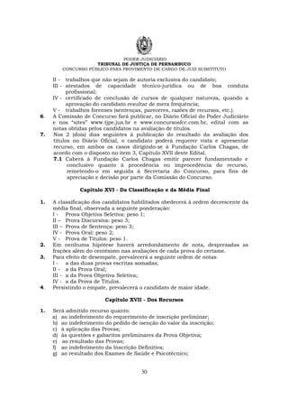 PODER JUDICIÁRIO
TRIBUNAL DE JUSTIÇA DE PERNAMBUCO
CONCURSO PÚBLICO PARA PROVIMENTO DE CARGO DE JUIZ SUBSTITUTO
30
II - trabalhos que não sejam de autoria exclusiva do candidato;
III - atestados de capacidade técnico-jurídica ou de boa conduta
profissional;
IV - certificado de conclusão de cursos de qualquer natureza, quando a
aprovação do candidato resultar de mera frequência;
V - trabalhos forenses (sentenças, pareceres, razões de recursos, etc.).
6. A Comissão de Concurso fará publicar, no Diário Oficial do Poder Judiciário
e nos “sites” www.tjpe.jus.br e www.concursosfcc.com.br, edital com as
notas obtidas pelos candidatos na avaliação de títulos.
7. Nos 2 (dois) dias seguintes à publicação do resultado da avaliação dos
títulos no Diário Oficial, o candidato poderá requerer vista e apresentar
recurso, em ambos os casos dirigindo-se à Fundação Carlos Chagas, de
acordo com o disposto no item 3, Capítulo XVII deste Edital.
7.1 Caberá à Fundação Carlos Chagas emitir parecer fundamentado e
conclusivo quanto à procedência ou improcedência do recurso,
remetendo-o em seguida à Secretaria do Concurso, para fins de
apreciação e decisão por parte da Comissão do Concurso.
Capítulo XVI - Da Classificação e da Média Final
1. A classificação dos candidatos habilitados obedecerá à ordem decrescente da
média final, observada a seguinte ponderação:
I - Prova Objetiva Seletiva: peso 1;
II – Prova Discursiva: peso 3;
III – Prova de Sentença: peso 3;
IV - Prova Oral: peso 2;
V - Prova de Títulos: peso 1.
2. Em nenhuma hipótese haverá arredondamento de nota, desprezadas as
frações além do centésimo nas avaliações de cada prova do certame.
3. Para efeito de desempate, prevalecerá a seguinte ordem de notas:
I - a das duas provas escritas somadas;
II - a da Prova Oral;
III - a da Prova Objetiva Seletiva;
IV - a da Prova de Títulos.
4. Persistindo o empate, prevalecerá o candidato de maior idade.
Capítulo XVII - Dos Recursos
1. Será admitido recurso quanto:
a) ao indeferimento do requerimento de inscrição preliminar;
b) ao indeferimento do pedido de isenção do valor da inscrição;
c) à aplicação das Provas;
d) às questões e gabaritos preliminares da Prova Objetiva;
e) ao resultado das Provas;
f) ao indeferimento da Inscrição Definitiva;
g) ao resultado dos Exames de Saúde e Psicotécnico;
 