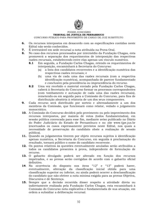 PODER JUDICIÁRIO
TRIBUNAL DE JUSTIÇA DE PERNAMBUCO
CONCURSO PÚBLICO PARA PROVIMENTO DE CARGO DE JUIZ SUBSTITUTO
32
6. Os recursos interpostos em desacordo com as especificações contidas neste
Edital não serão conhecidos.
7. É irretratável em sede recursal a nota atribuída na Prova Oral.
8. No caso dos recursos processados por intermédio da Fundação Chagas, esta
promoverá a separação dos requerimentos de interposição das respectivas
razões recursais, estabelecendo entre elas apenas um vínculo numérico.
8.1 Em seguida, a Fundação Carlos Chagas, retendo os requerimentos de
interposição, encaminhará à Secretaria do Concurso:
(a) a lista dos candidatos recorrentes e a identificação numérica das
respectivas razões recursais; e
(b) uma via de cada uma das razões recursais (com a respectiva
identificação numérica), acompanhada de parecer fundamentado
e conclusivo pela procedência ou improcedência do recurso.
8.2 Uma vez recebido o material enviado pela Fundação Carlos Chagas,
caberá à Secretaria do Concurso formar os processos correspondentes
(com tombamento e autuação de cada uma das razões recursais),
remetendo-os em seguida para a Comissão do Concurso, para fins de
distribuição aleatória à relatoria de um dos seus componentes.
9. Cada recurso será distribuído por sorteio e alternadamente a um dos
membros da Comissão, que funcionará como relator, vedado o julgamento
monocrático.
10. A Comissão do Concurso decidirá pelo provimento ou pelo improvimento dos
recursos interpostos, por maioria de votos (todos fundamentados), em
sessão pública convocada para esse fim, mediante aviso publicado no Diário
do Poder Judiciário do Estado de Pernambuco e no site www.tjpe.jus.br
(excetuados os casos expressamente previstos neste Edital, nos quais a
necessidade de preservação do candidato obste a realização de sessão
pública).
11. Quando os julgamentos tiverem por objeto recursos sujeitos à identificação
apenas numérica, a Secretaria do Concurso, em seguida à proclamação do
resultado, tornará público o nome do candidato recorrente.
12. Os pontos relativos às questões eventualmente anuladas serão atribuídos a
todos os candidatos presentes à prova, independente de formulação de
recurso.
13. O gabarito divulgado poderá ser alterado em função dos recursos
impetrados, e as provas serão corrigidas de acordo com o gabarito oficial
definitivo.
14. Na ocorrência do disposto nos itens “12” e “13” poderá haver,
eventualmente, alteração da classificação inicial obtida para uma
classificação superior ou inferior, ou ainda poderá ocorrer a desclassificação
do candidato que não obtiver a nota mínima exigida para as provas Objetiva,
Discursiva e de Sentença.
15. Sempre que a decisão recorrida disser respeito a atividade direta ou
indiretamente realizada pela Fundação Carlos Chagas, esta encaminhará à
Comissão do Concurso nota explicativa e fundamentada de sua atuação, em
ordem a subsidiar a deliberação recursal.
 