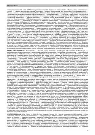 Edição nº 126/2017 Recife - PE, sexta-feira, 14 de julho de 2017
53
sentido amplo e em sentido estrito. 2.2 Administração Pública em sentido objetivo e em sentido subjetivo. 3 Regime jurídico - administrativo. 3.1
Conceito. 3.2 Conteúdo: supremacia do interesse público sobre o privado e indisponibilidade, pela Administração, dos interesses púbicos. 3.3
Princípios expressos e implícitos da Administração Pública. 3.4 Jurisprudência aplicada dos tribunais superiores. 4 Organização administrativa. 4.1
Centralização, descentralização, concentração e desconcentração. 4.2 Administração direta. 4.2.1 Conceito. 4.2.2 Órgão público: conceito; teorias
sobre as relações do Estado com os agentes públicos; características; e classificação. 4.3 Administração indireta. 4.3.1 Conceito. 4.3.2 Autarquias.
4.3.3 Agências reguladoras. 4.3.4 Agências executivas. 4.3.5 Fundações públicas. 4.3.6 Empresas públicas. 4.3.7 Sociedades de economia
mista. 4.3.8 Consórcios públicos. 4.4 Entidades paraestatais e terceiro setor. 4.4.1 Serviços sociais autônomos. 4.4.2 Entidades de apoio. 4.4.3
Organizações sociais. 4.4.4 Organizações da Sociedade Civil de Interesse Público (OSCIP). 4.5 Jurisprudência aplicada dos tribunais superiores.
5 Atos administrativos. 5.1 Conceito. 5.2 Fatos da administração, atos da administração e atos administrativos. 5.3 Requisitos ou elementos. 5.4
Atributos. 5.5 Classificação. 5.6 Atos administrativos em espécie. 5.7 Extinção dos atos administrativos: revogação, anulação e cassação. 5.8
Convalidação. 5.9 Vinculação e discricionariedade. 5.10 Atos administrativos nulos, anuláveis e inexistentes. 5.11 Decadência administrativa. 5.12
Jurisprudência aplicada dos tribunais superiores. 6 Processo administrativo. 6.1 Lei nº 9.784/1999. 6.2 Disposições doutrinárias aplicáveis. 6.3
Jurisprudência aplicada dos tribunais superiores. 7 Poderes e deveres da administração pública: 7.1 Poder regulamentar. 7.2 Poder hierárquico.
7.3 Poder disciplinar. 7.4 Poder de polícia. 7.5 Dever de agir. 7.6 Dever de eficiência. 7.7 Dever de probidade. 7.8 Dever de prestação de contas.
7.9 Uso e abuso do poder. 7.10 Jurisprudência aplicada dos tribunais superiores. 8 Licitações. 8.1 Legislação pertinente. 8.1.1 Lei nº 8.666/1993 e
suas alterações. 8.1.2 Lei nº 10.520/2002 e demais disposições normativas relativas ao pregão. 8.1.3 Decreto nº 7.892/2013 (sistema de registro
de preços). 8.1.4 Lei nº 12.462/2011 e suas alterações (Regime Diferenciado de Contratações Públicas). 8.1.5 Fundamentos constitucionais.
8.2 Disposições doutrinárias. 8.2.1 Conceito. 8.2.3 Objeto e finalidade. 8.2.4 Destinatários. 8.2.5 Princípios. 8.2.6 Contratação direta: dispensa
e inexigibilidade. 8.2.7 Modalidades. 8.2.8 Tipos. 8.2.9 Procedimento. 8.2.10 Anulação e revogação. 8.2.11 Sanções administrativas. 8.3
Jurisprudência aplicada dos tribunais superiores. 9 Contratos administrativos. 9.1 Legislação pertinente. 9.1.1 Lei nº 8.666/1993 e suas alterações.
9.1.2 Lei nº 11.107/2005 e Decreto nº 6.017/2007 (consórcios públicos). 9.2 Disposições doutrinárias. 9.2.1 Conceito. 9.2.2 Características. 9.2.3
Vigência. 9.2.4 Alterações contratuais. 9.2.5 Execução, inexecução e rescisão. 9.2.6 Convênios e instrumentos congêneres. 9.2.7 Consórcios
públicos. 9.3 Jurisprudência aplicada dos tribunais superiores. 10 Controle da Administração Pública. 10.1 Conceito. 10.2 Classificação das formas
de controle. 10.2.1 Conforme a origem. 10.2.2 Conforme o momento a ser exercido. 10.2.3 Conforme a amplitude. 10.3 Controle exercido pela
Administração Pública. 10.4 Controle legislativo. 10.5 Controle judicial. 10.6 Jurisprudência aplicada dos tribunais superiores. 11 Improbidade
administrativa: Jurisprudência aplicada dos tribunais superiores. 12 Agentes públicos: Jurisprudência aplicada dos tribunais superiores.
DIREITO CONSTITUCIONAL: 1 Constituição. 1.1 Conceito, objeto, elementos e classificações. 1.2 Supremacia da Constituição. 1.3
Aplicabilidade das normas constitucionais. 1.4 Interpretação das normas constitucionais. 1.4.1 Métodos, princípios e limites. 2 Poder constituinte.
2.1 Características. 2.2 Poder constituinte originário. 2.3 Poder constituinte derivado. 3 Princípios fundamentais. 4 Direitos e garantias
fundamentais. 4.1 Direitos e deveres individuais e coletivos. 4.2 Habeas corpus , mandado de segurança, mandado de injunção e habeas
data . 4.3 Direitos sociais. 4.4 Nacionalidade. 4.5 Direitos políticos. 4.6 Partidos políticos. 5 Organização do Estado. 5.1 Organização político
- administrativa. 5.2 Estado federal brasileiro. 5.3 A União. 5.4 Estados federados. 5.5 Municípios. 5.6 O Distrito Federal. 5.7 Territórios. 6
Administração Pública. 6.1 Disposições gerais. 6.2 Servidores públicos. 7 Organização dos poderes no Estado. 7.1 Mecanismos de freios e
contrapesos. 7.2 Poder legislativo. 7.2.1 Estrutura, funcionamento e atribuições. 7.2.2 Fiscalização contábil, financeira e orçamentária. 7.2.3
Tribunal de Contas da União (TCU). 7.2.4 Processo legislativo. 7.2.5 Prerrogativas parlamentares. 7.3 Poder Executivo. 7.3.1 Presidente da
República. 7.3.1.1 Atribuições, prerrogativas e responsabilidades. 7.3.2 Ministros de Estado. 7.3.3 Conselho da República e de Defesa Nacional.
7.4 Poder Judiciário. 7.4.1 Disposições gerais. 7.4.2 Órgãos do Poder Judiciário. 7.4.2.1 Organização e competências. 7.4.3 Conselho Nacional
de Justiça (CNJ). 8 Funções essenciais à Justiça. 8.1 Ministério Público. 8.1.1 Princípios, garantias, vedações, organização e competências. 8.2
Advocacia Pública. 8.3 Defensoria Pública. 9 Controle da constitucionalidade. 9.1 Sistemas gerais e sistema brasileiro. 9.2 Controle incidental
ou concreto. 9.3 Controle abstrato de constitucionalidade. 9.4 Exame in abstractu da constitucionalidade de proposições legislativas. 9.5 Ação
declaratória de constitucionalidade. 9.6 Ação direta de inconstitucionalidade. 9.7 Arguição de descumprimento de preceito fundamental. 9.8
Ação direta de inconstitucionalidade por omissão. 9.9 Ação direta de inconstitucionalidade interventiva. 9.10 Controle concreto e abstrato de
constitucionalidade do direito municipal. 10 Defesa do Estado e das instituições democráticas. 11 Finanças públicas. 11.1 Normas gerais. 11.2
Orçamentos. 12 Ordem econômica e financeira. 12.1 Princípios gerais da atividade econômica. 13 Sistema Financeiro Nacional.
DIREITO CIVIL: 1 Lei de introdução às normas do direito brasileiro. 1.1 Vigência, aplicação, obrigatoriedade, interpretação e integração das leis.
1.2 Conflito das leis no tempo. 1.3 Eficácia das leis no espaço. 2 Pessoas naturais. 2.1 Conceito. 2.2 Início da pessoa natural. 2.3 Personalidade.
2.4 Capacidade. 2.5 Direitos da personalidade. 2.6 Nome civil. 2.7 Estado civil. 2.8 Domicílio. 2.9 Ausência. 3 Pessoas jurídicas. 3.1 Disposições
Gerais. 3.2 Conceito e Elementos Caracterizadores. 3.3 Constituição. 3.4 Extinção. 3.5 Capacidade e direitos da personalidade. 3.6 Domicílio. 3.7
Sociedades de fato. 3.8 Associações. 3.9 Sociedades. 3.10 Fundações. 3.11 Grupos despersonalizados. 3.12 Desconsideração da personalidade
jurídica. 3.13 Responsabilidade da pessoa jurídica e dos sócios. 4 Bens. 4.1 Diferentes classes. 4.2 Bens Corpóreos e incorpóreos. 4.3 Bens
no comércio e fora do comércio. 5 Fato jurídico. 6 Negócio jurídico. 6.1 Disposições gerais. 6.2 Classificação e interpretação. 6.3 Elementos.
6.4 Representação. 6.5 Condição, termo e encargo. 6.6 Defeitos do negócio jurídico. 6.7 Existência, eficácia, validade, invalidade e nulidade
do negócio jurídico. 6.8 Simulação. 7 Atos jurídicos lícitos e ilícitos. 8 Prescrição e decadência. 9 Prova do fato jurídico. 10 Obrigações. 10.1
Características. 10.2 Elementos 10.3 Princípios. 10.4 Boa - fé. 10.5 Obrigação complexa (a obrigação como um processo). 10.6 Obrigações de dar.
10.7 Obrigações de fazer e de não fazer. 10.8 Obrigações alternativas e facultativas. 10.9 Obrigações divisíveis e indivisíveis. 10.10 Obrigações
solidárias. 10.11 Obrigações civis e naturais, de meio, de resultado e de garantia. 10.12 Obrigações de execução instantânea, diferida e
continuada. 10.13 Obrigações puras e simples, condicionais, a termo e modais. 10.14 Obrigações líquidas e ilíquidas. 10.15 Obrigações principais
e acessórias. 10.16 Transmissão das obrigações. 10.17 Adimplemento e extinção das obrigações. 10.18 Inadimplemento das obrigações. 11
Contratos. 11.1 Princípios. 11.2 Classificação. 11.3 Contratos em geral. 11.4 Disposições gerais. 11.5 Interpretação. 11.6 Extinção. 11.7 Espécies
de contratos regulados no Código Civil. 12 Atos unilaterais. 13 Responsabilidade civil. 14 Direitos reais. 14.1 Disposições gerais. 14.2 Propriedade.
14.3 Superfície. 14.4 Servidões. 14.5 Usufruto. 14.6 Uso. 14.7 Habitação. 14.8 Direito do promitente comprador. 15 Direito de família. 15.1
Casamento. 15.2 Relações de parentesco. 15.3 Regime de bens entre os cônjuges. 15.4 Usufruto e administração dos bens de filhos menores.
15.5 alimentos. 15.6 Bem de família. 15.7 União estável. 15.8 Concubinato. 15.9 Tutela. 15.10 Curatela. 16 Lei nº 10.741/2003 (Estatuto do Idoso).
17 Lei nº 8.245/1991 e suas alterações (Locação de imóveis urbanos). 17.1 Disposições gerais, locação em geral, sublocações, aluguel, deveres
do locador e do locatário, direito de preferência, benfeitorias, garantias locatícias, penalidades civis, nulidades, locação residencial, locação para
temporada, locação não residencial.
DIREITO PROCESSUAL CIVIL: 1 Lei nº 13.105/2015 – Novo Código de Processo Civil. 2 Normas processuais civis. 3 A jurisdição. 4 A Ação.
4.1 Conceito, natureza, elementos e características. 4.2 Condições da ação. 4.3 Classificação. 5 Pressupostos processuais. 6 Preclusão. 7
Sujeitos do processo. 7.1 Capacidade processual e postulatória. 7.2 Deveres das partes e procuradores. 7.3 Procuradores. 7.4 Sucessão das
partes e dos procuradores. 7.5 Litisconsórcio. 8 Intervenção de terceiros. 9 Poderes, deveres e responsabilidade do juiz. 10 Ministério Público. 11
Advocacia Pública. 12 Defensoria pública. 13 Atos processuais. 13.1 Forma dos atos. 13.2 Tempo e lugar. 13.3 Prazos. 13.4 Comunicação dos
atos processuais. 13.5 Nulidades. 13.6 Distribuição e registro. 13.7 Valor da causa. 14 Tutela provisória. 14.1 Tutela de urgência. 14.2 Disposições
gerais. 15 Formação, suspensão e extinção do processo. 16 Processo de conhecimento e do cumprimento de sentença. 16.1 Procedimento
comum. 16.2 Disposições Gerais. 16.3 Petição inicial. 16.4 Improcedência liminar do pedido. 16.5 Audiência de conciliação ou de mediação. 16.6
Contestação, reconvenção e revelia. 16.7 Audiência de instrução e julgamento. 16.8 Providências preliminares e saneamento. 16.9 Julgamento
 