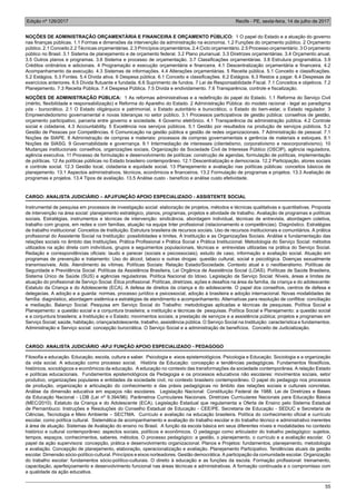 Edição nº 126/2017 Recife - PE, sexta-feira, 14 de julho de 2017
55
NOÇÕES DE ADMINISTRAÇÃO ORÇAMENTÁRIA E FINANCEIRA E ORÇAMENTO PÚBLICO: 1 O papel do Estado e a atuação do governo
nas finanças públicas. 1.1 Formas e dimensões da intervenção da administração na economia. 1.2 Funções do orçamento público. 2 Orçamento
público. 2.1 Conceito 2.2 Técnicas orçamentárias. 2.3 Princípios orçamentários. 2.4 Ciclo orçamentário. 2.5 Processo orçamentário. 3 O orçamento
público no Brasil. 3.1 Sistema de planejamento e de orçamento federal. 3.2 Plano plurianual. 3.3 Diretrizes orçamentárias. 3.4 Orçamento anual.
3.5 Outros planos e programas. 3.6 Sistema e processo de orçamentação. 3.7 Classificações orçamentárias. 3.8 Estrutura programática. 3.9
Créditos ordinários e adicionais. 4 Programação e execução orçamentária e financeira. 4.1 Descentralização orçamentária e financeira. 4.2
Acompanhamento da execução. 4.3 Sistemas de informações. 4.4 Alterações orçamentárias. 5 Receita pública. 5.1 Conceito e classificações.
5.2 Estágios. 5.3 Fontes. 5.4 Dívida ativa. 6 Despesa pública. 6.1 Conceito e classificações. 6.2 Estágios. 6.3 Restos a pagar. 6.4 Despesas de
exercícios anteriores. 6.5 Dívida flutuante e fundada. 6.6 Suprimento de fundos. 7 Lei de Responsabilidade Fiscal. 7.1 Conceitos e objetivos. 7.2
Planejamento. 7.3 Receita Pública. 7.4 Despesa Pública. 7.5 Dívida e endividamento. 7.6 Transparência, controle e fiscalização.
NOÇÕES DE ADMINISTRAÇÃO PÚBLICA: 1 As reformas administrativas e a redefinição do papel do Estado. 1.1 Reforma do Serviço Civil
(mérito, flexibilidade e responsabilização) e Reforma do Aparelho do Estado. 2 Administração Pública: do modelo racional - legal ao paradigma
pós - burocrático. 2.1 O Estado oligárquico e patrimonial, o Estado autoritário e burocrático, o Estado do bem-estar, o Estado regulador. 3
Empreendedorismo governamental e novas lideranças no setor público. 3.1 Processos participativos de gestão pública: conselhos de gestão,
orçamento participativo, parceria entre governo e sociedade. 4 Governo eletrônico. 4.1 Transparência da administração pública. 4.2 Controle
social e cidadania. 4.3 Accountability. 5 Excelência nos serviços públicos. 5.1 Gestão por resultados na produção de serviços públicos. 5.2
Gestão de Pessoas por Competências. 6 Comunicação na gestão pública e gestão de redes organizacionais. 7 Administração de pessoal. 7.1
Noções de SIAPE. 8 Administração de compras e materiais: processos de compras governamentais e gerência de materiais e estoques. 8.1
Noções de SIASG. 9 Governabilidade e governança. 9.1 Intermediação de interesses (clientelismo, corporativismo e neocorporativismo). 10
Mudanças institucionais: conselhos, organizações sociais, Organização da Sociedade Civil de Interesse Público (OSCIP), agência reguladora,
agência executiva. 11 Processo de formulação e desenvolvimento de políticas: construção de agendas, formulação de políticas, implementação
de políticas. 12 As políticas públicas no Estado brasileiro contemporâneo. 12.1 Descentralização e democracia. 12.2 Participação, atores sociais
e controle social. 12.3 Gestão local, cidadania e equidade social. 13 Planejamento e avaliação nas políticas públicas: conceitos básicos de
planejamento. 13.1 Aspectos administrativos, técnicos, econômicos e financeiros. 13.2 Formulação de programas e projetos. 13.3 Avaliação de
programas e projetos. 13.4 Tipos de avaliação. 13.5 Análise custo - benefício e análise custo efetividade.
CARGO: ANALISTA JUDICIÁRIO – APJ/FUNÇÃO APOIO ESPECIALIZADO - ASSISTENTE SOCIAL
Instrumental de pesquisa em processos de investigação social: elaboração de projetos, métodos e técnicas qualitativas e quantitativas. Proposta
de intervenção na área social: planejamento estratégico, planos, programas, projetos e atividade de trabalho. Avaliação de programas e políticas
sociais. Estratégias, instrumentos e técnicas de intervenção: sindicância, abordagem individual, técnicas de entrevista, abordagem coletiva,
trabalho com grupos, em redes e com famílias, atuação na equipe Inter profissional (relacionamento e competências). Diagnóstico. Estratégias
de trabalho institucional: Conceitos de Instituição. Estrutura brasileira de recursos sociais. Uso de recursos institucionais e comunitários. A prática
profissional do Assistente Social na Instituição: possibilidades e limites. A Instituição e as Organizações Sociais. Análise e fundamentação das
relações sociais no âmbito das Instituições. Prática Profissional x Prática Social x Prática Institucional. Metodologia do Serviço Social: métodos
utilizados na ação direta com indivíduos, grupos e seguimentos populacionais, técnicas e entrevistas utilizadas na prática do Serviço Social.
Redação e correspondências oficiais: laudo e parecer (sociais e psicossociais), estudo de caso, informação e avaliação social. Atuação em
programas de prevenção e tratamento: Uso do álcool, tabaco e outras drogas: questão cultural, social e psicológica. Doenças sexualmente
transmissíveis. Aids. Atendimento às vítimas. Políticas Sociais: Relação Estado/Sociedade. Contexto atual e o neoliberalismo. Políticas de
Seguridade e Previdência Social. Políticas da Assistência Brasileira, Lei Orgânica de Assistência Social (LOAS). Políticas de Saúde Brasileira,
Sistema Único de Saúde (SUS) e agências reguladoras. Política Nacional do Idoso. Legislação de Serviço Social: Níveis, áreas e limites de
atuação do profissional de Serviço Social. Ética profissional. Políticas, diretrizes, ações e desafios na área da família, da criança e do adolescente:
Estatuto da Criança e do Adolescente (ECA). A defesa de direitos da criança e do adolescente. O papel dos conselhos, centros de defesa e
delegacias. A adoção e a guarda: normas, processo jurídico e psicossocial, adoção à brasileira e adoção internacional. Novas modalidades de
família: diagnóstico, abordagem sistêmica e estratégias de atendimento e acompanhamento. Alternativas para resolução de conflitos: conciliação
e mediação. Balanço Social. Pesquisa em Serviço Social do Trabalho: metodologias aplicadas e técnicas de pesquisas. Política Social e
Planejamento: a questão social e a conjuntura brasileira; a instituição e técnicas de pesquisas. Política Social e Planejamento: a questão social
e a conjuntura brasileira; a Instituição e o Estado; movimentos sociais; a prestação de serviços e a assistência pública; projetos e programas em
Serviço Social; saúde, habitação, criança/adolescente, trabalho, assistência pública. O Serviço Social na Instituição: característica e fundamentos.
Administração e Serviço social: concepção burocrática. O Serviço Social e a administração de benefícios. Conceito de Judicialização.
CARGO: ANALISTA JUDICIÁRIO -APJ/ FUNÇÃO APOIO ESPECIALIZADO - PEDAGOGO
Filosofia e educação. Educação, escola, cultura e saber. Psicologia e eixos epistemológicos. Psicologia e Educação. Sociologia e a organização
da vida social. A educação como processo social. História da Educação: concepção e tendências pedagógicas. Fundamentos filosóficos,
históricos, sociológicos e econômicos da educação. A educação no contexto das transformações da sociedade contemporânea. A relação Estado
e políticas educacionais. Fundamentos epistemológicos da Pedagogia e os processos educativos não escolares: movimentos sociais, setor
produtivo, organizações populares e entidades da sociedade civil, no contexto brasileiro contemporâneo. O papel do pedagogo nos processos
de produção, organização e articulação do conhecimento e das práxis pedagógicas no âmbito das relações sociais e culturais concretas.
Análise da dimensão educativa em espaços não escolares. Legislação Nacional: Constituição Federal de 1988. Lei de Diretrizes e Bases
da Educação Nacional - LDB (Lei nº 9.394/96). Parâmetros Curriculares Nacionais. Diretrizes Curriculares Nacionais para Educação Básica
(MEC/2010). Estatuto da Criança e do Adolescente (ECA). Legislação Estadual que regulamenta a Oferta de Ensino pelo Sistema Estadual
de Pernambuco: Instruções e Resoluções do Conselho Estadual de Educação - CEE/PE. Secretaria de Educação - SEDUC e Secretaria de
Ciências, Tecnologia e Meio Ambiente – SECTMA. Currículo e avaliação na educação brasileira. Política do conhecimento oficial e currículo
escolar, como política cultural. Sistemática de acompanhamento e avaliação do trabalho escolar e do trabalho técnico e administrativo inerentes
à área de atuação. Sistemas de Avaliação do ensino no Brasil. A função da escola básica em seus diferentes níveis e modalidades no contexto
histórico e cultural contemporâneo: aspectos sociais, políticos e econômicos. O pedagogo como articulador do trabalho pedagógico: sujeitos,
tempos, espaços, conhecimentos, saberes, métodos. O processo pedagógico: a gestão, o planejamento, o currículo e a avaliação escolar. O
papel da ação supervisora: concepção, prática e desenvolvimento organizacional. Planos e Projetos: fundamentos, planejamento, metodologia
e avaliação. Concepção de planejamento, elaboração, operacionalização e avaliação. Planejamento Participativo. Tendências atuais da gestão
escolar. Dimensão sócio-político-cultural. Princípios e eixos norteadores. Gestão democrática. A participação da comunidade escolar. Organização
do trabalho escolar: fundamentos sócio-político-culturais. O direito à educação e as funções da escola. Formação profissional: treinamento,
capacitação, aperfeiçoamento e desenvolvimento funcional nas áreas técnicas e administrativas. A formação continuada e o compromisso com
a qualidade da ação educativa.
 