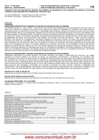 Data: 04/01/2012 20:03:04. Local: TJ-RJ

Ano 4 – nº 84/2012                                             Data de Disponibilização: quarta-feira, 4 de janeiro
Caderno I – Administrativo                                     Data de Publicação: quinta-feira, 5 de janeiro                                         136
Tribunal Do Júri; Da Instrução Em Plenário; Dos Debates; Do Questionário E Sua Votação; Da Sentença; Da Ata Dos
Trabalhos; Das Atribuições Do Presidente Do Tribunal Do Júri.

Lei Federal 9099/1995 – Juizados Especiais Cíveis e Criminais
Lei Federal 12153/2009 – Juizados da Fazenda Pública



Grupo III
Legislação
LEGISLAÇÃO ESPECÍFICA DO TRIBUNAL DE JUSTIÇA DO ESTADO DO RIO DE JANEIRO
Consolidação Normativa - Parte Judicial - Dos Deveres; Dos Deveres Dos Responsáveis Pelo Gerenciamento Das Serventias; Do
Horário De Trabalho; Da Ausência Do Escrivão E Da Vacância Da Função; Da Expedição De Certidões. Das Custas Judiciais;
Disposições Gerais; Do Recolhimento Das Custas E A Certificação Pelas Serventias Judiciais. Dos Serviços Judiciais; Das Escrivanias;
Da Administração Interna; Do Processamento Integrado E Do Escrivão; Da Documentação Em Geral; Dos Livros; Das Relações Com
Os Representantes Do Ministério Público, Da Advocacia Pública, Da Defensoria Pública E Advogados; Da Autuação E Da Formação
Dos Autos Do Processo; Das Citações E Intimações; Do Órgão Oficial De Publicação; Dos Depósitos Judiciais; Da Certidão De Débito;
Da Atualização De Dados; Do Arquivamento; Das Petições; Da Consulta Ao Serviço De Arquivo – Sarq; Da Carta Precatória
Eletrônica; Das Rotinas De Processamento; Das Rotinas Aplicáveis Às Serventias Judiciais Em Geral; Das Rotinas Aplicáveis Às
Serventias Das Varas Com Competência Cível; Das Rotinas Aplicáveis Às Serventias Das Varas Com Competência De Família; Das
Rotinas Aplicáveis Às Serventias Das Varas Com Competência De Infância E Juventude; Das Rotinas Aplicáveis Às Serventias Das
Varas Com Competência De Idoso; Das Rotinas Aplicáveis Às Serventias Das Varas Com Competência Criminal; Das Rotinas
Aplicáveis Às Serventias Dos Tribunais Do Júri; Das Rotinas Aplicáveis Aos Juizados Da Violência Doméstica E Familiar Contra A
Mulher; Das Rotinas Aplicáveis Às Serventias Das Varas Com Competência Orfanalógica; Das Rotinas A