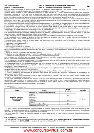 Data: 04/01/2012 20:01:50. Local: TJ-RJ

Ano 4 – nº 84/2012                                             Data de Disponibilização: quarta-feira, 4 de janeiro
Caderno I – Administrativo                                     Data de Publicação: quinta-feira, 5 de janeiro                                          70
Concurso Público do Tribunal de Justiça/Rio de Janeiro - Av. Professor Francisco Morato, 1565, Jardim Guedala - São Paulo - SP -
CEP 05513-900), considerando, para este efeito, a data da postagem, os documentos a seguir:
a) Laudo Médico (original ou cópia autenticada) expedido no prazo máximo de 12 (doze) meses antes do término das inscrições,
atestando a espécie e o grau ou nível de deficiência, com expressa referência ao código correspondente da Classificação
Internacional de Doença – CID, bem como a provável causa da deficiência, inclusive para assegurar previsão de adaptação da sua
prova, informando, também, o seu nome, documento de identidade (RG), número do CPF e opção de Cargo;
b) O candidato com deficiência visual, que necessitar, além do envio da documentação indicada na letra “a” deste item, deverá
solicitar, por escrito, até o término das inscrições, a confecção de prova especial em Braile ou Ampliada, ou ainda, a necessidade da
leitura de sua prova, especificando o tipo de deficiência;
c) O candidato com deficiência auditiva, que necessitar de atendimento do Intérprete de Língua Brasileira de Sinais, deverá solicitar,
por escrito, até o término das inscrições, além de enviar a documentação indicada na letra “a” deste item;
d) O candidato com deficiência que necessitar de tempo adicional para realização das provas, além do envio da documentação
indicada na letra “a” deste item, deverá encaminhar solicitação, por escrito, até o término das inscrições, com justificativa
acompanhada de parecer emitido por especialista da área de sua deficiência.
5.1 Aos deficientes visuais (cegos e de baixa visão) que solicitarem prova especial em Braile serão oferecidas provas nesse sistema e
suas respostas deverão ser transcritas também em Braile. Os referidos candidatos deverão levar para esse fim, no dia da aplicação
da prova, reglete e punção podendo, ainda, utilizar-se de soroban.
5.2 Aos deficientes visuais (de baixa visão) que solicitarem prova especial Ampliada serão oferecidas provas nesse sistema.
5.2.1 O candidato deverá indicar o tamanho da fonte de sua prova Ampliada, entre 18, 24 ou 28. Não havendo indicação de
tamanho de fonte, a prova será confeccionada em fonte 24.
5.3 Os deficientes visuais (cegos ou de baixa visão), que solicitarem prova especial por meio da utilização de software, deverão
indicar um dos relacionados a seguir:
5.3.1 Dos Vox (sintetizador de voz);
5.3.2 Jaws (Leitor de Tela);
5.3.3 ZoomText (Ampliação ou Leitura).
6. Os candidatos que, dentro do período das inscrições, não atenderem aos dispositivos mencionados no item 5 e seus subitens
serão considerados como pessoas sem deficiência e não terão a prova e/ou condições especiais atendidas, seja qual for o motivo
alegado.
7. No ato da inscrição o candidato com deficiência deverá:
7.1 Declarar conhecer o Decreto Federal nº 3.298/99 e o Decreto Federal nº 5.296/2004.
7.2 Informar se deseja concorrer às vagas reservadas aos candidatos com deficiência.
8. O candidato com deficiência que não realizar a inscrição conforme instruções constantes deste Capítulo terá indeferido eventual
recurso administrativo impetrado em favor de sua condição.
9. O candidato com deficiência, se classificado na forma deste Edital, além de figurar na lista de classificação geral, terá seu nome
constante da lista específica de candidatos com deficiência.
10. As vagas definidas no item 2 deste Capítulo que não forem providas por falta de candidatos com deficiência ou por reprovação
em alguma das etapas do Concurso, esgotada a listagem especial, serão preenchidas pelos demais candidatos com estrita
observância à ordem classificatória.
11. A não observância, pelo candidato, de qualquer das disposições deste Capítulo implicará a perda do direito a ser nomeado para
as vagas reservadas aos candidatos com deficiência.
12. O laudo médico apresentado terá validade somente para este Concurso Público e não será devolvido.
13. Após a investidura do candidato, a deficiência não poderá ser arguida para justificar a concessão de readaptação ou
aposentadoria por invalidez.
14. Se novas vagas forem oferecidas durante o prazo de validade do concurso, 5% (cinco por cento) dessas também serão
destinados a candidatos com deficiência.
15. As vagas disponíveis na validade do concurso, que não forem providas por falta do candidato, por reprovação de algum
candidato em alguma fase do concurso, por contra-indicação na perícia médica ou outro motivo, poderão ser preenchidas pelos
demais aprovados, observados os critérios estipulados no item 10 deste Capítulo, cabendo ao Tribunal determinar quais as Regiões
deverão ser atendidas, de acordo com interesse e necessidade.

VI. DA PROVA
        O Concurso constará de:
                                                                                                               Nº de
                  Cargo                                              Prova                                                                 Duração
                                                                                                              Questões
                                             Objetiva de Conhecimentos Teóricos:
                                             Grupo I
                                             Português                                                             30
          Analista Judiciário                Informática                                                            5
            Especialidade                    Grupo II                                                                                     4 h 30 min
              Contador                       Legislação                                                            10
                                             Grupo III
                                             Conhecimentos Específicos                                             25
                                             Discursiva – Estudo de Caso                                            2

2. A Prova Objetiva de Conhecimentos Teóricos constará de questões objetivas de múltipla escolha (com cinco alternativas cada
questão) e versará sobre assuntos do Conteúdo Programático constante do Anexo III deste Edital, de acordo com a descrição das
atribuições do Cargo, conforme descrito no Capítulo II deste Edital.
3. A Prova Discursiva – Estudo de Caso será realizada no mesmo dia e período da Prova Objetiva, conforme disposto no Capítulo IX
deste Edital.

VII. DA PRESTAÇÃO DAS PROVAS
1. A aplicação das Provas Objetivas e Discursivas – Estudo de Caso para o cargo Analista Judiciário – Especialidade Contador
está prevista para o dia 11/03/2012, no período da manhã, na Cidade do Rio de Janeiro/RJ.



          Publicação Oficial do Tribunal de Justiça do Estado do Rio de Janeiro – Lei Federal nº 11.419/2006, art. 4º e Resolução TJ/OE nº 10/2008.



                                   www.concursovirtual.com.br
 