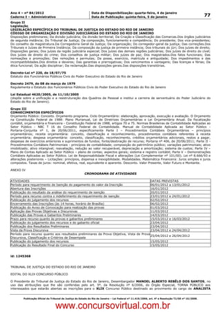 Data: 04/01/2012 20:01:58. Local: TJ-RJ

Ano 4 – nº 84/2012                                             Data de Disponibilização: quarta-feira, 4 de janeiro
Caderno I – Administrativo                                     Data de Publicação: quinta-feira, 5 de janeiro                                         77
Grupo II
Legislação
LEGISLAÇÃO ESPECÍFICA DO TRIBUNAL DE JUSTIÇA DO ESTADO DO RIO DE JANEIRO
CÓDIGO DE ORGANIZAÇÃO E DIVISÃO JUDICIÁRIAS DO ESTADO DO RIO DE JANEIRO
Disposições preliminares; Da divisão judiciária; Da divisão territorial; Da Criação e Classificação das Comarcas.Dos órgãos judiciários
de segunda instância; Do Tribunal de Justiça; Da composição, funcionamento e competência; Do presidente; Dos vice-presidentes;
Do conselho da magistratura.Da Corregedoria Geral da Justiça; Da organização; Do corregedor-geral da justiça; Das correições.Dos
Tribunais e Juízes de Primeira Instância; Da composição da justiça de primeira instância; Dos tribunais do júri; Dos juízes de direito;
Disposições gerais; Dos juízes da região judiciária especial; Dos juízes das demais regiões judiciárias; Dos juízes de direito do cível;
Dos juízes de direito do crime; Dos conselhos de justiça militar; Dos juízes de paz; Dos magistrados.Dos fatos funcionais; Das
nomeações e promoções; Das remoções e permutas; Da posse, exercício, matrícula e antiguidade; Dos impedimentos e das
incompatibilidades.Dos direitos e deveres; Das garantias e prerrogativas; Dos vencimentos e vantagens; Das licenças e férias; Da
ética funcional; Da ação disciplinar; Da reclamação.Das disposições gerais.Das disposições transitórias.

Decreto-Lei nº 220, de 18/07/75
Estatuto dos Funcionários Públicos Civis do Poder Executivo do Estado do Rio de Janeiro

Decreto 2479, de 08 de março de 1979
Regulamenta o Estatuto dos Funcionários Públicos Civis do Poder Executivo do Estado do Rio de Janeiro

Lei Estadual 4620/2005, de 11/10/2005
(dispõe sobre a unificação e a reestruturação dos Quadros de Pessoal e institui a carreira de serventuário do Poder Judiciário do
Estado do Rio de Janeiro).

Grupo III
CONHECIMENTOS ESPECÍFICOS
Orçamento Público: Conceito. Orçamento programa. Ciclo Orçamentário: elaboração, aprovação, execução e avaliação. O Orçamento
na Constituição Federal de 1988: Plano Plurianual, Lei de Diretrizes Orçamentárias e Lei Orçamentária Anual. Da fiscalização
contábil, orçamentária e financeira - Constituição Federal de 1988, artigos 70 a 75. Normas Brasileiras de Contabilidade Aplicadas ao
Setor Público - NBC T 16 do Conselho Federal de Contabilidade. Manual de Contabilidade Aplicada ao Setor Público -
Portaria-Conjunta nº 1, de 20/06/2011, especificamente Parte I – Procedimentos Contábeis Orçamentários – princípios
orçamentários; receita orçamentária: conceito, classificação e reconhecimento, procedimentos contábeis referentes à receita
orçamentária; despesa orçamentária: conceito, classificação, reconhecimento, créditos orçamentários adicionais, restos a pagar,
despesas de exercícios anteriores e suprimentos de fundos; fonte/destinação de recurso; Portaria nº 406, de 20/06/2011; Parte II -
Procedimentos Contábeis Patrimoniais - princípios de contabilidade; composição do patrimônio público; variações patrimoniais; ativo
imobilizado; ativo intangível; reavaliação, redução ao valor recuperável, depreciação e amortização; sistema de custos; Parte IV –
Plano de Contas Aplicado ao Setor Público – plano de contas; aspectos gerais; sistema e registro contábil; Parte V – Demonstrações
Contábeis Aplicadas ao Setor Público. Lei de Responsabilidade Fiscal e alterações (Lei Complementar nº 101/00). Lei nº 8.666/93 e
alterações posteriores – Licitações: princípios, dispensa e inexigibilidade. Modalidades. Matemática Financeira: Juros simples e juros
compostos. Taxas de juros: nominal, efetiva, real, equivalente e aparente. Desconto. Valor Presente, Valor Futuro e Montante.

ANEXO IV
                                                          CRONOGRAMA DE ATIVIDADES

ATIVIDADES                                                                                DATAS PREVISTAS
Período para requerimento de Isenção do pagamento do valor da Inscrição                   06/01/2012 a 13/01/2012
Abertura das Inscrições                                                                   16/01/2012
Publicação do resultado da análise do requerimento de isenção                             20/01/2012
Período para recurso contra o indeferimento do requerimento de isenção                    23/01/2012 e 24/01/2012
Publicação do julgamento dos recursos                                                     02/02/2012
Encerramento das Inscrições (às 14 horas, horário de Brasília)                            06/02/2012
Publicação do Aviso de Convocação para realização das provas                              01/03/2012
Aplicação das Provas Objetivas e Discursivas                                              11/03/2012
Publicação das Provas e Gabaritos Preliminares                                            14/03/2012
Prazo para recurso quanto às provas e gabaritos preliminares                              15/03/2012 e 16/03/2012
Publicação do julgamento dos recursos e do gabarito oficial                               23/04/2012
Publicação dos Resultados Preliminares                                                    23/04/2012
Vista da Prova Discursiva                                                                 23/04/2012 e 24/04/2012
Período para recurso quanto aos resultados preliminares da Prova Objetiva, Vista de Prova
                                                                                          25/04/2012 e 26/04/2012
Discursiva, Classificação e Critérios de Desempate
Publicação do julgamento dos recursos                                                     15/05/2012
Publicação do Resultado Final do Concurso                                                 15/05/2012


id: 1245368


TRIBUNAL DE JUSTIÇA DO ESTADO DO RIO DE JANEIRO

EDITAL DO XLIX CONCURSO PÚBLICO

O Presidente do Tribunal de Justiça do Estado do Rio de Janeiro, Desembargador MANOEL ALBERTO REBÊLO DOS SANTOS, no
uso das atribuições que lhe são conferidas pelo art. 5º, da Resolução nº 6/2006, do Órgão Especial, TORNA PÚBLICO aos
interessados que estarão abertas as inscrições para o XLIX Concurso Público destinado ao provimento do cargo de ANALISTA


          Publicação Oficial do Tribunal de Justiça do Estado do Rio de Janeiro – Lei Federal nº 11.419/2006, art. 4º e Resolução TJ/OE nº 10/2008.



                                   www.concursovirtual.com.br
 