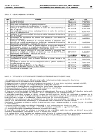 Data: 19/09/2014 21:00:12. Local: TJ-RJ 
Ano 7 – nº 16/2014 Data de Disponibilização: sexta-feira, 19 de setembro 
18 Caderno I – Administrativo Data de Publicação: segunda-feira, 22 de setembro 
ANEXO III – CRONOGRAMA DE ATIVIDADES 
Item Eventos Início Fim 
1 Divulgação do edital 22/09/2014 22/09/2014 
2 Período de inscrições 29/09/2014 15/10/2014 
3 Prazo limite para pagamento do boleto (reimpressão) 16/10/2014 16/10/2014 
4 Recebimento de pedidos de isenção da taxa de inscrição 29/09/2014 01/10/2014 
5 
Publicação do edital com resultado preliminar da análise dos pedidos de isenção da 
taxa de inscrição 
07/10/2014 07/10/2014 
Publicação Oficial do Tribunal de Justiça do Estado do Rio de Janeiro – Lei Federal nº 11.419/2006, art. 4º e Resolução TJ/OE nº 10/2008. 
7 
Interposição de recursos contra o resultado preliminar da análise dos pedidos de 
isenção da taxa de inscrição 
08/10/2014 09/10/2014 
8 
Publicação do edital com resultado definitivo da análise dos pedidos de isenção da 
taxa de inscrição 
13/10/2014 13/10/2014 
9 
Recebimento dos documentos das pessoas com deficiência e dos pedidos de 
atendimento especial 
29/09/2014 16/10/2014 
10 
Publicação da Relação Preliminar de inscrições deferidas e indeferidas para 
concorrer na condição de candidato com deficiência e da Relação Preliminar de 
atendimentos especiais para a realização das provas 
29/10/2014 29/10/2014 
11 
Interposição de recursos contra a Relação Preliminar de inscrições deferidas e 
indeferidas para concorrer na condição de candidato com deficiência e a Relação 
Preliminar de atendimentos especiais para a realização das provas 
30/10/2014 31/10/2014 
12 
Publicação da Relação Definitiva de inscrições deferidas e indeferidas para 
concorrer na condição de candidato com deficiência e da Relação Definitiva de 
atendimentos especiais para a realização das provas 
05/11/2014 31/11/2014 
13 Aplicação da prova objetiva 23/11/2014 23/11/2014 
14 Divulgação do gabarito preliminar da prova objetiva 24/11/2014 24/11/2014 
15 
Interposição de recursos contra o gabarito preliminar e contra a aplicação das 
provas 
25/11/2014 26/11/2014 
16 
Divulgação da resposta aos recursos interpostos contra o gabarito preliminar e 
contra a aplicação das provas 
10/12/2014 10/12/2014 
17 Publicação do Gabarito Definitivo da Prova Objetiva 10/12/2014 10/12/2014 
16 Publicação do Resultado Definitivo da Prova Objetiva 10/12/2014 10/12/2014 
17 Homologação do Resultado Final 12/12/2014 12/12/2014 
ANEXO IV – DOCUMENTOS DE COMPROVAÇÃO DOS REQUISITOS PARA A INVESTIDURA NO CARGO 
1. Os requisitos mencionados no item 3.8 serão comprovados mediante apresentação dos seguintes documentos: 
a) cópia autenticada do documento oficial de identidade original; 
b) cópia autenticada do diploma original de conclusão do ensino médio ou do curso técnico equivalente registrado pelo MEC; 
c) certidão original ou declaração original de quitação com as obrigações eleitorais; 
d) comprovante de situação cadastral emitido pela Receita Federal, sendo aceito aquele emitido pelo site desse Órgão; 
e) cópia autenticada do certificado original de reservista ou documento assemelhado; 
f) cópia autenticada do documento oficial de identidade original; 
g) documento original do Atestado de Saúde Ocupacional, elaborado pelo Departamento de Saúde do Tribunal de Justiça, após 
avaliação dos exames apresentados pelo candidato e de sua avaliação pessoal pelo citado Departamento; 
h) declaração firmada pelo candidato de não ter cumprido (ou estar cumprindo) sanções por inidoneidade ou qualquer tipo de 
penalidade grave no exercício da função pública (como demissão, suspensão ou cassação de aposentadoria), aplicada por qualquer 
Órgão Público e/ou entidade da esfera Federal, Estadual ou Municipal, nos últimos 10 (dez) anos; 
i) certidão dos entes públicos, em que tenha trabalhado nos últimos dez anos, constando a informação de que não foi demitido, a 
qualquer título, não teve cassada aposentadoria ou disponibilidade e não foi destituído de cargo em comissão. 
j) declaração firmada pelo candidato de ausência de antecedentes criminais e pela apresentação de certidão Criminal e de certidão 
da Justiça Federal; e 
k) mediante declaração firmada pelo candidato relacionando os locais em que residiu nos últimos cinco anos. 
1.1. Para obtenção das certidões mencionadas na alínea “j”, deverão ser consideradas as seguintes informações: 
a) a certidão criminal e da Justiça Federal deverão ter abrangência de 20 anos; 
b) a certidão criminal deverá ser solicitada na comarca em que o candidato reside e/ou residiu nos últimos 5 anos, sendo 
necessárias tantas certidões quantos forem os locais de moradia nesse período; 
c) na hipótese de ter havido alteração, por qualquer motivo, do nome do candidato, deverão ser apresentadas tantas certidões 
quantas forem essas alterações, bem como deverá apresentar documento/decisão que ensejou alteração do nome. 
