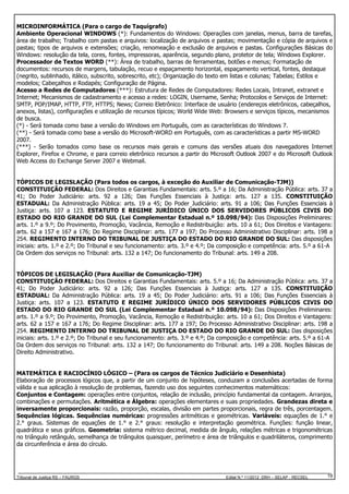 MICROINFORMÁTICA (Para o cargo de Taquígrafo)
Ambiente Operacional WINDOWS (*): Fundamentos do Windows: Operações com janelas, menus, barra de tarefas,
área de trabalho; Trabalho com pastas e arquivos: localização de arquivos e pastas; movimentação e cópia de arquivos e
pastas; tipos de arquivos e extensões; criação, renomeação e exclusão de arquivos e pastas. Configurações Básicas do
Windows: resolução da tela, cores, fontes, impressoras, aparência, segundo plano, protetor de tela; Windows Explorer.
Processador de Textos WORD (**): Área de trabalho, barras de ferramentas, botões e menus; Formatação de
documentos: recursos de margens, tabulação, recuo e espaçamento horizontal, espaçamento vertical, fontes, destaque
(negrito, sublinhado, itálico, subscrito, sobrescrito, etc); Organização do texto em listas e colunas; Tabelas; Estilos e
modelos; Cabeçalhos e Rodapés; Configuração de Página.
Acesso a Redes de Computadores (***): Estrutura de Redes de Computadores: Redes Locais, Intranet, extranet e
Internet; Mecanismos de cadastramento e acesso a redes: LOGIN, Username, Senha; Protocolos e Serviços de Internet:
SMTP, POP/IMAP, HTTP, FTP, HTTPS; News; Correio Eletrônico: Interface de usuário (endereços eletrônicos, cabeçalhos,
anexos, listas), configurações e utilização de recursos típicos; World Wide Web: Browsers e serviços típicos, mecanismos
de busca.
(*) - Será tomada como base a versão do Windows em Português, com as características do Windows 7.
(**) - Será tomada como base a versão do Microsoft-WORD em Português, com as características a partir MS-WORD
2007.
(***) - Serão tomados como base os recursos mais gerais e comuns das versões atuais dos navegadores Internet
Explorer, Firefox e Chrome, e para correio eletrônico recursos a partir do Microsoft Outlook 2007 e do Microsoft Outlook
Web Access do Exchange Server 2007 e Webmail.

TÓPICOS DE LEGISLAÇÃO (Para todos os cargos, à exceção do Auxiliar de Comunicação-TJM))
CONSTITUIÇÃO FEDERAL: Dos Direitos e Garantias Fundamentais: arts. 5.º a 16; Da Administração Pública: arts. 37 a
41; Do Poder Judiciário: arts. 92 a 126; Das Funções Essenciais à Justiça: arts. 127 a 135. CONSTITUIÇÃO
ESTADUAL: Da Administração Pública: arts. 19 a 45; Do Poder Judiciário: arts. 91 a 106; Das Funções Essenciais à
Justiça: arts. 107 a 123. ESTATUTO E REGIME JURÍDICO ÚNICO DOS SERVIDORES PÚBLICOS CIVIS DO
ESTADO DO RIO GRANDE DO SUL (Lei Complementar Estadual n.º 10.098/94): Das Disposições Preliminares:
arts. 1.º a 9.º; Do Provimento, Promoção, Vacância, Remoção e Redistribuição: arts. 10 a 61; Dos Direitos e Vantagens:
arts. 62 a 157 e 167 a 176; Do Regime Disciplinar: arts. 177 a 197; Do Processo Administrativo Disciplinar: arts. 198 a
254. REGIMENTO INTERNO DO TRIBUNAL DE JUSTIÇA DO ESTADO DO RIO GRANDE DO SUL: Das disposições
iniciais: arts. 1.º e 2.º; Do Tribunal e seu funcionamento: arts. 3.º e 4.º; Da composição e competência: arts. 5.º a 61-A
Da Ordem dos serviços no Tribunal: arts. 132 a 147; Do funcionamento do Tribunal: arts. 149 a 208.

TÓPICOS DE LEGISLAÇÃO (Para Auxiliar de Comunicação-TJM)
CONSTITUIÇÃO FEDERAL: Dos Direitos e Garantias Fundamentais: arts. 5.º a 16; Da Administração Pública: arts. 37 a
41; Do Poder Judiciário: arts. 92 a 126; Das Funções Essenciais à Justiça: arts. 127 a 135. CONSTITUIÇÃO
ESTADUAL: Da Administração Pública: arts. 19 a 45; Do Poder Judiciário: arts. 91 a 106; Das Funções Essenciais à
Justiça: arts. 107 a 123. ESTATUTO E REGIME JURÍDICO ÚNICO DOS SERVIDORES PÚBLICOS CIVIS DO
ESTADO DO RIO GRANDE DO SUL (Lei Complementar Estadual n.º 10.098/94): Das Disposições Preliminares:
arts. 1.º a 9.º; Do Provimento, Promoção, Vacância, Remoção e Redistribuição: arts. 10 a 61; Dos Direitos e Vantagens:
arts. 62 a 157 e 167 a 176; Do Regime Disciplinar: arts. 177 a 197; Do Processo Administrativo Disciplinar: arts. 198 a
254. REGIMENTO INTERNO DO TRIBUNAL DE JUSTIÇA DO ESTADO DO RIO GRANDE DO SUL: Das disposições
iniciais: arts. 1.º e 2.º; Do Tribunal e seu funcionamento: arts. 3.º e 4.º; Da composição e competência: arts. 5.º a 61-A
Da Ordem dos serviços no Tribunal: arts. 132 a 147; Do funcionamento do Tribunal: arts. 149 a 208. Noções Básicas de
Direito Administrativo.

MATEMÁTICA E RACIOCÍNIO LÓGICO – (Para os cargos de Técnico Judiciário e Desenhista)
Elaboração de processos lógicos que, a partir de um conjunto de hipóteses, conduzam a conclusões acertadas de forma
válida e sua aplicação à resolução de problemas, fazendo uso dos seguintes conhecimentos matemáticos:
Conjuntos e Contagem: operações entre conjuntos, relação de inclusão, princípio fundamental da contagem. Arranjos,
combinações e permutações. Aritmética e Álgebra: operações elementares e suas propriedades. Grandezas direta e
inversamente proporcionais: razão, proporção, escalas, divisão em partes proporcionais, regra de três, porcentagem.
Sequências lógicas. Sequências numéricas: progressões aritméticas e geométricas. Variáveis: equações de 1.° e
2.° graus. Sistemas de equações de 1.° e 2.° graus: resolução e interpretação geométrica. Funções: função linear,
quadrática e seus gráficos. Geometria: sistema métrico decimal, medida de ângulo, relações métricas e trigonométricas
no triângulo retângulo, semelhança de triângulos quaisquer, perímetro e área de triângulos e quadriláteros, comprimento
da circunferência e área do círculo.

Tribunal de Justiça RS – FAURGS

Edital N.º 11/2012 DRH – SELAP - RECSEL

19

 