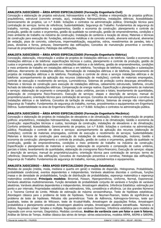 ANALISTA JUDICIÁRIO – ÁREA APOIO ESPECIALIZADO (Formação Engenharia Civil)
Concepção e elaboração de projetos estrutural, hidrossanitário e de PPCI; Análise e interpretação de projetos gráficos:
arquitetônico, estrutural (concreto armado, aço), instalações hidrossanitárias, instalações elétricas; Acessibilidade;
Gerenciamento de projetos; Lei n.º 8.666: licitações e contratos na administração pública; Orientação técnica para
contratação de serviços: termo de referência; Sustentabilidade; Segurança do Trabalho: Fundamentos de segurança do
trabalho, normas, procedimentos e equipamentos; Gestão e economia da construção: planejamento e controle da
produção, gestão de custos e orçamentos, gestão da qualidade na construção, gestão de empreendimentos, condições e
meio ambiente de trabalho na indústria da construção; Instalação de canteiros e locação de obras; Materiais e técnicas
de construção para execução de: fundações, estruturas metálicas e de concreto armado, alvenaria estrutural, alvenarias
de vedação, pisos de concreto, coberturas, impermeabilização, esquadrias, vidros, revestimentos de paredes, teto e
pisos, divisórias e forros, pinturas; Desempenho das edificações; Conceitos de manutenção preventiva e corretiva;
manual do proprietário/usuário; Patologia das edificações.
ANALISTA JUDICIÁRIO – ÁREA APOIO ESPECIALIZADO (Formação Engenharia Elétrica)
Concepção, elaboração, interpretação e análise de projetos de instalações elétricas e de telefonia. Gestão e economia de
instalações elétricas e de telefonia: especificações técnicas e custos, planejamento e controle da produção, gestão de
custos e orçamentos, gestão da qualidade em instalações elétricas e de telefonia, gestão de empreendimentos, condições
e meio ambiente de trabalho em instalações elétricas e em telefonia. Tecnologia de telefonia, instalações e subestações
elétricas. Aterramento de instalações elétricas. Normalização de instalações elétricas e de telefonia. Gerenciamento de
projetos de instalações elétricas e de telefonia. Fiscalização e controle de obras e serviços instalações elétricas e de
telefonia: acompanhamento da aplicação dos recursos (elaboração de medições); controle de materiais empregados,
controle de execução e recebimento de serviços. Luminotécnica. Sistemas de proteção contra descargas atmosféricas.
Materiais e técnicas de construção para execução de instalações elétricas, cabeamento estruturado, telefonia, circuito
fechado de televisão e subestações elétricas. Compensação de energia reativa. Especificação e planejamento de materiais
e serviços: elaboração de orçamento e composição de custos unitários, parciais e totais; levantamento de quantidades,
elaboração de cronograma físico-financeiro. Execução de serviços: etapas e descrição de serviços; manual do
proprietário/usuário; orientação técnica para contratação de serviços. Conceitos de manutenção preventiva e corretiva de
instalações elétricas e de telefonia. Conceitos de tarifação de energia elétrica. Sistemas de energia não interruptível.
Segurança do Trabalho: Fundamentos de segurança do trabalho, normas, procedimentos e equipamentos em Engenharia
Elétrica. Sustentabilidade na área de Engenharia Elétrica. Lei n.º 8.666: licitações e contratos na administração pública.
ANALISTA JUDICIÁRIO – ÁREA APOIO ESPECIALIZADO (Formação Engenharia Mecânica)
Concepção e elaboração de projetos de instalações de elevadores e de climatização; Análise e interpretação de projetos
gráficos: arquitetônico, instalações hidrossanitárias, instalações de elevadores e de climatização; Gestão e economia da
construção: especificações técnicas e custos, tecnologia da construção, instalações de elevadores e de climatização;
Conforto ambiental; Acessibilidade; Gerenciamento de projetos; Lei n.º 8.666: licitações e contratos na administração
pública; Fiscalização e controle de obras e serviços: acompanhamento da aplicação dos recursos (elaboração de
medições); controle de materiais empregados, controle de execução e recebimento de serviços; Sustentabilidade;
Materiais e técnicas de construção para execução de instalações de elevadores, climatização, motores; Gestão e
economia da construção: planejamento e controle da produção, gestão de custos e orçamentos, gestão da qualidade na
construção, gestão de empreendimentos, condições e meio ambiente de trabalho na indústria da construção;
Especificação e planejamento de materiais e serviços: elaboração de orçamento e composição de custos unitários,
parciais e totais; levantamento de quantidades, elaboração de cronograma físico-financeiro; Execução de serviços: etapas
e descrição de serviços; manual do proprietário/usuário; orientação técnica para contratação de serviços: termo de
referência; Desempenho das edificações; Conceitos de manutenção preventiva e corretiva; Patologia das edificações;
Segurança do Trabalho: Fundamentos de segurança do trabalho, normas, procedimentos e equipamentos.
ANALISTA JUDICIÁRIO – ÁREA APOIO ESPECIALIZADO (Formação Estatística)
Medidas de posição (média, moda, mediana e quartis em geral) e medidas de dispersão. Histogramas. Probabilidade,
probabilidade condicional, eventos dependentes e independentes. Variáveis aleatórias discretas e contínuas, funções
massa e de densidade de probabilidades, função de distribuição de probabilidades, esperança matemática e esperança
matemática condicional. Principais modelos: Binomial, Poisson, Hipergeométrica, Uniforme, Normal, Exponencial.
Variáveis aleatórias multidimensionais. Função densidade de probabilidade conjunta de variáveis e funções de variáveis
aleatórias. Variáveis aleatórias dependentes e independentes. Amostragem aleatória. Inferência Estatística: estimação por
ponto e por intervalo. Propriedades estatísticas de estimadores. Viés, consistência e eficiência. Lei dos grandes Números
e o Teorema Central do Limite. Método de estimação de máxima verossimilhança. Teste de hipóteses estatísticas.
Abordagem clássica para o problema de teste de hipóteses. Teoria de Neyman-Pearson, testes de significância ao
problema de teste de hipóteses. Métodos não paramétricos: Teste de Adêrencia, Kolmogorov-Smirnov, teste quiquadrado, testes de postos de Wilcoxon, teste de Kruskal-Wallis. Amostragem de populações finitas. Amostragem
probabilística e planejamento amostral. Amostragem aleatória simples. Amostragem aleatória estratificada. Números e
índices. Regressão Linear: Simples e múltipla. Regressão com variáveis Dammies, Inferência estatística para modelos de
regressão com erros normais. Diagnóstico. Medidas corretivas. Análise de variância com um fator e com k fatores.
Análise de Séries de Tempo. Análise clássica das séries de tempo: séries estacionárias, modelos ARMA, ARIMA e SARIMA.
Tribunal de Justiça RS – FAURGS

Edital N.º 11/2012 DRH – SELAP - RECSEL

24

 