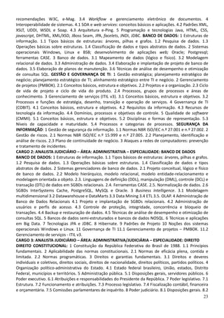 23
recomendações W3C, e-Mag. 3.4 Workflow e gerenciamento eletrônico de documentos. 4
Interoperabilidade de sistemas. 4.1 SOA e web services: conceitos básicos e aplicações. 4.2 Padrões XML,
XSLT, UDDI, WSDL e Soap. 4.3 Arquitetura e-Ping. 5 Programação e tecnologias Java, HTML, CSS,
javascript, DHTML, XML/XSD, JBoss Seam, JPA, facelets, JNDI, JDBC. BANCO DE DADOS: 1 Estruturas de
informação. 1.1 Tipos básicos de estruturas: árvores, pilhas e grafos. 1.2 Pesquisa de dados. 1.3
Operações básicas sobre estruturas. 1.4 Classificação de dados e tipos abstratos de dados. 2 Sistemas
operacionais Windows, Linux e BSB; desenvolvimento de aplicações web; Oracle; Postgresql;
ferramentas CASE. 3 Banco de dados. 3.1 Mapeamento de dados (lógico e físico). 3.2 Modelagem
relacional de dados. 3.3 Administração de dados. 3.4 Elaboração e implantação de projeto de banco de
dados. 3.5 Elaboração de planos de manutenção. 3.6 Técnicas de análise de desempenho e otimização
de consultas SQL. GESTÃO E GOVERNANÇA DE TI: 1 Gestão estratégica; planejamento estratégico de
negócio; planejamento estratégico de TI; alinhamento estratégico entre TI e negócio. 2 Gerenciamento
de projetos (PMBOK). 2.1 Conceitos básicos, estrutura e objetivos. 2.2 Projetos e a organização. 2.3 Ciclo
de vida de projeto e ciclo de vida do produto. 2.4 Processos, grupos de processos e áreas de
conhecimento. 3 Gerenciamento de serviços (ITIL v3). 3.1 Conceitos básicos, estrutura e objetivos. 3.2
Processos e funções de estratégia, desenho, transição e operação de serviços. 4 Governança de TI
(COBIT). 4.1 Conceitos básicos, estrutura e objetivos. 4.2 Requisitos da informação. 4.3 Recursos de
tecnologia da informação. 4.4 Domínios, processos e objetivos de controle. 5 Qualidade de software
(CMMI). 5.1 Conceitos básicos, estrutura e objetivos. 5.2 Disciplinas e formas de representação. 5.3
Níveis de capacidade e maturidade. 5.4 Processos e categorias de processos. SEGURANÇA DA
INFORMAÇÃO: 1 Gestão de segurança da informação. 1.1 Normas NBR ISO/IEC n.º 27.001 e n.º 27.002. 2
Gestão de riscos. 2.1 Normas NBR ISO/IEC n.º 15.999 e n.º 27.005. 2.2 Planejamento, identificação e
análise de riscos. 2.3 Plano de continuidade de negócio. 3 Ataques a redes de computadores: prevenção
e tratamento de incidentes.
CARGO 2: ANALISTA JUDICIÁRIO – ÁREA: ADMINISTRATIVA – ESPECIALIDADE: BANCO DE DADOS
BANCO DE DADOS: 1 Estruturas de informação. 1.1 Tipos básicos de estruturas: árvores, pilhas e grafos.
1.2 Pesquisa de dados. 1.3 Operações básicas sobre estruturas. 1.4 Classificação de dados e tipos
abstratos de dados. 2 Sistemas gerenciadores de banco de dados. 2.1 Projeto conceitual, lógico e físico
de banco de dados. 2.2 Modelo hierárquico, modelo relacional, modelo entidade-relacionamento e
modelagem orientada a objeto. 2.3. Linguagens de definição (DDL), manipulação (DML), controle (DCL) e
transação (DTL) de dados em SGBDs relacionais. 2.4. Ferramentas CASE. 2.5. Normalização de dados. 2.6
SGBDs InterSystems Cache, PostgreSQL, MySQL e Oracle. 3 Business Intelligence. 3.1 Modelagem
multidimensional 3.2 Datawarehouse e DataMarts 3.3 Data Mining 3.4 ETL 3.5. OLAP. 4 Administração de
Banco de Dados Relacionais 4.1 Projeto e implantação de SGBDs relacionais. 4.2 Administração de
usuários e perfis de acesso. 4.3 Controle de proteção, integridade, concorrência e bloqueio de
transações. 4.4 Backup e restauração de dados. 4.5 Técnicas de análise de desempenho e otimização de
consultas SQL. 5 Bancos de dados semi-estruturados e bancos de dados NOSQL. 6 Técnicas e aplicações
em Big Data. 7 Tecnologias JPA e JDBC. 8 Hibernate. 9 Padrões de Projeto 10 Noções dos sistemas
operacionais Windows e Linux. 11 Governança de TI 11.1 Gerenciamento de projetos – PMBOK. 11.2
Gerenciamento de serviços - ITIL v3.
CARGO 3: ANALISTA JUDICIÁRIO – ÁREA: ADMINISTRATIVA/JUDICIÁRIA – ESPECIALIDADE: DIREITO
DIREITO CONSTITUCIONAL: 1 Constituição da República Federativa do Brasil de 1988. 1.1 Princípios
fundamentais. 2 Aplicabilidade das normas constitucionais. 2.1 Normas de eficácia plena, contida e
limitada. 2.2 Normas programáticas. 3 Direitos e garantias fundamentais. 3.1 Direitos e deveres
individuais e coletivos, direitos sociais, direitos de nacionalidade, direitos políticos, partidos políticos. 4
Organização político-administrativa do Estado. 4.1 Estado federal brasileiro, União, estados, Distrito
Federal, municípios e territórios. 5 Administração pública. 5.1 Disposições gerais, servidores públicos. 6
Poder executivo. 6.1 Atribuições e responsabilidades do Presidente da República. 7 Poder legislativo. 7.1
Estrutura. 7.2 Funcionamento e atribuições. 7.3 Processo legislativo. 7.4 Fiscalização contábil, financeira
e orçamentária. 7.5 Comissões parlamentares de inquérito. 8 Poder judiciário. 8.1 Disposições gerais. 8.2
 