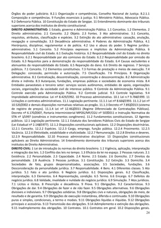 24
Órgãos do poder judiciário. 8.2.1 Organização e competências, Conselho Nacional de Justiça. 8.2.1.1
Composição e competências. 9 Funções essenciais à justiça. 9.1 Ministério Público, Advocacia Pública.
9.2 Defensoria Pública. 10 Constituição do Estado de Sergipe. 11 Entendimento dominante dos tribunais
superiores acerca dos institutos de direito constitucional.
DIREITO ADMINISTRATIVO: 1 Estado, governo e Administração Pública. 1.1 Conceitos. 1.2 Elementos. 2
Direito administrativo. 2.1 Conceito. 2.2 Objeto. 2.3 Fontes. 3 Ato administrativo. 3.1 Conceito,
requisitos, atributos, classificação e espécies. 3.2 Extinção do ato administrativo: cassação, anulação,
revogação e convalidação. 3.3 Decadência administrativa. 4 Poderes da Administração Pública. 4.1
Hierárquico, disciplinar, regulamentar e de polícia. 4.2 Uso e abuso do poder. 5 Regime jurídico-
administrativo. 5.1 Conceito. 5.2 Princípios expressos e implícitos da Administração Pública. 6
Responsabilidade civil do Estado. 6.1 Evolução histórica. 6.2 Responsabilidade civil do Estado no direito
brasileiro. 6.2.1 Responsabilidade por ato comissivo do Estado. 6.2.2 Responsabilidade por omissão do
Estado. 6.3 Requisitos para a demonstração da responsabilidade do Estado. 6.4 Causas excludentes e
atenuantes da responsabilidade do Estado. 6.5 Reparação do dano. 6.6 Direito de regresso. 7 Serviços
públicos. 7.1 Conceito. 7.2 Elementos constitutivos. 7.3 Formas de prestação e meios de execução. 7.4
Delegação: concessão, permissão e autorização. 7.5 Classificação. 7.6 Princípios. 8 Organização
administrativa. 8.1 Centralização, descentralização, concentração e desconcentração. 8.2 Administração
direta e indireta. 8.3 Autarquias, fundações, empresas públicas e sociedades de economia mista. 8.4
Entidades paraestatais e terceiro setor: serviços sociais autônomos, entidades de apoio, organizações
sociais, organizações da sociedade civil de interesse público. 9 Controle da Administração Pública. 9.1
Controle exercido pela Administração Pública. 9.2 Controle judicial. 9.3 Controle legislativo. 9.4
Improbidade administrativa: Lei nº 8.429/1992. 10 Processo administrativo. 10.1 Lei n.º 9.784/1999. 11
Licitações e contratos administrativos. 11.1 Legislação pertinente. 11.1.1 Lei nº 8.666/1993. 11.1.2 Lei nº
10.520/2002 e demais disposições normativas relativas ao pregão. 11.1.3 Decreto nº 7.892/2013 (sistema
de registro de preços). 11.1.4 Lei nº 12.462/2011 (Regime Diferenciado de Contratações Públicas).
Decreto nº 6.170/2007, Portaria Interministerial MPOG/MF/CGU nº 507/2011 e Instrução Normativa do
STN nº 1/1997 (convênios e instrumentos congêneres). 11.2 Fundamentos constitucionais. 12 Agentes
públicos. 12.1 Legislação pertinente. 12.1.1 Estatuto dos Servidores Públicos Civis do Estado de Sergipe
(Lei Estadual nº 2.148/1977). 12.1.2 Disposições constitucionais aplicáveis. 12.2 Disposições doutrinárias.
12.2.1 Conceito. 12.2.2 Espécies. 12.2.3 Cargo, emprego, função pública. 12.2.4 Provimento. 12.2.5
Vacância. 12.2.6 Efetividade, estabilidade e vitaliciedade. 12.2.7 Remuneração. 12.2.8 Direitos e deveres.
12.2.9 Responsabilidade. 12.10 Processo administrativo disciplinar. 13 Disposições constitucionais
aplicáveis ao Direito Administrativo. 14 Entendimento dominante dos tribunais superiores acerca dos
institutos de Direito Administrativo.
DIREITO CIVIL: 1 Lei de introdução às normas do direito brasileiro. 1.1 Vigência, aplicação, interpretação
e integração das leis. 1.2 Conflito das leis no tempo. 1.3 Eficácia da lei no espaço. 2 Pessoas naturais. 2.1
Existência. 2.2 Personalidade. 2.3 Capacidade. 2.4 Nome. 2.5 Estado. 2.6 Domicílio. 2.7 Direitos da
personalidade. 2.8 Ausência. 3 Pessoas jurídicas. 3.1 Constituição. 3.2 Extinção. 3.3 Domicílio. 3.4
Sociedades de fato, grupos despersonalizados, associações. 3.5 Sociedades, fundações. 3.6
Desconsideração da personalidade jurídica. 3.7 Responsabilidade. 4 Bens. 4.1 Diferentes classes. 5 Ato
jurídico. 5.1 Fato e ato jurídico. 6 Negócio jurídico. 6.1 Disposições gerais. 6.2 Classificação,
interpretação. 6.3 Elementos. 6.4 Representação, condição. 6.5 Termo. 6.6 Encargo. 6.7 Defeitos do
negócio jurídico. 6.8 Validade, invalidade e nulidade do negócio jurídico. 6.9 Simulação. 7 Atos jurídicos.
7.1 Lícitos e ilícitos. 8 Prescrição e decadência. 9 Prova. 9.1 Obrigações. 9.2 Características. 9.3
Obrigações de dar. 9.4 Obrigações de fazer e de não fazer. 9.5 Obrigações alternativas. 9.6 Obrigações
divisíveis e indivisíveis. 9.7 Obrigações solidárias. 9.8 Obrigações civis e naturais, obrigações de meio, de
resultado e de garantia. 9.9 Obrigações de execução instantânea, diferida e continuada. 9.10 Obrigações
puras e simples, condicionais, a termo e modais. 9.11 Obrigações líquidas e ilíquidas. 9.12 Obrigações
principais e acessórias. 9.13 Transmissão das obrigações. 9.14 Adimplemento e extinção das obrigações.
9.15 Inadimplemento das obrigações. 10 Contratos. 10.1 Contratos em geral. 10.2 Disposições gerais.
 