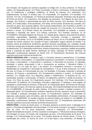 25
10.3 Extinção. 10.4 Espécies de contratos regulados no Código Civil. 11 Atos unilaterais. 12 Títulos de
crédito. 12.1 Disposições gerais. 12.2 Títulos ao portador, à ordem e nominativos. 13 Responsabilidade
civil. 14 Preferências e privilégios creditórios. 15 Direito de Empresa 15.1 Empresário. 15.2
Estabelecimento. 16 Posse. 17 Direitos reais. 17.1 Propriedade. 17.2 Superfície. 17.3 Servidões. 17.4
Usufruto. 17.5 Uso. 17.6 Habitação. 17.7 Direito do promitente comprador. 18 Direitos reais de garantia.
19 Direito de família. 19.1 Casamento. 19.2 Relações de parentesco. 19.3 Regime de bens entre os
cônjuges. 19.4 Usufruto e administração dos bens de filhos menores. 19.5 alimentos. 19.6 Bem de
família. 19.7 União estável. 19.8 Concubinato. 19.9 Tutela. 19.10 Curatela. 20 Direito das sucessões. 20.1
Sucessão em geral. 20.2 Sucessão legítima. 20.3 Sucessão testamentária. 20.4 Inventário e partilha. 21
Lei nº 8.078/1990 e alterações (Direito das relações de consumo). 21.1 Consumidor. 21.2 Fornecedor,
produto e serviço. 21.3 Direitos básicos do consumidor. 21.4 Qualidade de produtos e serviços,
prevenção e reparação dos danos. 21.5 Práticas comerciais. 21.6 Proteção contratual. 22 Lei
nº 6.015/1973 e alterações (Registro de imóveis). 22.1 Noções gerais, registros, presunção de fé pública,
prioridade, especialidade, legalidade, continuidade, transcrição, inscrição e averbação. 22.2
Procedimento de dúvida. 23 Lei nº 10.741/2003 (Estatuto do Idoso). 24 Lei nº 8.245/1991 e alterações
(Locação de imóveis urbanos). 24.1 Locação em geral, sublocações, aluguel, deveres do locador e do
locatário, direito de preferência, benfeitorias, garantias locatícias, penalidades civis, nulidades, locação
residencial, locação para temporada, locação não residencial. 25 Lei nº 8.069/1990 (Estatuto da Criança e
do Adolescente). 25.1 Disposições preliminares, direitos fundamentais, prevenção, medidas de proteção,
perda e suspensão do poder familiar, destituição de tutela, colocação em família substituta. 26
Disposições constitucionais aplicáveis ao Direito Civil. 27 Entendimento dominante dos tribunais
superiores acerca dos institutos de Direito Civil.
DIREITO PROCESSUAL CIVIL: 1 Jurisdição e ação. 1.1 Conceito, natureza e características. 1.2 Condições
da ação. 2 Partes e procuradores. 2.1 Capacidade processual e postulatória. 2.2 Deveres e substituição
das partes e procuradores. 3 Litisconsórcio e assistência. 4 Intervenção de terceiros. 4.1 Oposição,
nomeação à autoria, denunciação à lide e chamamento ao processo. 5 Ministério Público. 6
Competência. 6.1 Em razão do valor e da matéria. 6.2 Competência funcional e territorial. 6.3
Modificações de competência e declaração de incompetência. 7 O juiz. 8 Atos processuais. 8.1 Forma
dos atos. 8.2 Prazos. 8.3 Comunicação dos atos. 8.4 Nulidades. 9 Formação, suspensão e extinção do
processo. 10 Processo e procedimento. 10.1 Procedimentos ordinário e sumário. 11 Procedimento
ordinário. 11.1 Petição inicial. 11.2 Requisitos, pedido e indeferimento. 12 Resposta do réu. 12.1
Contestação, exceções e reconvenção. 13 Revelia. 14 Julgamento conforme o estado do processo. 15
Provas. 15.1 Ônus da prova. 15.2 Depoimento pessoal. 15.3 Confissão. 15.4 Provas documental e
testemunhal. 16 Audiência. 16.1 Conciliação, instrução e julgamento. 17 Sentença e coisa julgada. 18
Liquidação e cumprimento da sentença. 19 Recursos. 19.1 Disposições gerais. 20 Processo de execução.
20.1 Execução em geral. 20.2 Diversas espécies de execução. 20.3 Impenhorabilidade do bem de família
(Lei nº 8.009/1990). 21 Execução de ações coletivas. 22 Processo cautelar e medidas cautelares. 22.1
Disposições gerais. 22.2 Procedimentos cautelares específicos (arresto, sequestro, busca e apreensão).
22.3 Exibição e produção antecipada de provas. 23 Procedimentos especiais. 23.1 Mandado de
segurança, ação popular, ação civil pública, ação de improbidade administrativa. 24 Juizados Especiais
Cíveis (Lei nº 9.099/1995). 25 Juizados Especiais da Fazenda Pública (Lei Federal nº 12.153/2009). 26
Disposições constitucionais aplicáveis ao Direito Processual Civil. 27 Entendimento dominante dos
tribunais superiores acerca dos institutos de Direito Processual Civil.
DIREITO PENAL: 1 Fontes do direito penal. 1.1 Princípios aplicáveis ao direito penal. 2 Aplicação da lei
penal. 2.1 Princípios da legalidade e da anterioridade. 2.2 A lei penal no tempo e no espaço. 2.3 Tempo e
lugar do crime. 2.4 Lei penal excepcional, especial e temporária. 2.5 Territorialidade e
extraterritorialidade da lei penal. 2.6 Pena cumprida no estrangeiro. 2.7 Eficácia da sentença estrangeira.
2.8 Contagem de prazo. 2.9 Frações não computáveis da pena. 2.10 Interpretação da lei penal. 2.11
Analogia. 2.12 Irretroatividade da lei penal. 2.13 Conflito aparente de normas penais. 3 Crime. 3.1
Classificação dos crimes. 3.2 Teorias do crime. 3.3 O fato típico e seus elementos. 3.4 Relação de
 