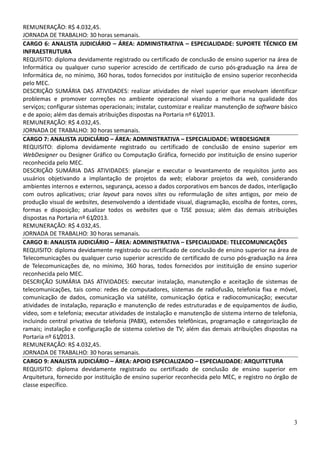 3
REMUNERAÇÃO: R$ 4.032,45.
JORNADA DE TRABALHO: 30 horas semanais.
CARGO 6: ANALISTA JUDICIÁRIO – ÁREA: ADMINISTRATIVA – ESPECIALIDADE: SUPORTE TÉCNICO EM
INFRAESTRUTURA
REQUISITO: diploma devidamente registrado ou certificado de conclusão de ensino superior na área de
Informática ou qualquer curso superior acrescido de certificado de curso pós-graduação na área de
Informática de, no mínimo, 360 horas, todos fornecidos por instituição de ensino superior reconhecida
pelo MEC.
DESCRIÇÃO SUMÁRIA DAS ATIVIDADES: realizar atividades de nível superior que envolvam identificar
problemas e promover correções no ambiente operacional visando a melhoria na qualidade dos
serviços; configurar sistemas operacionais; instalar, customizar e realizar manutenção de software básico
e de apoio; além das demais atribuições dispostas na Portaria nº 61/2013.
REMUNERAÇÃO: R$ 4.032,45.
JORNADA DE TRABALHO: 30 horas semanais.
CARGO 7: ANALISTA JUDICIÁRIO – ÁREA: ADMINISTRATIVA – ESPECIALIDADE: WEBDESIGNER
REQUISITO: diploma devidamente registrado ou certificado de conclusão de ensino superior em
WebDesigner ou Designer Gráfico ou Computação Gráfica, fornecido por instituição de ensino superior
reconhecida pelo MEC.
DESCRIÇÃO SUMÁRIA DAS ATIVIDADES: planejar e executar o levantamento de requisitos junto aos
usuários objetivando a implantação de projetos da web; elaborar projetos da web, considerando
ambientes internos e externos, segurança, acesso a dados corporativos em bancos de dados, interligação
com outros aplicativos; criar layout para novos sites ou reformulação de sites antigos, por meio de
produção visual de websites, desenvolvendo a identidade visual, diagramação, escolha de fontes, cores,
formas e disposição; atualizar todos os websites que o TJSE possua; além das demais atribuições
dispostas na Portaria nº 61/2013.
REMUNERAÇÃO: R$ 4.032,45.
JORNADA DE TRABALHO: 30 horas semanais.
CARGO 8: ANALISTA JUDICIÁRIO – ÁREA: ADMINISTRATIVA – ESPECIALIDADE: TELECOMUNICAÇÕES
REQUISITO: diploma devidamente registrado ou certificado de conclusão de ensino superior na área de
Telecomunicações ou qualquer curso superior acrescido de certificado de curso pós-graduação na área
de Telecomunicações de, no mínimo, 360 horas, todos fornecidos por instituição de ensino superior
reconhecida pelo MEC.
DESCRIÇÃO SUMÁRIA DAS ATIVIDADES: executar instalação, manutenção e aceitação de sistemas de
telecomunicações, tais como: redes de computadores, sistemas de radiofusão, telefonia fixa e móvel,
comunicação de dados, comunicação via satélite, comunicação óptica e radiocomunicação; executar
atividades de instalação, reparação e manutenção de redes estruturadas e de equipamentos de áudio,
vídeo, som e telefonia; executar atividades de instalação e manutenção de sistema interno de telefonia,
incluindo central privativa de telefonia (PABX), extensões telefônicas, programação e categorização de
ramais; instalação e configuração de sistema coletivo de TV; além das demais atribuições dispostas na
Portaria nº 61/2013.
REMUNERAÇÃO: R$ 4.032,45.
JORNADA DE TRABALHO: 30 horas semanais.
CARGO 9: ANALISTA JUDICIÁRIO – ÁREA: APOIO ESPECIALIZADO – ESPECIALIDADE: ARQUITETURA
REQUISITO: diploma devidamente registrado ou certificado de conclusão de ensino superior em
Arquitetura, fornecido por instituição de ensino superior reconhecida pelo MEC, e registro no órgão de
classe específico.
 