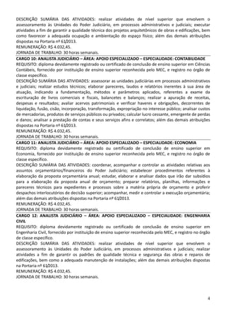 4
DESCRIÇÃO SUMÁRIA DAS ATIVIDADES: realizar atividades de nível superior que envolvem o
assessoramento às Unidades do Poder Judiciário, em processos administrativos e judiciais; executar
atividades a fim de garantir a qualidade técnica dos projetos arquitetônicos de obras e edificações, bem
como favorecer a adequada ocupação e ambientação do espaço físico; além das demais atribuições
dispostas na Portaria nº 61/2013.
REMUNERAÇÃO: R$ 4.032,45.
JORNADA DE TRABALHO: 30 horas semanais.
CARGO 10: ANALISTA JUDICIÁRIO – ÁREA: APOIO ESPECIALIZADO – ESPECIALIDADE: CONTABILIDADE
REQUISITO: diploma devidamente registrado ou certificado de conclusão de ensino superior em Ciências
Contábeis, fornecido por instituição de ensino superior reconhecida pelo MEC, e registro no órgão de
classe específico.
DESCRIÇÃO SUMÁRIA DAS ATIVIDADES: assessorar as unidades judiciárias em processos administrativos
e judiciais; realizar estudos técnicos; elaborar pareceres, laudos e relatórios inerentes à sua área de
atuação, indicando a fundamentação, métodos e parâmetros aplicados, referentes a exame da
escrituração de livros comerciais e fiscais, balancetes e balanços; realizar a apuração de receitas,
despesas e resultados; avaliar acervos patrimoniais e verificar haveres e obrigações, decorrentes de
liquidação, fusão, cisão, incorporação, transformação, expropriação no interesse público; analisar custos
de mercadorias, produtos de serviços públicos ou privados; calcular lucro cessante, emergente de perdas
e danos; analisar a prestação de contas e seus serviços afins e correlatos; além das demais atribuições
dispostas na Portaria nº 61/2013.
REMUNERAÇÃO: R$ 4.032,45.
JORNADA DE TRABALHO: 30 horas semanais.
CARGO 11: ANALISTA JUDICIÁRIO – ÁREA: APOIO ESPECIALIZADO – ESPECIALIDADE: ECONOMIA
REQUISITO: diploma devidamente registrado ou certificado de conclusão de ensino superior em
Economia, fornecido por instituição de ensino superior reconhecida pelo MEC, e registro no órgão de
classe específico.
DESCRIÇÃO SUMÁRIA DAS ATIVIDADES: coordenar, acompanhar e controlar as atividades relativas aos
assuntos orçamentários/financeiros do Poder Judiciário; estabelecer procedimentos referentes à
elaboração da proposta orçamentária anual; estudar, elaborar e analisar dados que irão dar subsídios
para a elaboração da proposta anual de orçamento; preparar relatórios, planilhas, informações e
pareceres técnicos para expedientes e processos sobre a matéria própria de orçamento e proferir
despachos interlocutórios de decisão superior; acompanhar, medir e controlar a execução orçamentária;
além das demais atribuições dispostas na Portaria nº 61/2013.
REMUNERAÇÃO: R$ 4.032,45.
JORNADA DE TRABALHO: 30 horas semanais.
CARGO 12: ANALISTA JUDICIÁRIO – ÁREA: APOIO ESPECIALIZADO – ESPECIALIDADE: ENGENHARIA
CIVIL
REQUISITO: diploma devidamente registrado ou certificado de conclusão de ensino superior em
Engenharia Civil, fornecido por instituição de ensino superior reconhecida pelo MEC, e registro no órgão
de classe específico.
DESCRIÇÃO SUMÁRIA DAS ATIVIDADES: realizar atividades de nível superior que envolvem o
assessoramento às Unidades do Poder Judiciário, em processos administrativos e judiciais; realizar
atividades a fim de garantir os padrões de qualidade técnica e segurança das obras e reparos de
edificações, bem como a adequada manutenção de instalações; além das demais atribuições dispostas
na Portaria nº 61/2013.
REMUNERAÇÃO: R$ 4.032,45.
JORNADA DE TRABALHO: 30 horas semanais.
 