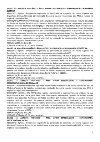 5
CARGO 13: ANALISTA JUDICIÁRIO – ÁREA: APOIO ESPECIALIZADO – ESPECIALIDADE: ENGENHARIA
ELÉTRICA
REQUISITO: diploma devidamente registrado ou certificado de conclusão de ensino superior em
Engenharia Elétrica, fornecido por instituição de ensino superior reconhecida pelo MEC, e registro no
órgão de classe específico.
DESCRIÇÃO SUMÁRIA DAS ATIVIDADES: elaborar projetos elétricos para os prédios do Tribunal de Justiça
do Estado de Sergipe; fiscalizar obras referentes às instalações elétricas e de cabeamento estruturado;
fiscalizar execução de obras e manutenção por empresas terceirizadas nos sistemas de ar-condicionado e
de elevadores; assessorar na manutenção dos diversos prédios do Poder Judiciário do Estado de Sergipe,
no tocante às suas instalações elétricas e de cabeamento estruturado; exercer as atividades profissionais
inerentes a sua área de atuação, nos termos da legislação reguladora do exercício da profissão; executar
ou acompanhar a elaboração de projetos, desenvolvendo especificações técnicas, procedimentos e
requisitos básicos necessários à construção civil ou instalação de equipamentos; além das demais
atribuições dispostas na Portaria nº 61/2013.
REMUNERAÇÃO: R$ 4.032,45.
JORNADA DE TRABALHO: 30 horas semanais.
CARGO 14: ANALISTA JUDICIÁRIO – ÁREA: APOIO ESPECIALIZADO – ESPECIALIDADE: ESTATÍSTICA
REQUISITO: diploma devidamente registrado ou certificado de conclusão de ensino superior em
Estatística, fornecido por instituição de ensino superior reconhecida pelo MEC.
DESCRIÇÃO SUMÁRIA DAS ATIVIDADES: realizar levantamentos, estudos e pesquisas estatísticas no
Tribunal de Justiça do Estado de Sergipe; definir instrumentos de coleta de dados e metodologias de
pesquisa; desenhar amostras; coletar, analisar e processar dados na área estatística; construir e
coordenar a aplicação de instrumentos de coleta de dados para pesquisa estatística; criar banco de
dados estatístico; construir cenários e indicar tendências a partir de resultados de pesquisa com vistas a
subsidiar a tomada de decisão gerencial; atualizar a publicação estatística no boletim estatístico; efetuar
perícias em matéria de estatística e assinar os laudos respectivos; emitir pareceres no campo da
estatística; além das demais atribuições dispostas na Portaria nº 61/2013.
REMUNERAÇÃO: R$ 4.032,45.
JORNADA DE TRABALHO: 30 horas semanais.
CARGO 15: ANALISTA JUDICIÁRIO – ÁREA: APOIO ESPECIALIZADO – ESPECIALIDADE:
MEDICINA/MEDICINA DO TRABALHO
REQUISITO: diploma devidamente registrado ou certificado de conclusão de ensino superior na área de
Medicina/Medicina do Trabalho, fornecido por instituição de ensino superior reconhecida pelo MEC, e
registro no órgão de classe específico.
DESCRIÇÃO SUMÁRIA DAS ATIVIDADES: realizar atendimento e acompanhamento médico, na sua
especialidade e em clínica geral, bem como atendimento ambulatorial, quando necessário; manter
registros dos pacientes; homologar atestados expedidos por médicos externos ao quadro; formular
quesitos periciais; examinar documentos médicos; realizar perícias, auditorias e sindicâncias,
individualmente ou em junta médica; elaborar prontuários; realizar exames admissionais; realizar visitas
domiciliares e hospitalares; autorizar a utilização de medicamentos básicos disponíveis no setor de
saúde; prescrever imunização e ministrar tratamentos preventivos; além das demais atribuições
dispostas na Portaria nº 61/2013.
REMUNERAÇÃO: R$ 4.032,45.
JORNADA DE TRABALHO: 30 horas semanais.
CARGO 16: ANALISTA JUDICIÁRIO – ÁREA: APOIO ESPECIALIZADO – ESPECIALIDADE:
MEDICINA/PSIQUIATRIA
REQUISITO: diploma devidamente registrado ou certificado de conclusão de ensino superior em
Medicina/Psiquiatria, fornecido por instituição de ensino superior reconhecida pelo MEC, e registro no
órgão de classe específico.
 