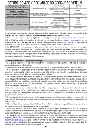 ESTUDE COM AS VÍDEO-AULAS DO CONCURSO VIRTUAL!
    Analista Judiciário – Área Apoio                                               Língua Portuguesa              12 (doze)
 Especializado – Especialidade Medicina                                       Regimento Interno do TRE/MG          2 (duas)
                                              Conhecimentos gerais (P1)
(todas as formações), Analista Judiciário                                    Normas Aplicáveis aos Servidores
      – Área Apoio Especializado –                                                                                 6 (seis)
                                                                                    Públicos Federais
  Especialidade Odontologia e Analista      Conhecimentos específicos (P2)      Conhecimentos Específicos       40 (quarenta)
 Judiciário – Área Apoio Especializado –
   Especialidade Análise de Sistemas           Discursiva/redação (P3)                      -                         -
                                                                                   Língua Portuguesa              7 (sete)
                                                                                  Noções de Informática           7 (sete)
                                              Conhecimentos gerais (P1)       Regimento Interno do TRE/MG         2 (duas)
    Analista Judiciário – Área Apoio
                                                                             Normas Aplicáveis aos Servidores
Especializado – Especialidade Estatística                                                                        4 (quatro)
                                                                                    Públicos Federais
                                            Conhecimentos específicos (P2)     Conhecimentos Específicos        40 (quarenta)
                                               Discursiva/redação (P3)                      -                         -


6.2 As provas objetivas e discursiva terão a duração de 5 horas e serão aplicadas na data provável de 14 de
abril de 2013, no turno da tarde, de 13h00min às 18h00min (horário de Brasília/DF).
6.3 Os locais e os horários de realização das provas objetivas e da prova discursiva serão publicados no
Diário Oficial da União e divulgados na Internet, no endereço eletrônico http://www.consulplan.net, na
data provável de 1º de abril de 2013. São de responsabilidade exclusiva do candidato a identificação
correta de seu local de realização das provas e o comparecimento no horário determinado.
6.4 A CONSULPLAN enviará, como complemento às informações citadas no subitem anterior, comunicação
pessoal dirigida ao candidato, por e-mail ou pelos Correios, sendo de exclusiva responsabilidade do
candidato a manutenção/atualização de seu correio eletrônico e a informação de seu endereço completo e
correto na solicitação de inscrição, o que não o desobriga do dever de observar o edital a ser publicado,
consoante o que dispõe o subitem 6.3 deste edital.

7 DAS PROVAS OBJETIVAS (para todos os cargos)
7.1 As provas objetivas, de caráter eliminatório e classificatório, abrangerão os objetos de avaliação
constantes do Anexo I deste edital.
7.2 As questões serão do tipo múltipla escolha, com 5 (cinco) alternativas e uma única resposta correta.
7.3 Por questões de segurança, serão elaborados tipos diferentes de provas com igual conteúdo, mas
diferente apresentação (ordem de questão e/ou alternativas), de maneira a proporcionar diversos
gabaritos das provas aplicadas aos cargos/áreas/especialidades.
7.4 O candidato deverá transcrever as respostas das provas objetivas para a folha de respostas, que será o
único documento válido para a correção das provas. O preenchimento da folha de respostas será de inteira
responsabilidade do candidato, que deverá proceder em conformidade com as instruções específicas
contidas neste edital e na folha de respostas. Em hipótese alguma haverá substituição da folha de
respostas por erro do candidato.
7.5 Serão de inteira responsabilidade do candidato os prejuízos advindos do preenchimento indevido da
folha de respostas. Serão consideradas marcações indevidas as que estiverem em desacordo com este
edital ou com a folha de respostas, tais como marcação rasurada ou emendada ou campo de marcação não
preenchido integralmente.
7.6 O candidato não deverá amassar, molhar, dobrar, rasgar, manchar ou, de qualquer modo, danificar a
sua folha de respostas, sob pena de arcar com os prejuízos advindos da impossibilidade de realização da
leitura óptica.
7.7 O candidato é responsável pela conferência de seus dados pessoais, em especial seu nome, seu número
de inscrição e o número de seu documento de identidade.
7.8 Não será permitido que as marcações na folha de respostas sejam feitas por outras pessoas, salvo em
caso de candidato a quem tenha sido deferido atendimento especial para a realização das provas. Nesse
caso, o candidato será acompanhado por fiscal da CONSULPLAN devidamente treinado.
7.9 A CONSULPLAN divulgará a imagem da folha de respostas dos candidatos que realizaram as provas
objetivas, exceto dos candidatos eliminados na forma do subitem 7.27 deste edital, no endereço eletrônico
http://www.consulplan.net, após a data de divulgação do resultado preliminar das provas objetivas. A
referida imagem ficará disponível, somente para o próprio candidato, até quinze dias corridos da data de
publicação do resultado final do concurso público.
                                                                    10
 