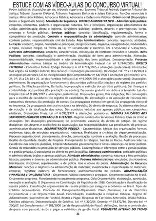 ESTUDE COM AS VÍDEO-AULAS DO CONCURSO VIRTUAL!
Poder Judiciário: disposições gerais; tribunais superiores; Supremo Tribunal Federal; Superior Tribunal de
Justiça; Tribunal Superior Eleitoral, Tribunais Regionais Eleitorais e Juízes Eleitorais. Funções essenciais à
Justiça: Ministério Público; Advocacia Pública; Advocacia e Defensoria Pública. Ordem social (Disposições
Gerais e Seguridade Social). Mandado de Segurança. DIREITO ADMINISTRATIVO - Administração pública:
conceitos, elementos, poderes e organização; natureza, fins e princípios. Organização administrativa da
União: administração direta e indireta. Servidores públicos: poderes, deveres e prerrogativas; cargo,
emprego e função públicos. Serviços públicos: conceito, classificação, regulamentação, forma e
competência de prestação. Controle e responsabilização da administração: controle administrativo;
controle judicial; responsabilidade civil do Estado. Atos Administrativos: conceito; requisitos; atributos.
Licitação: conceito, objeto, finalidades e princípios, obrigatoriedade, dispensa, inexigibilidade, modalidades
e tipos, inclusive Pregão na forma da Lei nº 10.520/2002 e Decretos nºs 3.555/2000 e 5.450/2005.
Contratos Administrativos: conceito; características. Inexecução do contrato: rescisões e sanções. Bens
Públicos: conceito, classificação e administração. Aquisição de bens pela administração. Alienação,
imprescritibilidade, impenhorabilidade e não oneração dos bens públicos. Desapropriação. Processo
Administrativo: normas básicas no âmbito da Administração Federal (Lei nº 9.784/2009). DIREITO
ELEITORAL - Conceito e fontes. Código Eleitoral (Lei nº 4.737/1965 e alterações posteriores): Introdução;
Dos órgãos da Justiça Eleitoral; Dos recursos (Disposições preliminares). Resolução TSE nº 21.538/2003 e
alterações posteriores. Lei de Inelegibilidade (Lei Complementar nº 64/1990 e alterações posteriores): arts.
2º; 3º; 15 a 22; 24 e 25. Lei dos Partidos Políticos (Lei nº 9.096/1995 e alterações posteriores): Disposições
preliminares; Da organização e funcionamento dos partidos políticos (Da criação e do registro dos partidos
políticos; Da filiação partidária; Da fusão, incorporação e extinção dos partidos políticos); Das finanças e
contabilidade dos partidos (Da prestação de contas); Do acesso gratuito ao rádio e à televisão. Lei das
Eleições (Lei nº 9.504/1997 e alterações posteriores): Disposições gerais; Das coligações; Das convenções
para a escolha de candidatos; Do registro de candidatos; Da arrecadação e da aplicação de recursos nas
campanhas eleitorais; Da prestação de contas; Da propaganda eleitoral em geral; Da propaganda eleitoral
na imprensa; Da propaganda eleitoral no rádio e na televisão; Do direito de resposta; Do sistema eletrônico
de votação e da totalização dos votos; Das condutas vedadas aos agentes públicos em campanhas
eleitorais; Disposições finais. Lei nº 6.091/1974 e alterações posteriores. NORMAS APLICÁVEIS AOS
SERVIDORES PÚBLICOS FEDERAIS (LEI 8.112/90) - Regime Jurídico dos Servidores Públicos Civis da União e
alterações: Das disposições preliminares; Do provimento, vacância; do direito de petição. Do regime
disciplinar: dos deveres e proibições; da acumulação; das responsabilidades; das penalidades; do processo
administrativo disciplinar. ADMINISTRAÇÃO PÚBLICA - Características básicas das organizações formais
modernas: tipos de estrutura organizacional, natureza, finalidades e critérios de departamentalização.
Processo organizacional: planejamento, direção, comunicação, controle e avaliação. Gestão de processos.
Gestão da Qualidade. Gestão de Projetos. Planejamento Estratégico. Gestão de Riscos. Auditoria Interna.
Excelência nos serviços públicos. Empreendedorismo governamental e novas lideranças no setor público.
Gestão de resultados na produção de serviços públicos. Convergências e diferenças entre a gestão pública
e a gestão privada. O paradigma do cliente na gestão pública. Estrutura administrativa: entidades políticas
e administrativas; órgãos e agentes públicos. Atividade administrativa: conceito; natureza e fins; princípios
básicos; poderes e deveres do administrador público. Poderes Administrativos: vinculado; discricionário;
hierárquico; disciplinar; regulamentar; e de polícia. Uso e abuso do poder. Administração de Recursos
Materiais: Funções e objetivos da administração de materiais; classificação e especificação de materiais;
compras; registros; cadastro de fornecedores; acompanhamento de pedidos. ADMINISTRAÇÃO
FINANCEIRA E ORÇAMENTÁRIA - Orçamento Público: conceitos e princípios. Orçamento público no Brasil.
Orçamento-programa. Planejamento no orçamento-programa. Ciclo Orçamentário: elaboração, aprovação,
execução e avaliação. O Orçamento na Constituição da República de 1988. Conceituação e classificação de
receita pública. Classificação orçamentária de receita pública por categoria econômica no Brasil. Tipos de
créditos orçamentários. Processo de Planejamento-Orçamento: Plano Plurianual, Lei de Diretrizes
Orçamentárias e Lei Orçamentária Anual. Conceituação, Classificação e Despesas Públicas. Regime de
Adiantamento (Suprimento de Fundos). Restos a Pagar. Despesas de Exercícios Anteriores. Dívida Pública.
Créditos adicionais. Descentralização de Créditos. Lei nº 4.320/64. Decreto nº 93.872/86. Decreto-Lei nº
200/67. Lei Complementar nº 101/2000 (Lei de Responsabilidade Fiscal): definições, limites e controle das
despesas com pessoal; restos a pagar e relatórios de gestão fiscal. REGIMENTO INTERNO DO TREMG
                                                     21
 