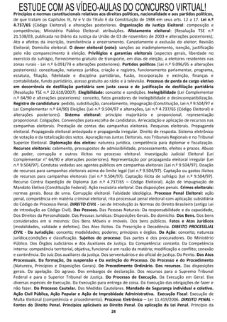 ESTUDE COM AS VÍDEO-AULAS DO CONCURSO VIRTUAL!
Princípios e normas constitucionais relativos aos direitos políticos, nacionalidade e aos partidos políticos,
de que tratam os Capítulos III, IV e V do Título II da Constituição de 1988 em seus arts. 12 a 17. Lei n.º
4.737/65 (Código Eleitoral) e alterações posteriores. Organização da Justiça Eleitoral: composição e
competências; Ministério Público Eleitoral: atribuições. Alistamento eleitoral: (Resolução TSE n.º
21.538/03, publicada no Diário da Justiça da União de 03 de novembro de 2003 e alterações posteriores);
Ato e efeitos da inscrição, transferência e encerramento. Cancelamento e exclusão do eleitor; Revisão
Eleitoral; Domicílio eleitoral. O dever eleitoral (voto): sanções ao inadimplemento, isenção, justificação
pelo não comparecimento à eleição. Privilégios e garantias eleitorais (aspectos gerais, liberdade no
exercício do sufrágio, fornecimento gratuito de transporte, em dias de eleição, a eleitores residentes nas
zonas rurais - Lei n.º 6.091/74 e alterações posteriores). Partidos políticos (Lei n.º 9.096/95 e alterações
posteriores): conceituação, natureza jurídica, criação e registro, funcionamento parlamentar, programa,
estatuto, filiação, fidelidade e disciplina partidárias, fusão, incorporação e extinção, finanças e
contabilidade, fundo partidário, acesso gratuito ao rádio e à televisão. Processo de perda de cargo eletivo
em decorrência de desfiliação partidária sem justa causa e de justificação de desfiliação partidária
(Resolução TSE n.º 22.610/2007). Elegibilidade: conceito e condições. Inelegibilidade (Lei Complementar
n.º 64/90 e alterações posteriores): conceito, fatos geradores de inelegibilidade e desincompatibilização.
Registro de candidatura: pedido, substituição, cancelamento, impugnação (Constituição, Lei n.º 9.504/97 e
Lei Complementar n.º 64/90) Eleições (Lei n.º 9.504/97 e alterações, Lei n.º 4.737/65 (Código Eleitoral) e
alterações posteriores). Sistema eleitoral: princípio majoritário e proporcional, representação
proporcional. Coligações. Convenções para escolha de candidatos. Arrecadação e aplicação de recursos nas
campanhas eleitorais. Prestação de contas das campanhas eleitorais. Pesquisas eleitorais. Propaganda
eleitoral. Propaganda eleitoral antecipada e propaganda irregular. Direito de resposta. Sistema eletrônico
de votação e da totalização dos votos. Apuração nas Juntas Eleitorais, nos Tribunais Regionais e no Tribunal
Superior Eleitoral. Diplomação dos eleitos: natureza jurídica, competência para diplomar e fiscalização.
Recursos eleitorais: cabimento, pressupostos de admissibilidade, processamento, efeitos e prazos. Abuso
de poder, corrupção e outros ilícitos no processo eleitoral. Investigação Judicial Eleitoral (Lei
Complementar n° 64/90 e alterações posteriores). Representação por propaganda eleitoral irregular (Lei
n.º 9.504/97). Condutas vedadas aos agentes públicos em campanhas eleitorais (Lei n.º 9.504/97). Doação
de recursos para campanhas eleitorais acima do limite legal (Lei n.º 9.504/97). Captação ou gastos ilícitos
de recursos para campanhas eleitorais (Lei n.º 9.504/97). Captação ilícita de sufrágio (Lei n.º 9.504/97).
Recurso Contra Expedição de Diploma (Lei n.º 4.737/65 – Código Eleitoral). Ação de Impugnação de
Mandato Eletivo (Constituição Federal). Ação rescisória eleitoral. Das disposições penais. Crimes eleitorais:
normas gerais. Boca de urna. Corrupção eleitoral. Falsidade ideológica. Processo Penal Eleitoral: ação
penal, competência em matéria criminal eleitoral, rito processual penal eleitoral com aplicação subsidiária
do Código de Processo Penal. DIREITO CIVIL - Lei de Introdução às Normas do Direito Brasileiro (antiga Lei
de introdução ao Código Civil). Das Pessoas. Das Pessoas Naturais: Da responsabilidade e da capacidade,
Dos Direitos da Personalidade. Das Pessoas Jurídicas: Disposições Gerais. Do domicílio. Dos Bens. Dos bens
considerados em si mesmos: Dos Bens Móveis e Imóveis. Dos bens públicos. Fatos e Atos Jurídicos
(modalidades, validade e defeitos). Dos Atos Ilícitos. Da Prescrição e Decadência. DIREITO PROCESSUAL
CIVIL - Da Jurisdição: conceito; modalidades; poderes; princípios e órgãos. Da Ação: conceito; natureza
jurídica;condições e classificação. Sujeitos do processo: Das partes e dos procuradores. Do Ministério
Público. Dos Órgãos Judiciários e dos Auxiliares de Justiça. Da Competência: conceito. Da Competência
interna: competência territorial, objetiva, funcional e em razão da matéria; modificação e conflito; conexão
e continência. Do Juiz.Dos auxiliares da justiça. Dos serventuários e do oficial de justiça. Do Perito. Dos Atos
Processuais. Da formação, Da suspensão e Da extinção do Processo. Do Processo e do Procedimento
(Natureza, Princípios e Disposições Gerais). Do Procedimento Ordinário. Dos recursos. Das disposições
gerais. Da apelação. Do agravo. Dos embargos de declaração. Dos recursos para o Supremo Tribunal
Federal e para o Superior Tribunal de Justiça. Do Processo de Execução. Da Execução em Geral. Das
diversas espécies de Execução. Da Execução para entrega de coisa. Da Execução das obrigações de fazer e
não fazer. Do Processo Cautelar. Das Medidas Cautelares. Mandado de Segurança individual e coletivo.
Ação Civil Pública, Ação Popular e Ação de Improbidade Administrativa. Execução Fiscal: Execução de
Multa Eleitoral (competência e procedimento). Processo Eletrônico – Lei 11.419/2006. DIREITO PENAL -
Fontes do Direito Penal. Princípios aplicáveis ao Direito Penal. Da aplicação da Lei Penal. Princípio da
                                                      28
 