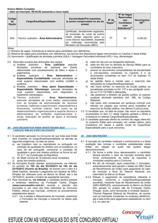 2
Ensino Médio Completo
– Valor da Inscrição: R$ 65,00 (sessenta e cinco reais)
Código
de
Opção
Cargo/Área/Especialidade
Escolaridade/Pré-requisitos
(a serem comprovados no ato da
posse)
Nº de
Vagas(1)
Nº de Vagas
Reservadas
aos
Candidatos
com
Deficiência(2)
Vencimentos
R$(3)
D04 Técnico Judiciário – Área Administrativa
Certificado, devidamente registrado,
de conclusão de curso de ensino
médio (antigo segundo grau) ou
curso técnico equivalente, expedido
por instituição reconhecida pelo
Ministério da Educação (MEC).
07 01 5.345,03
Notas:
(1) Número de vagas, incluindo-se a reserva para candidatos com deficiência.
(2) Reserva de vagas para candidatos com deficiência, nos termos dos dispositivos legais mencionados no Capítulo V deste Edital.
(3) Vencimento + gratificação de atividade judiciária (GAJ) + Vantagem Pecuniária Individual (VPI) + Aux. Alimentação.
2.2 Descrição sumária das atribuições dos cargos:
a) Analista Judiciário - Área Judiciária: executar
atividades privativas de bacharel em Direito
relacionadas com processamento de feitos e apoio a
julgamentos.
b) Analista Judiciário – Área Administrativa –
Especialidade Contabilidade: executar atividades de
nível superior relacionadas com análise contábil e
auditoria.
c) Analista Judiciário - Área apoio Especializado –
Especialidade Odontologia: executar atividades de
nível superior relacionadas com diagnóstico e
tratamento odontológico.
d) Técnico Judiciário - Área Administrativa:
executar atividades de nível médio, relacionadas
com as funções de administração de recursos
humanos, materiais e patrimoniais, orçamentários e
financeiros, controle interno, bem como as de
desenvolvimento organizacional e suporte técnico e
administrativo às unidades organizacionais e,
ainda, execução de tarefas de apoio à atividade
judiciária.
III. DOS REQUISITOS PARA INVESTIDURA NOS
CARGOS/ÁREAS/ESPECIALIDADES
3.1 O candidato aprovado no Concurso de que trata este Edital
será investido no Cargo/Área/Especialidade se atender às
seguintes exigências, na data da posse:
a) ser brasileiro nato ou naturalizado ou português em
condição de igualdade de direitos com os brasileiros; no
caso de ser português, comprovar a condição de
igualdade e gozo dos direitos políticos na forma do art.
12, § 1º, da Constituição da República;
b) ter idade mínima de 18 (dezoito) anos completos;
c) gozar dos direitos políticos;
d) estar em dia com as obrigações eleitorais;
e) estar em dia com os deveres do Serviço Militar para os
candidatos do sexo masculino;
f) possuir os documentos comprobatórios da escolaridade
e pré-requisitos constantes no Capítulo 2 e os
documentos constantes no item 13.7 do Capítulo 13
deste Edital;
g) ter aptidão física e mental para o exercício das
atribuições do Cargo/Área/Especialidade;
h) não haver sofrido, no exercício da função pública, as
penalidades previstas no Art. 137 e seu parágrafo único,
da Lei nº 8.112/1990 e alterações;
i) não pertencer a diretório de partido político ou exercer
qualquer atividade partidária (Art. 366, do Código
Eleitoral);
j) não haver sido condenado em sentença criminal com
trânsito em julgado que comine pena impeditiva do
exercício da função pública, nos últimos 5 (cinco) anos.
3.2 O candidato que, na data da posse, não reunir os requisitos
enumerados no item 3.1 deste Capítulo perderá o direito à
investidura no referido Cargo/Área/Especialidade.
3.3 O candidato aprovado dentro do número de vagas oferecido
no presente Edital será nomeado, em caráter efetivo, para
investidura em classe e padrão inicial do Cargo/Área/
Especialidade para o qual concorreu.
IV. DAS INSCRIÇÕES
4.1 A inscrição do candidato implicará o conhecimento e a tácita
aceitação das normas e condições estabelecidas neste
Edital, em relação às quais não poderá alegar
desconhecimento.
4.1.1 De forma a evitar ônus desnecessário, o candidato
deverá recolher o valor de inscrição somente após
tomar conhecimento de todos os requisitos e
condições exigidos para o Concurso.
4.2 As inscrições ficarão abertas, exclusivamente, via Internet,
no período de 10h do dia 03/10/2013 às 14h do dia
23/10/2013 (horário de Brasília), de acordo com o item 4.3
deste Capítulo, devendo o pagamento em espécie da GRU-
Simples ser efetivado junto ao Banco do Brasil, até o dia
18/10/2013, durante o horário de expediente bancário.
4.3 Para inscrever-se, via Internet, o candidato deverá acessar
o endereço eletrônico da Fundação Carlos Chagas
(www.concursosfcc.com.br) durante o período das
inscrições e, por meio dos links referentes ao Concurso
Público, efetuar sua inscrição, conforme os procedimentos
estabelecidos abaixo:
4.3.1 Ler e aceitar o Requerimento de Inscrição, preencher
o Formulário de Inscrição e transmitir os dados pela
Internet.
4.3.2 No ato da inscrição, após preenchido o formulário,
automaticamente será gerado o boleto da GRU (Guia
de Recolhimento da União) para pagamento do valor
de inscrição a favor do Tesouro Nacional, por
intermédio do Banco do Brasil.
4.3.3 Efetuar o pagamento da importância referente à
inscrição, conforme o Cargo/Área/Especialidade
escolhido, mediante Guia de Recolhimento da União
(GRU-SIMPLES), exclusivamente no Banco do Brasil
S/A, gerada no próprio site da Fundação Carlos
Chagas, tendo como favorecido a Unidade Gestora -
Tribunal Regional Eleitoral de Rondônia, de acordo
com as instruções constantes no endereço eletrônico,
até a data limite para pagamento estabelecido no item
4.2, no valor de:
ESTUDE COM AS VIDEOAULAS DO SITE CONCURSO VIRTUAL!
 