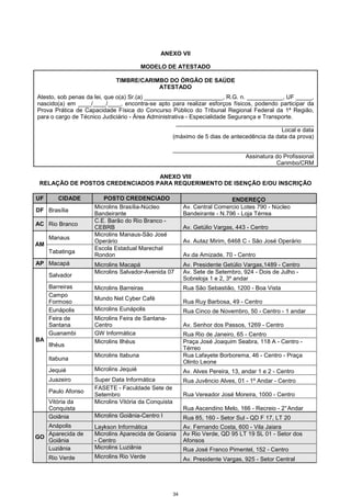 34
ANEXO VII
MODELO DE ATESTADO
TIMBRE/CARIMBO DO ÓRGÃO DE SAÚDE
ATESTADO
Atesto, sob penas da lei, que o(a) Sr.(a) ________________________, R.G. n. ___________, UF _____,
nascido(a) em ____/____/____, encontra-se apto para realizar esforços físicos, podendo participar da
Prova Prática de Capacidade Física do Concurso Público do Tribunal Regional Federal da 1ª Região,
para o cargo de Técnico Judiciário - Área Administrativa - Especialidade Segurança e Transporte.
__________________________________________
Local e data
(máximo de 5 dias de antecedência da data da prova)
___________________________________________
Assinatura do Profissional
Carimbo/CRM
ANEXO VIII
RELAÇÃO DE POSTOS CREDENCIADOS PARA REQUERIMENTO DE ISENÇÃO E/OU INSCRIÇÃO
UF CIDADE POSTO CREDENCIADO ENDEREÇO
DF Brasília
Microlins Brasília-Núcleo
Bandeirante
Av. Central Comercio Lotes 790 - Núcleo
Bandeirante - N.796 - Loja Térrea
AC Rio Branco
C.E. Barão do Rio Branco -
CEBRB Av. Getúlio Vargas, 443 - Centro
Manaus
Microlins Manaus-São José
Operário Av. Autaz Mirim, 6468 C - São José Operário
AM
Tabatinga
Escola Estadual Marechal
Rondon Av.da Amizade, 70 - Centro
AP Macapá Microlins Macapá Av. Presidente Getúlio Vargas,1489 - Centro
Salvador
Microlins Salvador-Avenida 07 Av. Sete de Setembro, 924 - Dois de Julho -
Sobreloja 1 e 2, 3º andar
Barreiras Microlins Barreiras Rua São Sebastião, 1200 - Boa Vista
Campo
Formoso
Mundo Net Cyber Café
Rua Ruy Barbosa, 49 - Centro
Eunápolis Microlins Eunápolis Rua Cinco de Novembro, 50 - Centro - 1 andar
Feira de
Santana
Microlins Feira de Santana-
Centro Av. Senhor dos Passos, 1269 - Centro
Guanambi GW Informática Rua Rio de Janeiro, 65 - Centro
Ilhéus
Microlins Ilhéus Praça José Joaquim Seabra, 118 A - Centro -
Térreo
Itabuna
Microlins Itabuna Rua Lafayete Borborema, 46 - Centro - Praça
Olinto Leone
Jequié Microlins Jequié Av. Alves Pereira, 13, andar 1 e 2 - Centro
Juazeiro Super Data Informática Rua Juvêncio Alves, 01 - 1º Andar - Centro
Paulo Afonso
FASETE - Faculdade Sete de
Setembro Rua Vereador José Moreira, 1000 - Centro
BA
Vitória da
Conquista
Microlins Vitória da Conquista
Rua Ascendino Melo, 166 - Recreio - 2°Andar
Goiânia Microlins Goiânia-Centro I Rua 85, 160 - Setor Sul - QD F 17, LT 20
Anápolis Laykson Informática Av. Fernando Costa, 600 - Vila Jaiara
Aparecida de
Goiânia
Microlins Aparecida de Goiania
- Centro
Av Rio Verde, QD 95 LT 19 SL 01 - Setor dos
Afonsos
Luziânia Microlins Luziânia Rua José Franco Pimentel, 152 - Centro
GO
Rio Verde Microlins Rio Verde Av. Presidente Vargas, 925 - Setor Central
 
