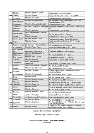 35
São Luís Microlins São Luis-Centro Rua Osvaldo Cruz,121 - Centro
Caxias Microlins Caxias Rua Aarão Reis,750 - Centro - 1º ANDARMA
Imperatriz Microlins Imperatriz Rua Pernambuco, 897 - Centro
Belo Horizonte
Microlins BH-Barro Preto Av. Amazonas, 1464 - Barro Preto - Esq. com
Rua Guajajaras, 1413
Divinópolis Microlins Divinópolis-Centro II Rua Pernambuco,339 - Centro
Governador
Valadares
Microlins Governador Valadares Rua Marechal Floriano,794 - Centro - Salas 102 E
107
Ipatinga Microlins Ipatinga Rua Diamantina, 29 - Centro
Juiz de Fora
SOS Computadores - Juiz de
Fora Av. Rio Branco - 1718 - Centro
Lavras Microlins Lavras Rua Francisco Sales, 102 - Centro
Montes Claros Microlins Montes Claros Rua Coronel Joaquim Costa,380 - Centro
Passos
Microlins Passos Rua Coronel Neca Medeiros, 227-A - Centro -
Prédio
Patos de Minas Bit Company - Patos de Minas Av. Getúlio Vargas, 577 - Centro
Pouso Alegre Microlins Pouso Alegre Rua Coronel Otavio Meier,39 - Centro
São João Del
Rei Comp Mark Informática Rua Marechal Deodoro, 75 - Centro
São Sebastião
do Paraíso
Microlins São Sebastião do
Paraiso Av. Angelo Calafiori, 344 - Centro
Sete Lagoas Microlins Sete Lagoas Rua Floriano Peixoto, 47 - Centro
Uberaba Microlins Uberaba Rua Tristão de Castro, 180 - Centro
Uberlândia
SOS Computadores -
Uberlândia Rua Tenente Virmondes - 469 - Centro
MG
Varginha SOS Computadores - Varginha Av. São José, 197 - Centro
Cuiabá Microlins Cuiabá-Centro Av. Getulio Vargas,1055 - Centro
Cáceres
Microlins Cáceres Rua Dr. Sabino Vieira, S/N - Centro - Antigo
predio da CEMAT
Rondonópolis Microlins Rondonópolis Av. Bandeirantes, 1439 - Centro
MT
Sinop Microlins Sinop Av. das Itaúbas, 3398 - Centro
Belém Microlins Belém-Umarizal Av. Alcindo Cacela, 829 - Umarizal
Altamira Microlins Altamira Travessa Pedro Gomes, 650 - Praça do Góes
Castanhal Microlins Castanhal Av. Maximino Porpino da Silva,1417 - Centro
Marabá Microlins Marabá Folha 32 Quadra 2 Lote 4 - Nova Marabá - Altos
PA
Santarém Microlins Santarém Av. Rui Barbosa, 500 - Centro
Teresina Microlins Teresina-Centro Av. Frei Serafim, 2138 - Centro
PI
Picos Janildo Informática Rua Zuza Nunes, 35 - Centro
Porto Velho On Byte Formação Profissional Rua José de Alencar, 3064 - Caiari
RO
Ji-Paraná Microlins Ji-Paraná Av. Brasil 622 Piso 1 - Nova Brasilia
RR Boa Vista
Microlins Boa Vista Av. Sebastião Diniz, 945 1 ANDAR - Centro - esq/
Rua José Magalhães
TO Palmas Microlins Palmas
Quadra 104 Sul Avenida Juscelino Kubitschek,
112 - Plano Diretor Sul - 1º Andar
Publique-se, registre-se e cumpra-se
Brasília, 28 de janeiro de 2011
Desembargador Federal OLINDO MENEZES
Presidente
 