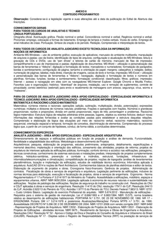 - 17 - 
ANEXO II 
CONTEÚDO PROGRAMÁTICO 
Observação: Considerar-se-á a legislação vigente e suas alterações até a data da publicação do Edital de Abertura das 
Inscrições. 
CONHECIMENTOS GERAIS 
PARA TODOS OS CARGOS DE ANALISTAS E TÉCNICO 
LÍNGUA PORTUGUESA 
Ortografia oficial. Acentuação gráfica. Flexão nominal e verbal. Concordância nominal e verbal. Regência nominal e verbal. 
Pronomes: emprego, colocação e formas de tratamento. Emprego de tempos e modos verbais. Vozes do verbo. Emprego do 
sinal indicativo de crase. Pontuação. Sintaxe da oração e do período. Redação. Compreensão e interpretação de textos. 
PARA TODOS OS CARGOS DE ANALISTA JUDICIÁRIO EXCETO TECNOLOGIA DA INFORMAÇÃO 
NOÇÕES DE INFORMÁTICA 
Ambiente MS-Windows – uso do ambiente gráfico; execução de aplicativos; manuseio do ambiente multitarefa; manipulação 
de arquivos e pastas; uso da lixeira; identificação de tipos de arquivos; configuração e atualização do MS-Windows; leitura e 
gravação de CDs e DVDs; uso de “pen drives” e leitores de cartão de memória; manuseio de filas de impressão; 
compartilhamento e uso de impressoras e pastas; digitalização de documentos; MS-Word – utilização e personalização das 
barras de ferramentas e “ribbons”; digitação e formatação de textos; marcadores e numeradores; formatação de parágrafos; 
bordas e sombreamento; configuração de página; tamanho e orientação do papel; margens; cabeçalhos e rodapés; estilos; 
numeração de páginas; tabelas; mala direta; inserção de imagens, caixas de texto e formas; impressão; MS-Excel – utilização 
e personalização das barras de ferramentas e “ribbons”; navegação, digitação e formatação de textos e números em 
planilhas; fórmulas; funções; bordas e sombreamento; formatação condicional; classificação; filtros; gráficos; impressão; 
Internet – acesso e navegação em sites com os navegadores MS-Internet Explorer. Google Chrome e Mozilla Firefox; 
Favoritos (uso e organização); histórico; “download” de arquivos; instalação, uso e remoção de suplementos; controle de 
privacidade; correio eletrônico (webmail) para envio e recebimento de mensagens com anexos; segurança; vírus, worms e 
“malwares”. 
PARA OS CARGOS DE ANALISTA JUDICIÁRIO ÁREA APOIO ESPECIALIZADO - ESPECIALIDADE INFORMÁTICA E 
TÉCNICO JUDICIÁRIO ÁREA APOIO ESPECIALIZADO - ESPECIALIDADE INFORMÁTICA 
MATEMÁTICA E RACIOCÍNIO LÓGICO-MATEMÁTICO 
Matemática: números inteiros e racionais: operações (adição, subtração, multiplicação, divisão, potenciação); expressões 
numéricas; múltiplos e divisores de números naturais; problemas. Frações e operações com frações. Números e grandezas 
proporcionais: razões e proporções; divisão em partes proporcionais; regra de três; porcentagem e problemas. Raciocínio 
lógico-matemático: Estrutura lógica de relações arbitrárias entre pessoas, lugares, objetos ou eventos fictícios; deduzir novas 
informações das relações fornecidas e avaliar as condições usadas para estabelecer a estrutura daquelas relações. 
Compreensão e elaboração da lógica das situações por meio de: raciocínio verbal, raciocínio matemático, raciocínio 
sequencial, orientação espacial e temporal, formação de conceitos, discriminação de elementos. Compreensão do processo 
lógico que, a partir de um conjunto de hipóteses, conduz, de forma válida, a conclusões determinadas. 
CONHECIMENTOS ESPECÍFICOS 
ANALISTA JUDICIÁRIO – ÁREA APOIO ESPECIALIZADO - ESPECIALIDADE ARQUITETURA 
Dimensionamento de espaços e edificações públicas em função de projeção e análise de demanda. Funcionalidade, 
flexibilidade e adaptabilidade dos edifícios. Metodologia e desenvolvimento de Projetos 
Arquitetônicos: pesquisa, elaboração de programas, estudos preliminares, anteprojetos, detalhamento, especificações e 
memorial descritivo; implantação e orientação dos edifícios, zoneamento das atividades; projetos de reforma; projetos de 
arquitetura de interiores aplicada às edificações públicas; iluminação; conforto térmico e acústico nas edificações; paisagismo; 
técnicas construtivas; conhecimento de sistemas estruturais e instalações prediais; interpretação de projetos complementares 
(elétrica, hidráulico-sanitárias, prevenção e combate a incêndios, estrutural, fundações, infraestrutura de 
informática/telecomunicações e climatização); compatibilização de projetos; noções de topografia (análise de levantamentos 
planialtimétricos, locação e implantação da edificação); estudos de viabilidade técnico econômica; Informática aplicada à 
arquitetura: AutoCAD 2014 e noções de Revit Architecture. Conhecimentos básicos de planilhas eletrônicas e editor de textos. 
Elaboração de orçamento de projetos e obras. Cronograma físico-financeiro. Gerência de projetos. Administração de 
contratos. Fiscalização de obras e serviços de engenharia e arquitetura. Legislação pertinente às edificações, inclusive às 
normas técnicas para elaboração, execução e fiscalização de projetos, obras e serviços de engenharia. Ergonomia - Norma 
Regulamentadora nº 17 e Portaria nº 3.214/1977 do Ministério do Trabalho. Acessibilidade a edificações, mobiliário, espaços e 
equipamentos urbanos, ABNT NBR 9050:2004. Legislação aplicada à economia de recursos naturais e sustentabilidade nas 
edificações. Noções de patologia das edificações. Noções de segurança do trabalho na construção civil. Resoluções do CNJ 
e CSJT aplicadas à obras e serviços de engenharia. Resolução 114/10 do CNJ; resolução 179/11 do CJF; Resolução 244/13 
do CJF; Acórdão 2.622/13 do Plenário do TCU; Acórdão 1.977/13 do Plenário do TCU; Decreto Federal 7.983/13. NBR 12721 
– Custo Unitário Básico. Legislação do exercício Profissional do arquiteto. NBR 5.674:2012 - Manutenção de edificações - 
Requisitos para o sistema de gestão de manutenção. Lei nº 8.666/1993 e nº 8.883/1994. NBR 15.575, norma brasileira 
relativa ao desempenho de edificações habitacionais. PORTARIA N.º 3.751, DE 23 DE NOVEMBRO DE 1990. NR 17 – 
ERGONOMIA Portaria GM n.º 3.214:1978 e posteriores Atualizações/Alterações/ Portaria MTPS n.º 3.751, de 1990. 
Acessibilidade DECRETO Nº 5.296 DE 2 DE DEZEMBRO DE 2004. NBR 12721:2006 com versão corrigida 2007. NBR 6492 
- Representação de Projetos de Arquitetura. NBR 13532 - Elaboração de Projetos de Arquitetura. NBR 13531 - Elaboração de 
Projetos de Edificações - atividades técnicas. NBR 5675 - Recebimento de Serviços e Obras de Engenharia e Arquitetura. 
Resoluções CAU: Resolução N° 52 - Aprova o Código de Ética e Disciplina do Conselho de Arquitetura e Urbanismo do Brasil 
(CAU/BR). Resolução Nº 17 - Dispões sobre o Registro de Responsabilidade Técnica (RRT) na prestação de serviços de 
 