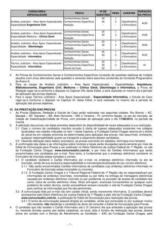 - 7 - 
CARGO/ÁREA/ 
ESPECIALIDADE 
PROVA 
Nº DE 
QUESTÕES 
PESO CARÁTER 
DURAÇÃO 
DA PROVA 
Analista Judiciário - Área Apoio Especializado - 
Especialidade Engenharia Civil 
Conhecimentos Gerais 
Conhecimentos Específicos 
Redação 
20 
40 
- 
1 
3 
- 
Classificatório 
e Eliminatório 
4h30 
Analista Judiciário – Área Apoio Especializado - 
Especialidade Medicina – Clínica Geral 
Conhecimentos Gerais 
Conhecimentos Específicos 
Redação 
20 
40 
- 
1 
3 
- 
Classificatório 
e Eliminatório 
4h30 
Analista Judiciário Área Apoio Especializado - 
Especialidade - Odontologia 
Conhecimentos Gerais 
Conhecimentos Específicos 
Redação 
20 
40 
- 
1 
3 
- 
Classificatório 
e Eliminatório 
4h30 
Analista Judiciário - Área Apoio Especializado – 
Especialidade - Informática 
Conhecimentos Gerais 
Conhecimentos Específicos 
Redação 
20 
40 
- 
1 
3 
- 
Classificatório 
e Eliminatório 
4h30 
Técnico Judiciário - Área Apoio Especializado – 
Especialidade - Informática 
Conhecimentos Gerais 
Conhecimentos Específicos 
Estudo de Caso 
20 
30 
02 
1 
2 
- 
Classificatório 
e Eliminatório 
4h 
2. As Provas de Conhecimentos Gerais e Conhecimentos Específicos constarão de questões objetivas de múltipla 
escolha (com cinco alternativas cada questão) e versarão sobre assuntos constantes do Conteúdo Programático 
do Anexo II. 
3. Para os cargos de Analista Judiciário – Área Apoio Especializado – Especialidades: Arquitetura, 
Biblioteconomia, Engenharia Civil, Medicina – Clínica Geral, Odontologia e Informática, a Prova de 
Redação reger-se-á conforme o disposto no Capítulo VIII, deste Edital, e será realizada no mesmo dia e período 
de aplicação das provas objetivas. 
4. Para o cargo Técnico Judiciário - Área Apoio Especializado - Especialidade Informática, o Estudo de Caso 
reger-se-á conforme o disposto no Capítulo IX, deste Edital, e será realizada no mesmo dia e período de 
aplicação das provas objetivas. 
VI. DA PRESTAÇÃO DAS PROVAS 
1. As Provas Objetivas, Redação e Estudo de Caso serão realizadas nas seguintes cidades: Rio Branco – AC, 
Macapá – AP, Salvador – BA, Belo Horizonte – MG e Teresina - PI, conforme Opção, no ato da inscrição, de 
Cidade de Classificação/Cidade de Prova, com previsão de aplicação para o dia 17/08/2014, no período da 
manhã. 
2. A aplicação das provas nas datas previstas dependerá da disponibilidade de locais adequados à sua realização. 
2.1 Caso o número de candidatos inscritos exceda à oferta de lugares adequados existentes nos colégios 
localizados nas cidades indicadas no item 1 deste Capítulo, a Fundação Carlos Chagas reserva-se o direito 
de alocá-los em cidades próximas às determinadas para aplicação das provas, não assumindo, entretanto, 
qualquer responsabilidade quanto ao transporte e alojamento desses candidatos. 
2.2 Havendo alteração da(s) data(s) prevista(s), as provas ocorrerão em sábados, domingos e/ou feriados. 
3. A confirmação das datas e as informações sobre horários e locais serão divulgadas oportunamente por meio de 
Edital de Convocação para Provas a ser publicado no Diário Eletrônico da Justiça Federal da 1ª Região, no site 
da Fundação Carlos Chagas: www.concursosfcc.com.br, e por meio de Cartões Informativos que serão 
encaminhados aos candidatos por e-mail. Para tanto, é fundamental que o endereço eletrônico constante no 
Formulário de Inscrição esteja completo e correto. 
3.1 O candidato receberá o Cartão Informativo por e-mail, no endereço eletrônico informado no ato da 
inscrição, sendo de sua exclusiva responsabilidade a manutenção/atualização de seu correio eletrônico. 
3.1.1 Não serão encaminhados Cartões Informativos de candidatos cujo endereço eletrônico informado no 
Formulário de Inscrição esteja incompleto ou incorreto. 
3.1.2 A Fundação Carlos Chagas e o Tribunal Regional Federal da 1ª Região não se responsabilizam por 
informações de endereço incorretas, incompletas ou por falha na entrega de mensagens eletrônicas 
causada por endereço eletrônico incorreto ou por problemas no provedor de acesso do candidato tais 
como: caixa de correio eletrônico cheia, filtros anti-spam, eventuais truncamentos ou qualquer outro 
problema de ordem técnica, sendo aconselhável sempre consultar o site da Fundação Carlos Chagas 
para verificar as informações que lhe são pertinentes. 
3.2 A comunicação feita por e-mail não tem caráter oficial, sendo meramente informativa. O candidato deverá 
acompanhar pelo Diário Eletrônico da Justiça Federal da 1ª Região e pelo site da Fundação Carlos Chagas: 
www.concursosfcc.com.br, a publicação do Edital de Convocação para realização das provas. 
3.2.1 O envio de comunicação pessoal dirigida ao candidato, ainda que extraviada ou por qualquer motivo 
não recebida, não desobriga o candidato do dever de consultar o Edital de Convocação para Provas. 
4. O candidato que não receber o Cartão Informativo até o 3º (terceiro) dia que antecede a aplicação das provas 
ou, havendo dúvidas quanto aos dados cadastrais, ao local, data e horário de realização das provas, deverá 
entrar em contato com o Serviço de Atendimento ao Candidato – SAC da Fundação Carlos Chagas, pelo 
 