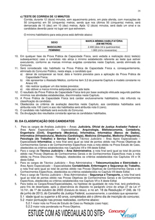 19
c) TESTE DE CORRIDA DE 12 MINUTOS
Corrida, durante 12 (doze) minutos, sem aquecimento prévio, em pista aferida, com marcações de
50 (cinquenta) em 50 (cinquenta) metros, sendo que nos últimos 50 (cinquenta) metros, será
demarcada de 10 (dez) em 10 (dez) metros. Após 12 (doze) minutos, será dado um sinal e os
candidatos deverão parar no lugar em que estiverem.
O mínimo habilitatório para esta prova está definido abaixo:
SEXO
MASCULINO
FEMININO

MARCA MÍNIMA HABILITATÓRIA
(EM METROS)
2.400 (dois mil e quatrocentos)
1.900 (mil e novecentos)

10. Em qualquer fase da Prova Prática de Capacidade Física, será vedada a realização do(s) teste(s)
subsequente(s) caso o candidato não atinja o mínimo estabelecido referente ao teste que estiver
executando, conforme as marcas mínimas exigidas constantes neste Capítulo, sendo eliminado do
Concurso.
11. Será considerado não habilitado na Prova Prática de Capacidade Física e, consequentemente,
eliminado do Concurso Público, nesta etapa, o candidato que:
a) deixar de comparecer ao local, data e horário previstos para a aplicação da Prova Prática de
Capacidade Física;
b) não apresentar o Atestado Médico, conforme item 3.2 do presente Capítulo e modelo constante no
Anexo VII.
d) não realizar qualquer um dos testes previstos;
e) não obtiver a marca mínima estipulada para cada teste.
12. O resultado da Prova Prática de Capacidade Física terá por base avaliação efetuada segundo padrões
mínimos nas atividades estabelecidas, discriminados neste Capítulo.
13. A Prova Prática de Capacidade Física terá caráter exclusivamente habilitatório, não influindo na
classificação do candidato.
14. Obedecidos os critérios de avaliação descritos neste Capítulo, aos candidatos habilitados será
atribuída nota 100 (cem) e aos não habilitados será atribuída nota 0 (zero).
15. O candidato não habilitado será excluído do Concurso.
16. Da divulgação dos resultados constarão apenas os candidatos habilitados.

XI. DA CLASSIFICAÇÃO DOS CANDIDATOS
1.

2.

3.

4.
5.

Para os cargos de Analista Judiciário – Áreas: Judiciária, Oficial de Justiça Avaliador Federal e
Área Apoio Especializado – Especialidades: Arquivologia, Biblioteconomia, Contadoria,
Engenharia (Civil), Engenharia (Mecânica), Informática, Informática (Banco de Dados),
Informática (Infraestrutura), Medicina (Cardiologia), Medicina (Ortopedia), Medicina (Psiquiatria),
Psicologia (do Trabalho) e Serviço Social e Técnico Judiciário – Área Apoio Especializado –
Especialidade Informática, a nota final será igual ao total de pontos obtido nas Provas Objetivas de
Conhecimentos Gerais e de Conhecimentos Específicos mais a nota obtida na Prova Estudo de Caso,
obedecidos os critérios estabelecidos nos Capítulos VII e VIII deste Edital.
Para o cargo de Técnico Judiciário – Área Administrativa, a nota final será igual ao total de pontos
obtido nas Provas Objetivas de Conhecimentos Gerais e de Conhecimentos Específicos mais a nota
obtida na Prova Discursiva - Redação, obedecidos os critérios estabelecidos nos Capítulos VII e IX
deste Edital.
Para os cargos de Técnico Judiciário – Área Administrativa – Telecomunicações e Eletricidade e
Área Apoio Especializado – Especialidades Contabilidade, Enfermagem e Segurança do Trabalho,
a nota final será igual ao total de pontos obtido nas Provas Objetivas de Conhecimentos Gerais e de
Conhecimentos Específicos, obedecidos os critérios estabelecidos no Capítulo VII deste Edital.
Para o cargo de Técnico Judiciário – Área Administrativa – Segurança e Transporte, a nota final será
igual ao total de pontos obtido nas Provas Objetivas de Conhecimentos Gerais e de Conhecimentos
Específicos, obedecidos os critérios estabelecidos nos Capítulo VII e X deste Edital.
Para todos os Cargos/Áreas/Especialidades, na hipótese de igualdade de nota final, terá preferência,
para fins de desempate, após a observância do disposto no parágrafo único do artigo 27 da Lei nº
10.741, de 1º de outubro de 2003 (Estatuto do Idoso), e no art. 18 da Resolução nº 246, de 13
de junho de 2013, do Conselho da Justiça Federal, sucessivamente, o candidato que apresentar:

5.1 idade igual ou superior a 60 anos, completados até o último dia de inscrição do concurso;
5.2 maior pontuação nas provas realizadas, conforme abaixo:
5.2.1 maior nota na Prova de Estudo de Caso ou Redação (caso haja);
5.2.2 maior nota ponderada na Prova Objetiva.

ESTUDE COM AS VIDEOAULAS DO SITE>

 