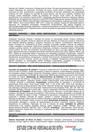 39
Ministério do Trabalho. Orçamento e Planejamento de Obras: Princípios de planejamento e de orçamento
público. Elaboração de orçamentos. Formação de preços; Custos diretos e indiretos; Fluxograma do
orçamento da obra; Levantamento e preparação da planilha de serviços; Elaboração das composições
analíticas de custo; Pesquisa de mercado de preços básicos, mão de obra, materiais; Incidência dos
encargos sociais trabalhistas; Análise de propostas de serviços; Custo horário de utilização de
equipamentos e de transporte; Cálculo do BDI - metodologia aplicada aos benefícios e despesas indiretas;
Elaboração do cronograma físico-financeiro e rede PERT-CPM e diagramas de recursos; Montagem final de
orçamento de obra; SINAPI; Gerenciamento e fiscalização de obras públicas. Avaliação de imóveis urbanos:
NBR 14653-2. Custo Unitário Básico: NBR 12721. Laudos de avaliação. Noções de eletricidade básica e
segurança em instalações energizadas. Planejamento socioambiental: A3p agenda ambiental na
administração pública (licitações sustentáveis). Conhecimentos básicos em AutoCAD e Project. NBR 5.674 Manutenção de edificações - Requisitos para o sistema de gestão de manutenção. Certificações Procel para
edificações públicas.
ANALISTA JUDICIÁRIO – ÁREA APOIO ESPECIALIZADO – ESPECIALIDADE ENGENHARIA
(MECÂNICA)
Instalações hidráulicas. Motores e bombas de serviço na manutenção predial. Ensaios mecânicos.
Instrumentação. Vibrações mecânicas. Máquinas térmicas. Materiais de construção mecânica. Resistência
dos materiais. Mecânica aplicada a máquinas. Elementos de máquina. Termodinâmica. Mecânica dos
fluidos. Princípios de Transferência de Calor: condução, convecção, radiação. Técnicas de soldagem.
Projeto, instalação e manutenção. Sistemas de transportes vertical e horizontal (elevadores, monta-cargas,
escadas e esteiras rolantes). Ar condicionado, refrigeração, ventilação e exaustão mecânica. Refrigeração
central: chillers, fan coils, self containeds, termoacumulação por gelo e por água gelada, trocadores de
placa. Máquinas térmicas e instalações pertinentes (sistemas de aquecimento solar, caldeiras, elétrico, gás
GLP). Noções de eletricidade básica e segurança em instalações energizada. Programação, controle e
acompanhamento de obras: Orçamento e composição de custos e BDI (Bonificação de Despesas Indiretas),
levantamento de quantitativos, planejamento e controle físico-financeiro. Acompanhamento, fiscalização e
aplicação de recursos (vistorias, controle de materiais e medições). Planejamento socioambiental: A3P
agenda ambiental na administração pública (licitações sustentáveis). Licitações e Contratos da
Administração Pública (Lei n.º 8.666/1993 e suas alterações). Noções de AUTOCAD.
ANALISTA JUDICIÁRIO - ÁREA APOIO ESPECIALIZADO – ESPECIALIDADE INFORMÁTICA
Conceitos de engenharia de software: Processo de desenvolvimento de software. Metodologias ágeis.
Ciclos de vida do software. Análise de requisitos. Projeto de interfaces. Unified Modeling Language (UML)
em orientação a objetos (notações, diagramas). Orientação a objetos: conceitos fundamentais, princípios de
concepção e programação, reutilização de componentes. Métricas para estimativa de prazo e custo (análise
de pontos de função). Metodologia de Desenvolvimento de Sistemas: Ciclo de vida e fases do
desenvolvimento de sistemas. Fundamentos. Características principais. Fluxos de gerência de projetos.
Modelagem de negócios . Requisitos. Análise e projeto. Implementação. Teste. Gerência de configuração e
mudança. Ambiente e implantação. Programação: Conhecimentos de linguagens e ferramentas de
programação (Visual Basic, Visual Studio, Delphi, PHP, C, C#, HTML, XML, JAVA) Com orientação a
objetos. Arcabouços de desenvolvimento (.Net, Entity, Hibernate, NHibernate). Noções básicas do protocolo
http. Aplicação e utilização de servidores Web. Desenvolvimento de aplicações HTML, JSP, JSF, ASP .Net.
Conceitos, definição, utilização e escrita XML – criação e declaração, definições de elementos e atributos.
Fundamentos da linguagem: Sintaxe básica. Palavras-chave. Estrutura e construções básicas de um
programa. Compilação e execução de programas. Tipos primitivos de dados. Declaração e inicialização de
variáveis. Utilização de literais e strings. Categorias de operadores e precedência. Controle de fluxo de
programas e repetição. Definição de classes, métodos e variáveis. Utilização de encapsulamento.
Utilização de packages. Sobrecarga de métodos. Utilização e implementação de bibliotecas e componentes.
Administração de exceções. Acesso a banco de dados. Manutenção de Sistemas: Questões práticas de
compreensão, abordagem e solução de implementações de rotinas. Programas. Arquivos. Relatórios.
Diagnósticos de problemas. Depuração de erros e métodos de testes. Qualidade do software:
Conhecimento dos modelos Capability Maturity Model Integration (CMMI). Métodos Ágeis de
Desenvolvimento (SCRUM), NBR-ISO 12207 e MPS.BR. Arquitetura: Multi-camadas. Cliente-servidor.
Objetos distribuídos. Padrão MVC. Conceitos e fundamentos de SOA - Arquitetura orientada a serviços.
SOAP 77 WSDL.
ANALISTA JUDICIÁRIO - ÁREA APOIO ESPECIALIZADO – ESPECIALIDADE INFORMÁTICA (BANCO
DE DADOS)
Sistema Gerenciador de Banco de Dados: Fundamentos. Instalação, administração e configuração.
Esquema, campos, registros, índices, relacionamentos, triggers, storedprocedures. Normalização de dados:

ESTUDE COM AS VIDEOAULAS DO SITE>

 