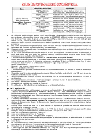 ESTUDE COM AS VÍDEO-AULAS DO CONCURSO VIRTUAL
                   Cargo                 Estado de Classificação                        Convocação
                                            SEÇÃO JUDICIÁRIA          Habilitados nas provas objetivas e mais bem
                                              PERNAMBUCO              classificados até a 200ª (ducentésima) posição.
                                            SEÇÃO JUDICIÁRIA          Habilitados nas provas objetivas e mais bem
                                                CEARÁ                 classificados até a 200ª (ducentésima) posição.
            Técnico Judiciário              SEÇÃO JUDICIÁRIA          Habilitados nas provas objetivas e mais bem
            Área Administrativa                 PARAÍBA               classificados até a 100ª (centésima) posição.
         Especialidade Segurança            SEÇÃO JUDICIÁRIA          Habilitados nas provas objetivas e mais bem
               e Transporte               RIO GRANDE DO NORTE         classificados até a 100ª (centésima) posição.
                                            SEÇÃO JUDICIÁRIA          Habilitados nas provas objetivas e mais bem
                                               ALAGOAS                classificados até a 100ª (centésima) posição.
                                            SEÇÃO JUDICIÁRIA          Habilitados nas provas objetivas e mais bem
                                                SERGIPE               classificados até a 100ª (centésima) posição.

3.    Os candidatos convocados para a Prova Prática de Capacidade Física deverão apresentar-se com roupa apropriada
      para ginástica e calçando tênis. Deverão estar munidos de ATESTADO MÉDICO, emitidos com no máximo 5 (cinco)
      dias de antecedência à data da prova e, inclusive, que certifique, especificamente, que o candidato está apto para
      realizar ESFORÇO FÍSICO, conforme descrito neste capítulo.
3.1   O Atestado Médico, conforme modelo disposto no Anexo IV deste Edital, deverá conter assinatura, carimbo e CRM do
      profissional.
3.2   Não haverá repetição na execução da corrida, exceto nos casos em que a ocorrência de fatores de ordem técnica, não
      provocados pelo candidato, tenham prejudicado o seu desempenho.
3.3   O aquecimento e a preparação para a prova são de responsabilidade do próprio candidato, não podendo interferir no
      andamento do concurso.
3.4   Se, por razões decorrentes das condições climáticas, a Prova de Capacidade Física for cancelada ou interrompida, a
      prova será adiada, para nova data a ser divulgada, devendo o candidato realizar todos os testes, desde o início,
      desprezando-se os resultados até então obtidos.
4.    A Prova Prática de Capacidade Física consistirá de Teste de Corrida de 12 (doze) minutos:
      Corrida, sem aquecimento prévio, de 12 minutos em pista aferida, com marcações de 50 (cinquenta) em 50 (cinquenta)
      metros, sendo que nos últimos 50 (cinquenta) metros, será marcada de 10 (dez) em 10 (dez) metros. Após 12 (doze)
      minutos, será dado um sinal e os candidatos deverão parar no lugar em que estiverem.
      Mínimo para aprovação:
      Homens – 2.400 (dois mil e quatrocentos ) metros.
      Mulheres – 2.000 (dois mil metros)
5.    A Prova Prática de Capacidade Física terá caráter exclusivamente habilitatório, não influindo na ordem de classificação
      dos candidatos.
6.    Obedecidos os critérios de avaliação descritos, aos candidatos habilitados será atribuída nota 100 (cem) e aos não
      habilitados será atribuída nota 0 (zero).
7.    Será considerado não habilitado na prova de capacidade física e, consequentemente, eliminado do processo, o
      candidato que:
7.1   Deixar de comparecer ao local, data e horário previstos para a aplicação da prova de Capacidade Física.
7.2   Não obtiver a marca mínima estipulada para o teste.
8.    O candidato não habilitado será excluído do Concurso.
9.    Da publicação, no Diário Eletrônico, constarão apenas os candidatos habilitados.

XII. DA CLASSIFICAÇÃO
1.    A nota final dos candidatos habilitados para os cargos de Analista Judiciário - Área Judiciária, Analista Judiciário – Área
      Judiciária - Especialidade Execução de Mandados e Analista Judiciário - Área Administrativa, será igual ao total de
      pontos obtidos nas provas objetivas de Conhecimentos Gerais e de Conhecimentos Específicos, obedecidos os critérios
      estabelecidos no Capítulo VIII deste Edital, mais a nota da Prova Discursiva - Redação, conforme o critério estabelecido
      no Capítulo IX deste Edital.
2.    A nota final dos candidatos habilitados para os cargos de Técnico Judiciário - Área Administrativa e Técnico Judiciário -
      Área Administrativa – Especialidade Segurança e Transporte será igual ao total de pontos obtidos nas provas
      objetivas de Conhecimentos Gerais e de Conhecimentos Específicos, obedecidos os critérios estabelecidos no Capítulo
      VIII deste Edital.
3.    Para os cargos citados nos itens 1 e 2 deste capítulo, na hipótese de igualdade de nota final serão utilizados,
      sucessivamente, os seguintes critérios:
3.1   idade igual ou superior a 60 anos, conforme a Lei nº 10.741/03 (Lei do Idoso), sendo considerada, para esse fim, a data
      limite para correção de dados cadastrais estabelecida no item 5.1, Capítulo VII deste Edital;
3.2   maior nota na prova de Conhecimentos Específicos;
3.3   maior número de acertos na Prova de Português;
3.4   maior nota na Prova Discursiva – Redação, quando for o caso;
3.5   comprovação de ter exercido efetivamente a função de jurado no período entre a data da publicação da Lei nº 11.689/08
      e a data de término das inscrições.
3.6   maior idade;
4.    Os candidatos habilitados serão classificados em ordem decrescente da nota final, em listas de Classificação Geral e de
      Candidatos com deficiência, por Código de Opção de Cargo/Área/Especialidade/Estado de Classificação.
5.    O resultado final do concurso será divulgado por meio de duas listas, contendo:
5.1   a classificação de todos os candidatos habilitados, por Código de Opção de Cargo/Área/Especialidade/Estado de
      Classificação, inclusive os inscritos como candidatos com deficiência;
                                                                                                                              13
 