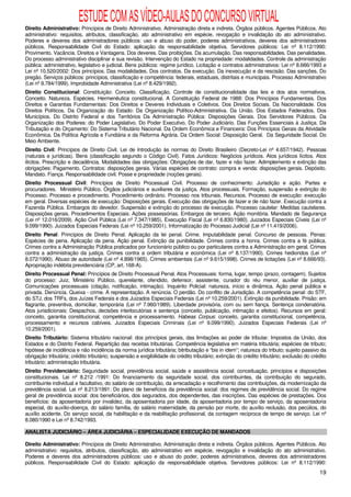 ESTUDE COM AS VÍDEO-AULAS DO CONCURSO VIRTUAL
Direito Administrativo: Princípios de Direito Administrativo. Administração direta e indireta. Órgãos públicos. Agentes Públicos. Ato
administrativo: requisitos, atributos, classificação, ato administrativo em espécie, revogação e invalidação do ato administrativo.
Poderes e deveres dos administradores públicos: uso e abuso do poder, poderes administrativos, deveres dos administradores
públicos. Responsabilidade Civil do Estado: aplicação da responsabilidade objetiva. Servidores públicos: Lei nº 8.112/1990:
Provimento. Vacância. Direitos e Vantagens. Dos deveres. Das proibições. Da acumulação. Das responsabilidades. Das penalidades.
Do processo administrativo disciplinar e sua revisão. Intervenção do Estado na propriedade: modalidades. Controle da administração
pública: administrativo, legislativo e judicial. Bens públicos: regime jurídico. Licitação e contratos administrativos: Lei nº 8.666/1993 e
Lei nº 10.520/2002: Dos princípios. Das modalidades. Dos contratos. Da execução. Da inexecução e da rescisão. Das sanções. Do
pregão. Serviços públicos: princípios, classificação e competência: federais, estaduais, distritais e municipais. Processo Administrativo
(Lei nº 9.784/1999). Improbidade Administrativa (Lei nº 8.429/1992).
Direito Constitucional: Constituição: Conceito. Classificação. Controle de constitucionalidade das leis e dos atos normativos.
Conceito. Natureza. Espécies. Hermenêutica constitucional. A Constituição Federal de 1988: Dos Princípios Fundamentais. Dos
Direitos e Garantias Fundamentais: Dos Direitos e Deveres Individuais e Coletivos. Dos Direitos Sociais. Da Nacionalidade. Dos
Direitos Políticos. Da Organização do Estado: Da Organização Político-Administrativa. Da União. Dos Estados Federados. Dos
Municípios. Do Distrito Federal e dos Territórios Da Administração Pública: Disposições Gerais. Dos Servidores Públicos. Da
Organização dos Poderes: do Poder Legislativo. Do Poder Executivo. Do Poder Judiciário. Das Funções Essenciais à Justiça. Da
Tributação e do Orçamento: Do Sistema Tributário Nacional. Da Ordem Econômica e Financeira: Dos Princípios Gerais da Atividade
Econômica. Da Política Agrícola e Fundiária e da Reforma Agrária. Da Ordem Social: Disposição Geral. Da Seguridade Social. Do
Meio Ambiente.
Direito Civil: Princípios de Direito Civil. Lei de Introdução às normas do Direito Brasileiro (Decreto-Lei nº 4.657/1942). Pessoas
(naturais e jurídicas). Bens (classificação segundo o Código Civil). Fatos Jurídicos: Negócios jurídicos. Atos jurídicos lícitos. Atos
ilícitos. Prescrição e decadência. Modalidades das obrigações: Obrigações de dar, fazer e não fazer. Adimplemento e extinção das
obrigações: Pagamento. Contratos: disposições gerais. Várias espécies de contrato: compra e venda: disposições gerais. Depósito.
Mandato. Fiança. Responsabilidade civil. Posse e propriedade (noções gerais).
Direito Processual Civil: Princípios de Direito Processual Civil. Processo de conhecimento: Jurisdição e ação. Partes e
procuradores. Ministério Público. Órgãos judiciários e auxiliares da justiça. Atos processuais. Formação, suspensão e extinção do
Processo. Processo e procedimento. Procedimento ordinário. Processo nos tribunais. Recursos. Processo de execução: execução
em geral. Diversas espécies de execução: Disposições gerais. Execução das obrigações de fazer e de não fazer. Execução contra a
Fazenda Pública. Embargos do devedor. Suspensão e extinção do processo de execução. Processo cautelar: Medidas cautelares.
Disposições gerais. Procedimentos Especiais: Ações possessórias. Embargos de terceiro. Ação monitória. Mandado de Segurança
(Lei nº 12.016/2009). Ação Civil Pública (Lei nº 7.347/1985). Execução Fiscal (Lei nº 6.830/1980). Juizados Especiais Cíveis (Lei nº
9.099/1990). Juizados Especiais Federais (Lei nº 10.259/2001). Informatização do Processo Judicial (Lei nº 11.419/2006).
Direito Penal: Princípios de Direito Penal. Aplicação da lei penal. Crime. Imputabilidade penal. Concurso de pessoas. Penas:
Espécies de pena. Aplicação da pena. Ação penal. Extinção da punibilidade. Crimes contra a honra. Crimes contra a fé pública.
Crimes contra a Administração Pública praticados por funcionário público ou por particulares contra a Administração em geral. Crimes
contra a administração da justiça. Crimes contra a ordem tributária e econômica (Lei nº 8.137/1990). Crimes hediondos (Lei nº
8.072/1990). Abuso de autoridade (Lei nº 4.898/1965). Crimes ambientais (Lei nº 9.615/1998). Crimes de licitações (Lei nº 8.666/93).
Apropriação indébita previdenciária (CP, art. 168-A).
Direito Processual Penal: Princípios de Direito Processual Penal. Atos Processuais: forma, lugar, tempo (prazo, contagem). Sujeitos
do processo: Juiz, Ministério Público, querelante, ofendido, defensor, assistente, curador do réu menor, auxiliar de justiça.
Comunicações processuais (citação, notificação, intimação). Inquérito Policial: natureza, início e dinâmica. Ação penal pública e
privada. Denúncia. Queixa - crime. A representação. A renúncia. O perdão. Do conflito de Jurisdição. A competência penal: do STF,
do STJ, dos TRFs, dos Juízes Federais e dos Juizados Especiais Federais (Lei nº 10.259/2001). Extinção da punibilidade. Prisão: em
flagrante, preventiva, domiciliar, temporária (Lei nº 7.960/1989). Liberdade provisória, com ou sem fiança. Sentença condenatória.
Atos jurisdicionais: Despachos, decisões interlocutórias e sentença (conceito, publicação, intimação e efeitos). Recursos em geral:
conceito, garantia constitucional, competência e processamento. Habeas Corpus: conceito, garantia constitucional, competência,
processamento e recursos cabíveis. Juizados Especiais Criminais (Lei nº 9.099/1990). Juizados Especiais Federais (Lei nº
10.259/2001).
Direito Tributário: Sistema tributário nacional: dos princípios gerais, das limitações ao poder de tributar. Impostos da União, dos
Estados e do Distrito Federal. Repartição das receitas tributárias. Competência legislativa em matéria tributária; espécies de tributo;
hipótese de incidência e não incidência da norma jurídica tributária; bitributação e “bis in idem”; natureza do tributo; sujeito passivo da
obrigação tributária; crédito tributário; suspensão e exigibilidade do crédito tributário; extinção do crédito tributário; exclusão do crédito
tributário; administração tributária.
Direito Previdenciário: Seguridade social, previdência social, saúde e assistência social: conceituação, princípios e disposições
constitucionais. Lei nº 8.212 /1991: Do financiamento da seguridade social, dos contribuintes, da contribuição do segurado,
contribuinte individual e facultativo, do salário de contribuição, da arrecadação e recolhimento das contribuições, da modernização da
previdência social. Lei nº 8.213/1991: Do plano de benefícios da previdência social: dos regimes de previdência social. Do regime
geral de previdência social: dos beneficiários, dos segurados, dos dependentes, das inscrições. Das espécies de prestações. Dos
benefícios: da aposentadoria por invalidez, da aposentadoria por idade, da aposentadoria por tempo de serviço, da aposentadoria
especial, do auxílio-doença, do salário família, do salário maternidade, da pensão por morte, do auxílio reclusão, dos pecúlios, do
auxílio acidente. Do serviço social, da habilitação e da reabilitação profissional, da contagem recíproca de tempo de serviço. Lei nº
8.080/1990 e Lei nº 8.742/1993.

ANALISTA JUDICIÁRIO – ÁREA JUDICIÁRIA – ESPECIALIDADE EXECUÇÃO DE MANDADOS

Direito Administrativo: Princípios de Direito Administrativo. Administração direta e indireta. Órgãos públicos. Agentes Públicos. Ato
administrativo: requisitos, atributos, classificação, ato administrativo em espécie, revogação e invalidação do ato administrativo.
Poderes e deveres dos administradores públicos: uso e abuso do poder, poderes administrativos, deveres dos administradores
públicos. Responsabilidade Civil do Estado: aplicação da responsabilidade objetiva. Servidores públicos: Lei nº 8.112/1990:
                                                                                                                                          19
 