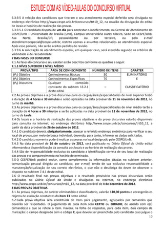 ESTUDE COM AS VÍDEO-AULAS DO CONCURSO VIRTUAL
6.3.9.5 A relação dos candidatos que tiveram o seu atendimento especial deferido será divulgada no
endereço eletrônico http://www.cespe.unb.br/concursos/trt10_12, na ocasião da divulgação do edital
de locais e horários de realização das provas.
6.3.9.5.1 O candidato disporá de um dia para contestar o indeferimento, na Central de Atendimento do
CESPE/UnB – Universidade de Brasília (UnB), Campus Universitário Darcy Ribeiro, Sede do CESPE/UnB,
Asa      Norte,     Brasília/DF;    pessoalmente       ou      por      terceiro,   ou     pelo    e-mail
atendimentoespecial@cespe.unb.br, restrito apenas a assuntos relacionados ao atendimento especial.
Após esse período, não serão aceitos pedidos de revisão.
6.3.9.6 A solicitação de atendimento especial, em qualquer caso, será atendida segundo os critérios de
viabilidade e de razoabilidade.
7 DAS FASES DO CONCURSO
7.1 As fases do concurso e seu caráter estão descritos conforme os quadros a seguir.
7.1.1 NÍVEL SUPERIOR E NÍVEL MÉDIO
        PROVA/TIPO            ÁREA DE CONHECIMENTO            NÚMERO DE ITENS             CARÁTER
 (P1) Objetiva               Conhecimentos Básicos                     50              ELIMINATÓRIO
 (P2) Objetiva               Conhecimentos Específicos                 70                     E
 (P3) Discursiva             Qualquer           conteúdo
                             constante do subitem 13.2.1                –             CLASSIFICATÓRIO
                             deste edital
7.2 As provas objetivas e a prova discursiva para os cargos/áreas/especialidades de nível superior terão
a duração de 4 horas e 30 minutos e serão aplicadas na data provável de 11 de novembro de 2012, no
turno da manhã.
7.3 As provas objetivas e a prova discursiva para os cargos/áreas/especialidades de nível médio terão a
duração de 4 horas e 30 minutos e serão aplicadas na data provável de 11 de novembro de 2012, no
turno da tarde.
7.4 Os locais e o horário de realização das provas objetivas e da prova discursiva estarão disponíveis
para consulta na Internet, no endereço eletrônico http://www.cespe.unb.br/concursos/trt10_12, a
partir da data provável de 26 de outubro de 2012.
7.4.1 O candidato deverá, obrigatoriamente, acessar o referido endereço eletrônico para verificar o seu
local de provas, por meio de busca individual, devendo, para tanto, informar os dados solicitados.
7.4.2 O candidato somente poderá realizar as provas no local designado pelo CESPE/UnB.
7.4.3 Na data provável de 26 de outubro de 2012, será publicado no Diário Oficial da União edital
informando a disponibilização da consulta aos locais e ao horário de realização das provas.
7.4.4 São de responsabilidade exclusiva do candidato a identificação correta de seu local de realização
das provas e o comparecimento no horário determinado.
7.5 O CESPE/UnB poderá enviar, como complemento às informações citadas no subitem anterior,
comunicação pessoal dirigida ao candidato, por e-mail, sendo de sua exclusiva responsabilidade a
manutenção/atualização de seu correio eletrônico, o que não o desobriga do dever de observar o
disposto no subitem 7.4.1 deste edital.
7.6 O resultado final nas provas objetivas e o resultado provisório nas provas discursivas serão
publicados no Diário Oficial da União e divulgados na Internet, no endereço eletrônico
http://www.cespe.unb.br/concursos/trt10_12, na data provável de 4 de dezembro de 2012.
8 DAS PROVAS OBJETIVAS
8.1 As provas objetivas, de caráter eliminatório e classificatório, valerão 120,00 pontos e abrangerão os
objetos de avaliação constantes do item 13 deste edital.
8.2 Cada prova objetiva será constituída de itens para julgamento, agrupados por comandos que
deverão ser respeitados. O julgamento de cada item será CERTO ou ERRADO, de acordo com o(s)
comando(s) a que se refere o item. Haverá, na folha de respostas, para cada item, dois campos de
marcação: o campo designado com o código C, que deverá ser preenchido pelo candidato caso julgue o
                                                                                                       10
 